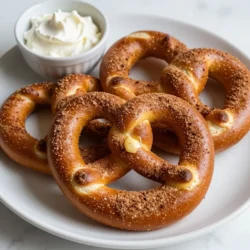 To make your cinnamon sugar pretzel knots, gather these items: - 1 ½ cups warm water (between 110°F and 115°F) - 2 tablespoons granulated sugar - 2 ¼ teaspoons active dry yeast - 4 cups all-purpose flour - 1 teaspoon salt - ½ cup baking soda - 1 large egg, beaten (for egg wash) - ½ cup unsalted butter, melted (for brushing) - ½ cup granulated sugar (for coating) - 2 teaspoons ground cinnamon (for coating) Accurate measuring is key for great results. Use dry measuring cups for flour and sugar. For liquids, use a liquid measuring cup. Always level off flour and sugar with a straight edge. If you have a kitchen scale, it helps to weigh flour for best accuracy. If you need to swap ingredients, here are some ideas: - For gluten-free pretzels, use a gluten-free flour blend. - If you run out of unsalted butter, use vegetable oil or margarine. - For a dairy-free option, substitute with coconut oil or a dairy-free butter alternative. These substitutions still give you tasty pretzel knots. Enjoy the fun of baking! {{ingredient_image_2}} To start, combine 1 ½ cups of warm water (110°F to 115°F), 2 tablespoons of sugar, and 2 ¼ teaspoons of active dry yeast in a large bowl. Stir gently. Let it sit for about 5 minutes. You want to see bubbles forming. This shows the yeast is alive and ready to work. Next, add 4 cups of all-purpose flour and 1 teaspoon of salt to the yeast mixture. Mix until a shaggy dough forms. Then, move the dough to a floured surface. Knead it for 5 to 7 minutes. The dough should feel smooth and elastic. This step is key for a good texture. After kneading, place the dough in a greased bowl. Cover it with a clean towel. Let it rise in a warm spot for about 1 hour. It should double in size. Once risen, punch it down to release air. Divide the dough into 12 pieces. Roll each piece into a long rope, about 24 inches. Shape each rope into a knot. Now, boil 10 cups of water with ½ cup of baking soda in a large pot. Carefully drop each knot into the boiling water for 30 seconds. Use a slotted spoon to take them out. Place the knots on a lined baking sheet, leaving space between them. Preheat your oven to 425°F. Brush the top of each knot with a beaten egg for a shiny finish. In a small bowl, mix ½ cup of sugar with 2 teaspoons of ground cinnamon. Sprinkle this mix over the knots. Bake them for 12 to 15 minutes. Look for a golden brown color. When done, brush the knots with melted butter for extra flavor. Enjoy your warm, sweet pretzel knots! To get that perfect chewy bite in your pretzel knots, focus on the boiling step. After you shape the knots, drop them into boiling water mixed with baking soda. This step helps create a chewy crust. Make sure the water is at a gentle boil. If it's too low, the knots won't cook right. If too high, they might fall apart. A 30-second dip is just right. To achieve a stunning glossy finish, use a simple egg wash. Beat one large egg and brush it over the tops of your pretzel knots before baking. This gives them a shiny look and helps the cinnamon sugar stick better. It also enhances the golden color as they bake. Don't skip this step if you want your knots to shine. If you have any leftover pretzel knots, store them properly to keep them fresh. Place them in an airtight container at room temperature. They’ll stay good for about two days. If you want to save them longer, freeze them. Wrap each knot tightly in plastic wrap and then place them in a freezer bag. When you're ready to eat them, just reheat them in the oven or microwave. Enjoy your tasty snack later! Pro Tips Use Fresh Yeast: Always check the expiration date on your yeast packet. Fresh yeast will rise better and give your pretzels the perfect texture. Knead Properly: Make sure to knead your dough until it’s smooth and elastic. This develops the gluten, which is essential for that chewy pretzel texture. Boiling is Key: Don’t skip the boiling step! This helps to create the signature chewy crust that pretzels are known for. Customize Toppings: Feel free to experiment with different toppings like coarse sea salt, chocolate sprinkles, or even a drizzle of caramel for a sweet twist! {{image_4}} You can make your pretzel knots even better by adding flavored cream cheese dips. I love mixing cream cheese with other flavors. For example, try mixing cream cheese with: - Maple syrup - Honey - Vanilla extract - Chopped fruit like strawberries or blueberries Blend these in a bowl until smooth. Serve your warm pretzel knots with these dips for extra fun! While cinnamon sugar is classic, you can switch it up. Here are some tasty ideas for different coatings: - Melted chocolate: Dip the pretzel knots in chocolate after baking. - Sprinkles: Add colorful sprinkles for a festive look. - Powdered sugar: Dust with powdered sugar for a sweet twist. - Spicy sugar: Mix sugar with cayenne for a spicy kick. Experiment with these coatings to find your favorite! Want to enjoy these pretzel knots gluten-free? You can! Use gluten-free flour in place of all-purpose flour. Just make sure it’s a 1:1 baking blend. Follow the rest of the recipe as usual. You’ll still get that chewy texture and a delicious flavor! To keep your cinnamon sugar pretzel knots fresh, store them in an airtight container. This helps maintain their soft texture and sweet flavor. You can leave them at room temperature for up to two days. For longer storage, move them to the fridge. Just remember, they may become slightly firmer after chilling. When you're ready to enjoy your pretzel knots again, simple reheating brings back their warmth. Preheat your oven to 350°F (175°C). Place the knots on a baking sheet and cover them loosely with foil to prevent over-browning. Heat for about 5-10 minutes until warm. This keeps them soft and tasty. If you want to save some pretzel knots for later, freezing is a great option. Allow them to cool completely first. Then, wrap each knot tightly in plastic wrap. Place them in a freezer-safe bag or container. They can last up to three months in the freezer. When you’re ready to eat, thaw them in the fridge overnight and follow the reheating instructions. Enjoy your delicious snack anytime! To make pretzels soft inside, you must boil them in a baking soda solution. This step is key. The baking soda reacts with the dough, creating a chewy texture. Boil each knot for about 30 seconds before baking. This quick dip helps achieve the perfect softness. Yes, you can prepare the dough ahead of time. After kneading, let it rise as usual. Then, cover it tightly and store it in the fridge. You can keep it there for up to 24 hours. When ready, let it come to room temperature before shaping and boiling. I love serving cinnamon sugar pretzel knots with a few tasty dips. Cream cheese is a great choice. You can also try sweet frosting for a fun twist. If you want something savory, a cheese dip works well too. These dips enhance the flavor and make the snack even more enjoyable. In this article, I shared how to make tasty pretzel knots from start to finish. We explored the key ingredients, measuring tips, and substitutions. The step-by-step instructions helped you activate yeast, knead the dough, and bake. I provided tips for a chewy texture and a glossy finish, plus ways to store and reheat your knots. I also shared fun variations, like dips and gluten-free options. Now, with these tips in hand, you can create your own perfect pretzel knots and enjoy them fresh. Happy baking!
