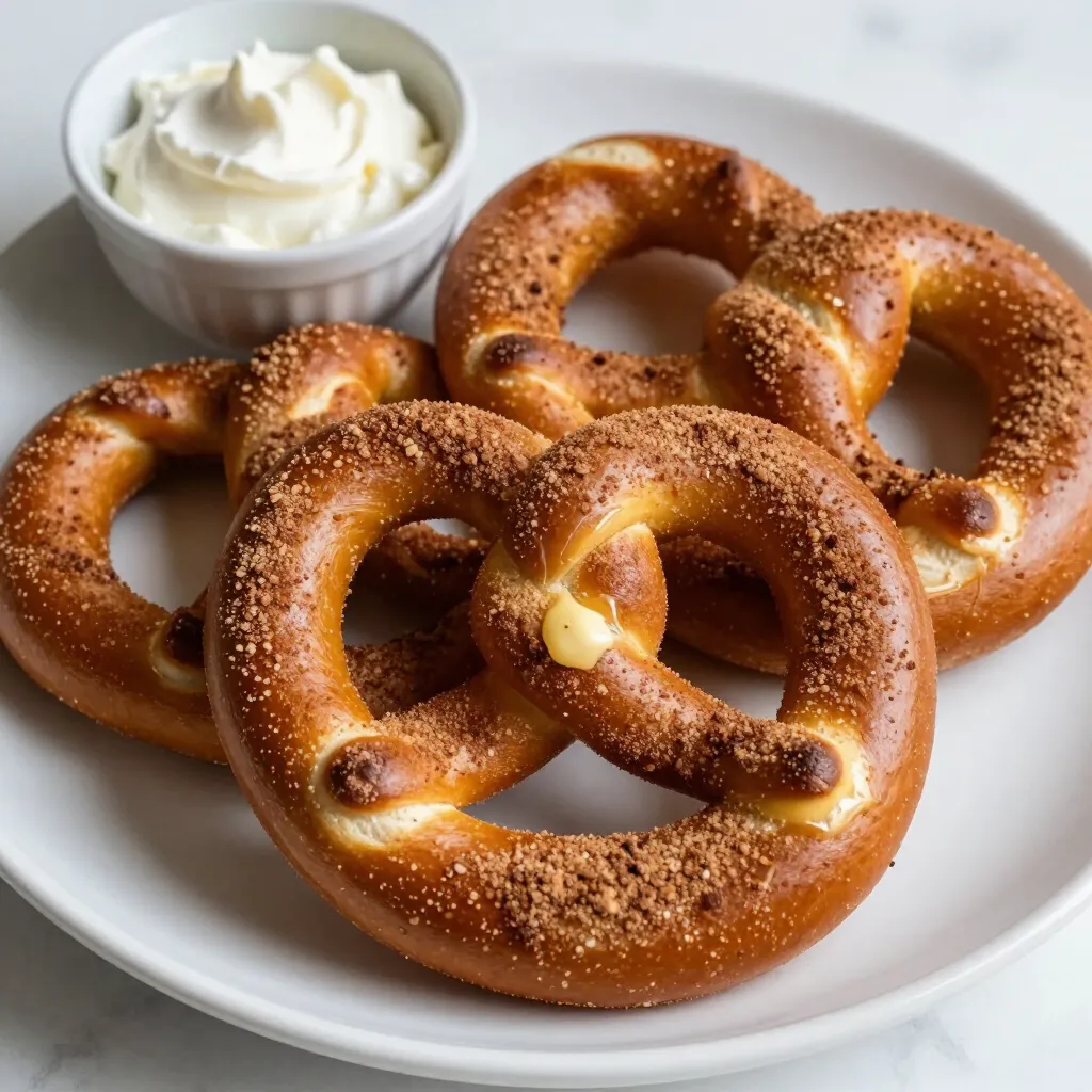 To make your cinnamon sugar pretzel knots, gather these items: - 1 ½ cups warm water (between 110°F and 115°F) - 2 tablespoons granulated sugar - 2 ¼ teaspoons active dry yeast - 4 cups all-purpose flour - 1 teaspoon salt - ½ cup baking soda - 1 large egg, beaten (for egg wash) - ½ cup unsalted butter, melted (for brushing) - ½ cup granulated sugar (for coating) - 2 teaspoons ground cinnamon (for coating) Accurate measuring is key for great results. Use dry measuring cups for flour and sugar. For liquids, use a liquid measuring cup. Always level off flour and sugar with a straight edge. If you have a kitchen scale, it helps to weigh flour for best accuracy. If you need to swap ingredients, here are some ideas: - For gluten-free pretzels, use a gluten-free flour blend. - If you run out of unsalted butter, use vegetable oil or margarine. - For a dairy-free option, substitute with coconut oil or a dairy-free butter alternative. These substitutions still give you tasty pretzel knots. Enjoy the fun of baking! {{ingredient_image_2}} To start, combine 1 ½ cups of warm water (110°F to 115°F), 2 tablespoons of sugar, and 2 ¼ teaspoons of active dry yeast in a large bowl. Stir gently. Let it sit for about 5 minutes. You want to see bubbles forming. This shows the yeast is alive and ready to work. Next, add 4 cups of all-purpose flour and 1 teaspoon of salt to the yeast mixture. Mix until a shaggy dough forms. Then, move the dough to a floured surface. Knead it for 5 to 7 minutes. The dough should feel smooth and elastic. This step is key for a good texture. After kneading, place the dough in a greased bowl. Cover it with a clean towel. Let it rise in a warm spot for about 1 hour. It should double in size. Once risen, punch it down to release air. Divide the dough into 12 pieces. Roll each piece into a long rope, about 24 inches. Shape each rope into a knot. Now, boil 10 cups of water with ½ cup of baking soda in a large pot. Carefully drop each knot into the boiling water for 30 seconds. Use a slotted spoon to take them out. Place the knots on a lined baking sheet, leaving space between them. Preheat your oven to 425°F. Brush the top of each knot with a beaten egg for a shiny finish. In a small bowl, mix ½ cup of sugar with 2 teaspoons of ground cinnamon. Sprinkle this mix over the knots. Bake them for 12 to 15 minutes. Look for a golden brown color. When done, brush the knots with melted butter for extra flavor. Enjoy your warm, sweet pretzel knots! To get that perfect chewy bite in your pretzel knots, focus on the boiling step. After you shape the knots, drop them into boiling water mixed with baking soda. This step helps create a chewy crust. Make sure the water is at a gentle boil. If it's too low, the knots won't cook right. If too high, they might fall apart. A 30-second dip is just right. To achieve a stunning glossy finish, use a simple egg wash. Beat one large egg and brush it over the tops of your pretzel knots before baking. This gives them a shiny look and helps the cinnamon sugar stick better. It also enhances the golden color as they bake. Don't skip this step if you want your knots to shine. If you have any leftover pretzel knots, store them properly to keep them fresh. Place them in an airtight container at room temperature. They’ll stay good for about two days. If you want to save them longer, freeze them. Wrap each knot tightly in plastic wrap and then place them in a freezer bag. When you're ready to eat them, just reheat them in the oven or microwave. Enjoy your tasty snack later! Pro Tips Use Fresh Yeast: Always check the expiration date on your yeast packet. Fresh yeast will rise better and give your pretzels the perfect texture. Knead Properly: Make sure to knead your dough until it’s smooth and elastic. This develops the gluten, which is essential for that chewy pretzel texture. Boiling is Key: Don’t skip the boiling step! This helps to create the signature chewy crust that pretzels are known for. Customize Toppings: Feel free to experiment with different toppings like coarse sea salt, chocolate sprinkles, or even a drizzle of caramel for a sweet twist! {{image_4}} You can make your pretzel knots even better by adding flavored cream cheese dips. I love mixing cream cheese with other flavors. For example, try mixing cream cheese with: - Maple syrup - Honey - Vanilla extract - Chopped fruit like strawberries or blueberries Blend these in a bowl until smooth. Serve your warm pretzel knots with these dips for extra fun! While cinnamon sugar is classic, you can switch it up. Here are some tasty ideas for different coatings: - Melted chocolate: Dip the pretzel knots in chocolate after baking. - Sprinkles: Add colorful sprinkles for a festive look. - Powdered sugar: Dust with powdered sugar for a sweet twist. - Spicy sugar: Mix sugar with cayenne for a spicy kick. Experiment with these coatings to find your favorite! Want to enjoy these pretzel knots gluten-free? You can! Use gluten-free flour in place of all-purpose flour. Just make sure it’s a 1:1 baking blend. Follow the rest of the recipe as usual. You’ll still get that chewy texture and a delicious flavor! To keep your cinnamon sugar pretzel knots fresh, store them in an airtight container. This helps maintain their soft texture and sweet flavor. You can leave them at room temperature for up to two days. For longer storage, move them to the fridge. Just remember, they may become slightly firmer after chilling. When you're ready to enjoy your pretzel knots again, simple reheating brings back their warmth. Preheat your oven to 350°F (175°C). Place the knots on a baking sheet and cover them loosely with foil to prevent over-browning. Heat for about 5-10 minutes until warm. This keeps them soft and tasty. If you want to save some pretzel knots for later, freezing is a great option. Allow them to cool completely first. Then, wrap each knot tightly in plastic wrap. Place them in a freezer-safe bag or container. They can last up to three months in the freezer. When you’re ready to eat, thaw them in the fridge overnight and follow the reheating instructions. Enjoy your delicious snack anytime! To make pretzels soft inside, you must boil them in a baking soda solution. This step is key. The baking soda reacts with the dough, creating a chewy texture. Boil each knot for about 30 seconds before baking. This quick dip helps achieve the perfect softness. Yes, you can prepare the dough ahead of time. After kneading, let it rise as usual. Then, cover it tightly and store it in the fridge. You can keep it there for up to 24 hours. When ready, let it come to room temperature before shaping and boiling. I love serving cinnamon sugar pretzel knots with a few tasty dips. Cream cheese is a great choice. You can also try sweet frosting for a fun twist. If you want something savory, a cheese dip works well too. These dips enhance the flavor and make the snack even more enjoyable. In this article, I shared how to make tasty pretzel knots from start to finish. We explored the key ingredients, measuring tips, and substitutions. The step-by-step instructions helped you activate yeast, knead the dough, and bake. I provided tips for a chewy texture and a glossy finish, plus ways to store and reheat your knots. I also shared fun variations, like dips and gluten-free options. Now, with these tips in hand, you can create your own perfect pretzel knots and enjoy them fresh. Happy baking!
