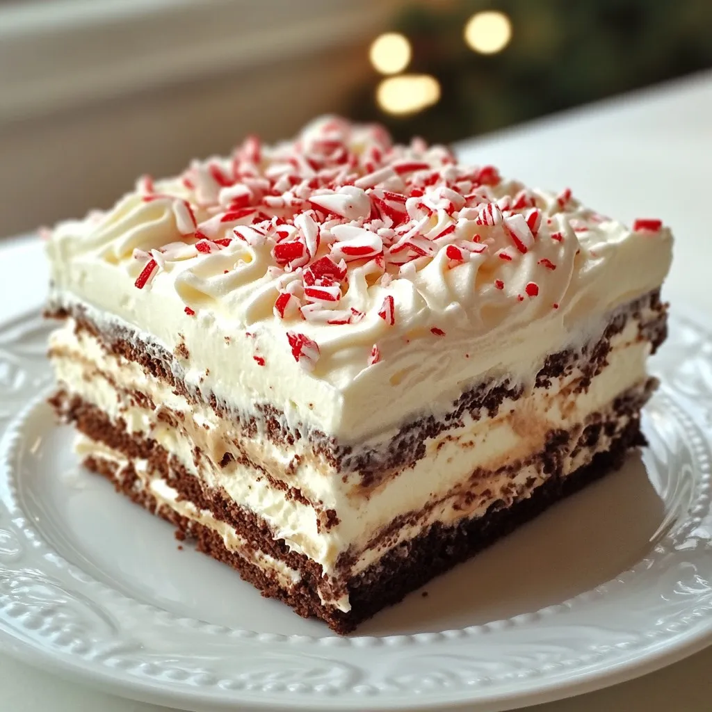 To make a delightful peppermint chocolate icebox cake, gather these simple ingredients: - 2 cups heavy whipping cream - 1 cup powdered sugar - 1 teaspoon pure vanilla extract - 1 teaspoon peppermint extract - 20-24 chocolate wafer cookies - 1 cup crushed peppermint candies (or crushed candy canes) - 1 cup chocolate shavings (optional for garnish) You can easily swap some ingredients if needed. For heavy cream, use coconut cream for a dairy-free option. Instead of powdered sugar, granulated sugar works, but it may change the texture. If you don’t have peppermint extract, a few drops of mint extract can work in a pinch. For the cookies, try graham crackers or chocolate cookies. Choosing fresh ingredients is key for the best taste. For heavy cream, look for a brand with a high-fat content, around 36%. This ensures a rich whipped cream. When picking peppermint candies, choose vibrant, unbroken pieces for the best flavor. Always check the expiration dates on any packaged items, especially the whipping cream. Fresh ingredients make your cake not just tasty but also a treat to share! {{ingredient_image_2}} To start, gather your ingredients. You need heavy whipping cream, powdered sugar, vanilla extract, and peppermint extract. In a large bowl, combine these ingredients. Use an electric mixer set to medium speed. Whip the mixture for about 3 to 5 minutes. Watch for stiff peaks to form. This means your cream is ready! Be careful not to whip too long, or it can become grainy. Now, it’s time to build your cake. Grab a 9x5 inch loaf pan. Start by spreading a thin layer of whipped cream on the bottom. This layer acts like glue for the cookies. Next, take chocolate wafer cookies and place them in a single layer on top of the cream. Make sure they cover the bottom. If needed, break some cookies to fit snugly. After that, spread another layer of whipped cream over the cookies. Sprinkle some crushed peppermint candies on top for a burst of flavor. Repeat this process. Add more cookies, then whipped cream, and more crushed candy. Keep going until you use all ingredients. Finish with whipped cream on top for a lovely look. Cover the loaf pan tightly with plastic wrap. Place it in the fridge for at least 4 hours. If you can, let it chill overnight. This time helps the cookies soften and flavors blend. When ready to serve, gently invert the cake onto a platter. If you like, add chocolate shavings and extra peppermint candies for garnish. Slice the cake and serve on festive plates. For extra cheer, add a sprig of fresh mint and a sprinkle of powdered sugar on each slice. Enjoy your treat! To make the best whipped cream, start with cold heavy cream. It whips better when cold. Use a large mixing bowl. This helps when you whip the cream. Add powdered sugar, vanilla extract, and peppermint extract to the bowl. Whip the mixture on medium speed for 3 to 5 minutes. Stop when you see stiff peaks. Be careful not to overwhip. Overwhipped cream can become grainy. One common mistake is using warm cream. Always chill your heavy cream and bowl first. Another mistake is not measuring the powdered sugar. Too much sugar can make the cream too sweet. When layering the cookies, some may not fit perfectly. Break cookies if needed to cover gaps. Lastly, don't rush the chilling time. Letting the cake chill overnight improves the taste and texture. Start with a thin layer of whipped cream in your loaf pan. This helps the cookies stick. Lay the cookies flat on the cream, covering the base well. After each layer of cookies, add whipped cream and crushed peppermint. Make sure to spread the cream evenly. Keep layering until you use all the ingredients. Finish with a thick layer of whipped cream on top. This creates a nice look and adds flavor. Pro Tips Whipping Cream Consistency: Make sure to whip the cream until it reaches stiff peaks, but be cautious not to overwhip, as this can lead to a grainy texture. Layering Technique: For a more visually appealing cake, alternate the layering of cookies and cream, ensuring each layer is even and well-distributed for balanced flavor in every bite. Chilling Time: For the best results, chill the cake overnight. This allows the flavors to meld together and the cookies to soften beautifully. Garnish with Care: When garnishing, add chocolate shavings and crushed peppermint candies just before serving to keep them fresh and visually striking. {{image_4}} You can change the flavor in many fun ways. For a rich twist, try chocolate mint or mocha. Use chocolate syrup in the cream for a deeper chocolate taste. You can also swap peppermint extract with orange or almond extract for a new vibe. Try using vanilla bean paste for a warm touch. This way, you can make a cake that fits any season or mood. Chocolate wafer cookies are classic, but you can explore other choices. Use graham crackers for a sweeter taste and a crunchy bite. Oreos can add a fun twist with their cream filling. For a gluten-free option, look for gluten-free chocolate cookies. You can even use ginger snaps for a spicy kick during the holidays. Each cookie brings its own charm to the cake. Garnishes can make your cake shine. Use chocolate shavings for a fancy touch. You can also add extra crushed peppermint for a bold flavor burst. Fresh mint leaves add a bright green color and a fresh scent. For a rich finish, drizzle melted dark chocolate over the top. You can even add whipped cream dollops for a fluffy look. Let your creativity run wild to impress your guests! To keep your peppermint chocolate icebox cake fresh, store it in the fridge. Use plastic wrap to cover the loaf pan tightly. This step prevents the cake from drying out and keeps it safe from odors. If you have leftovers, place them in an airtight container. This helps maintain the cake's creamy texture. You can freeze the peppermint chocolate icebox cake for later enjoyment. Wrap the entire cake in plastic wrap. Then, wrap it in aluminum foil to protect it from freezer burn. Make sure to label it with the date. You can also freeze individual slices for easy treats. Just pack them in a freezer-safe container. In the fridge, the cake stays fresh for about 4 to 5 days. If you freeze it, it can last up to 2 months. However, for the best taste and texture, enjoy it within the first month. When you are ready to eat the frozen cake, thaw it in the fridge overnight. This keeps the icebox cake nice and creamy. Yes, you can make this cake ahead of time. In fact, I recommend it! Preparing the peppermint chocolate icebox cake a day in advance allows the flavors to blend well. The cookies soften and absorb the cream, making each bite even better. Just cover it tightly with plastic wrap. Store it in the fridge until you're ready to serve. If you need a substitute for heavy cream, try using coconut cream. Chill a can of coconut milk overnight, and scoop out the thick cream on top. You can also use whole milk mixed with butter. For each cup of heavy cream, mix 3/4 cup of whole milk with 1/4 cup of melted butter. This will help you achieve a rich and creamy texture. To make this cake gluten-free, swap the chocolate wafer cookies for gluten-free cookies. Look for brands that use almond flour or coconut flour. You can also use gluten-free graham crackers. Just check the labels to ensure they are certified gluten-free. This way, everyone can enjoy your delicious peppermint chocolate icebox cake! You learned how to make a delicious cake with whipped cream. We covered the best ingredients and tips for using them. You also saw steps for layering and serving your cake. I highlighted common mistakes to avoid and tasty variations to try. Lastly, we discussed storage for your cake, so it stays fresh. Enjoy creating your cake and impress your friends and family with your skills!