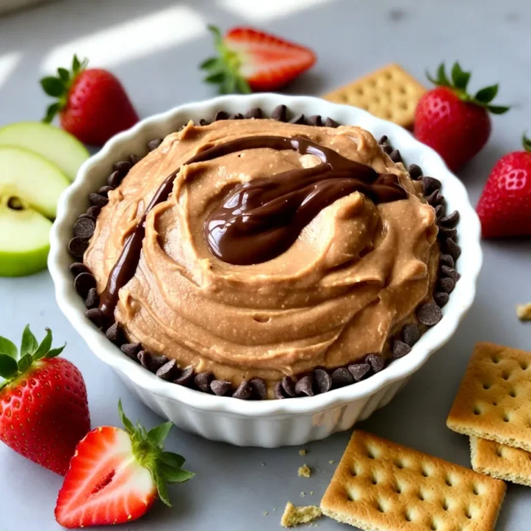 - 8 oz cream cheese, softened to room temperature - 1 cup creamy peanut butter - 1 cup powdered sugar - 1/2 cup unsweetened cocoa powder - 1 teaspoon pure vanilla extract - 1/2 cup heavy whipping cream - 1/4 cup mini chocolate chips (optional) You can add more fun to your dip. Some great options include: - A pinch of sea salt for a flavor boost - A splash of coffee for depth - A dash of cinnamon for warmth This dip pairs well with many tasty treats. Here are my favorites: - Fresh fruits like strawberries and apple slices - Graham crackers for a crunchy bite - Pretzels for a salty contrast - Cookies for a sweet touch Choose your favorites and enjoy the dip! {{ingredient_image_2}} Start by taking your large mixing bowl. Add in 8 ounces of softened cream cheese and 1 cup of creamy peanut butter. Use an electric mixer on medium speed. Beat the mixture until it becomes smooth. Scrape the sides of the bowl to get every bit mixed well. This step is key for a creamy base. Now, it’s time to add sweetness. Gradually sift in 1 cup of powdered sugar and 1/2 cup of unsweetened cocoa powder. Keep the mixer on low speed to avoid a sugary cloud. Make sure to scrape the bowl again to mix everything evenly. Finally, add 1 teaspoon of pure vanilla extract. Blend it well to enhance the dip's flavor. In a separate chilled bowl, pour in 1/2 cup of heavy whipping cream. Use a hand mixer or stand mixer on high speed. Whip until stiff peaks form. This will make your dip light and fluffy. Next, carefully fold this whipped cream into the chocolate peanut butter mixture. Use a rubber spatula and make gentle motions. If you want, you can add 1/4 cup of mini chocolate chips at this stage for extra crunch. Once mixed, transfer the dip to a serving bowl. Chill it in the fridge for at least 30 minutes. This helps the flavors blend and tastes even better. When making your chocolate peanut butter cheesecake dip, watch out for a few common mistakes. First, don't skip softening your cream cheese. If it's too cold, the dip will be lumpy. Always mix the cream cheese and peanut butter until smooth. Next, avoid adding all the sugar and cocoa at once. Gradually sifting them in helps prevent clumps. Finally, be gentle when folding in the whipped cream. This keeps your dip light and airy. For a rich and creamy texture, start with room-temperature cream cheese. Beat it well with peanut butter until it's silky. Gradually add the powdered sugar and cocoa. This step is key for smoothness. Whipping the cream is also crucial. Whip until stiff peaks form, then fold it in gently. This adds a lightness that balances the dip's richness. Presentation can make your dip even more fun. Serve it in a pretty bowl, and smooth the top for a polished look. Drizzle melted chocolate over the dip for a decadent touch. You can sprinkle extra mini chocolate chips on top for added crunch. Surround the bowl with fresh fruits like strawberries and apple slices or graham crackers. This colorful display invites everyone to dig in and enjoy! Pro Tips Use Room Temperature Ingredients: Allowing your cream cheese and peanut butter to reach room temperature before mixing will create a smoother and creamier dip, free of lumps. Chill Before Serving: Make sure to refrigerate the dip for at least 30 minutes before serving to enhance the flavors and achieve the perfect texture. Experiment with Dippers: Fresh fruits, such as bananas or apples, can complement the dip beautifully. For a crunch, graham crackers or pretzels are excellent choices. Customize Your Sweetness: Adjust the amount of powdered sugar based on your taste preference. If you prefer a less sweet dip, start with half the amount and adjust to your liking. {{image_4}} You can easily customize this dip with fun add-ins. Try using white chocolate chips for a twist. You can also add butterscotch chips for a different flavor. Chopped nuts like peanuts or almonds add a nice crunch. For a fruity touch, mix in dried fruits like cranberries or raisins. Each option brings a unique taste that can surprise your friends. Want a healthier version? Swap the cream cheese for Greek yogurt. This keeps the dip creamy while adding protein. You can also cut back on the sugar. Use a natural sweetener like honey or maple syrup instead. This makes the dip lighter without sacrificing flavor. It’s a smart choice for those watching their sugar intake. Seasonal flavors can make this dip even more fun. In the fall, add pumpkin spice to bring warmth and coziness. For a summer twist, mix in fresh berries for a burst of flavor. You can also try peppermint extract during the winter holidays. Each season offers a chance to get creative and enjoy different tastes. To keep your dip fresh, store it in a tightly sealed container. This helps lock in the flavor. If you have leftovers, scoop them into a bowl and cover it with plastic wrap. Make sure it touches the dip to help avoid drying out. I suggest using glass containers or plastic airtight ones. Glass keeps the dip cool and makes it easy to see. Plastic containers are lighter and great for taking to events. Both options keep your dip safe and delicious. This dip stays fresh in the fridge for about 3 to 5 days. After that, the texture may change. Always check for any off smells or flavors before serving. If you want to keep it longer, you can freeze it. Just make sure to thaw it in the fridge before enjoying it again. Yes, you can make this dip one day in advance. This allows the flavors to blend well. Just store it in an airtight container in the fridge. When ready to serve, give it a quick stir. If it seems too thick, mix in a little milk for a smoother texture. To reduce the sweetness, cut back on the powdered sugar. Start with half a cup and taste as you go. You can also add a pinch of salt. This helps balance the sweetness and enhances the chocolate flavor. If you don’t have heavy cream, use full-fat coconut milk or Greek yogurt. Both will add creaminess. For a lighter option, try whipped topping or milk with a bit of cornstarch to thicken it. Adjust the amount based on your desired texture. In this blog post, we explored all aspects of making the perfect dip. We reviewed essential and optional ingredients, along with tasty dipping options. I shared step-by-step instructions to mix, sweeten, and whip your dip just right. We discussed tips to avoid common mistakes and create the best texture. You can also try fun variations, from healthier swaps to seasonal flavors. Finally, I emphasized the importance of proper storage to keep your dip fresh. Enjoy making this dip your own and sharing it with others!