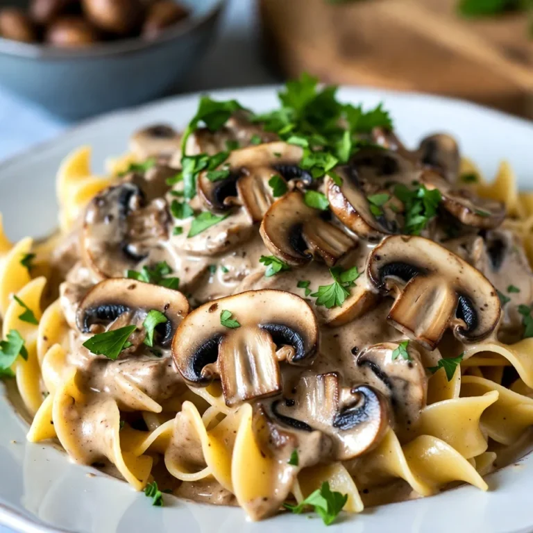 - Mushrooms (12 oz, sliced) - Onion (1 medium, finely chopped) - Garlic (3 cloves, minced) - Vegetable broth (1 cup) - Sour cream or plant-based alternative (1 cup) - Soy sauce or tamari (2 tablespoons) - Dijon mustard (1 tablespoon) - Smoked paprika (1 teaspoon) - Dried thyme (1 teaspoon) - Salt and pepper to taste In this creamy mushroom stroganoff, the mushrooms are the star. I love using fresh cremini or white button mushrooms. Their earthy taste brings depth to the dish. The onions and garlic add layers of flavor. Together, they create a base that makes your mouth water. For the sauce, I use vegetable broth for a rich and savory taste. Sour cream gives it that silky texture. If you prefer a plant-based option, cashew cream works wonderfully, too. A splash of soy sauce or tamari adds umami and enhances the overall flavor. Seasonings play a big role here. Dijon mustard brings a tangy kick. Smoked paprika adds a hint of warmth and color. Dried thyme gives it an aromatic touch. You can adjust salt and pepper to your liking. This dish is all about balancing flavors to create pure comfort food. {{ingredient_image_2}} - Prepare egg noodles as per package instructions. - Drain and keep warm. Cooking the noodles is easy. Just follow the steps on the package. Once they are done, drain them well. Keep them warm while you make the sauce. This helps the noodles soak in all the flavor later. - Heat olive oil and fry onions until translucent. - Add minced garlic and cook briefly. In a large skillet, heat some olive oil. Add the finely chopped onion and fry it for a few minutes. You want the onions to turn soft and clear. Then, add the minced garlic. Stir it for a bit until it smells great. - Add sliced mushrooms and cook until golden brown. Now, it's time for the star of the dish: the mushrooms! Add the sliced mushrooms to the skillet. Cook them for around five to seven minutes. Watch as they change color and get tender. This step makes them flavorful. - Combine vegetable broth, soy sauce, mustard, paprika, and thyme. Next, you will build the sauce. Pour in the vegetable broth, soy sauce, Dijon mustard, smoked paprika, and dried thyme. Stir it all together. This mix creates a rich sauce that pairs perfectly with the noodles. - Let the mixture simmer for flavor absorption. - Reduce heat and add sour cream. Let the sauce simmer for about five minutes. This helps all the flavors blend well. Then, reduce the heat and slowly stir in the sour cream. This makes the sauce creamy and delicious. - Mix noodles with the creamy sauce. - Plate and garnish with parsley. Finally, fold the warm noodles into the creamy sauce. Make sure they are well-coated. Serve the dish hot on plates. Don’t forget to sprinkle some fresh chopped parsley on top for a pop of color and flavor. Enjoy your creamy mushroom stroganoff! To boost the taste of your creamy mushroom stroganoff, I suggest adding a splash of white wine. The wine gives a rich depth that you will enjoy. Fresh herbs can also make a big difference. Try parsley or thyme for a burst of freshness. For that perfect creamy texture, add sour cream slowly. This helps prevent curdling, which can ruin the dish. If you need a substitute, consider plant-based options like cashew cream. They work well and still taste great. Cook your mushrooms well. This step is key to releasing their full flavor. Be careful with salt. If you use soy sauce, it can be salty. Adjust your seasoning as needed to keep the balance just right. Pro Tips Use Fresh Mushrooms: Opt for fresh mushrooms for the best flavor and texture. Avoid pre-sliced mushrooms if possible, as they tend to lose moisture and freshness more quickly. Perfect Pasta Cooking: Cook the egg noodles just until al dente. They will continue to cook slightly when combined with the sauce, ensuring they don’t become mushy. Customize Your Creaminess: Feel free to adjust the amount of sour cream or plant-based alternative to your liking. For a lighter version, you can reduce the quantity. Herb Variations: Experiment with different herbs like rosemary or basil for a unique twist on the classic stroganoff flavor profile. {{image_4}} You can add protein to your creamy mushroom stroganoff for extra heartiness. If you want a plant-based option, try incorporating tofu. Use firm tofu, cut it into cubes, and sauté it with the mushrooms. This adds a nice texture and flavor. If you prefer meat, cooked chicken or beef works well. You can add shredded chicken or thinly sliced beef. Make sure to cook the meat until it is done, then mix it into the sauce before combining with the noodles. For a vegan version, swap sour cream with cashew cream or coconut milk. To make cashew cream, soak raw cashews in water for a few hours. Then blend them with a little water until smooth. This will give your stroganoff a creamy texture without using dairy. Coconut milk is another great alternative. Use full-fat coconut milk for a rich flavor. Just stir it into the sauce like you would with sour cream to keep that creamy vibe. If you need a gluten-free version, you have options. Use gluten-free pasta made from rice or corn. These options cook up nicely and taste great. Another fun choice is zoodles, or zucchini noodles. To make zoodles, spiralize fresh zucchini. Sauté them briefly before adding the sauce. They add a fresh taste and make the dish lighter. To store leftover creamy mushroom stroganoff, first let it cool. Place it in an airtight container. This keeps moisture from escaping. Make sure the lid fits tightly. Store the stroganoff in the fridge for up to three days. To keep flavors intact, avoid adding extra salt before storing. Salt can draw moisture out and change the texture. Instead, season the dish when you reheat it. You can freeze creamy mushroom stroganoff for future meals. First, let it cool completely. Then, transfer it to a freezer-safe container. Leave some space at the top for the sauce to expand. This helps prevent leaks. For thawing, move the stroganoff to the fridge the night before you want to eat it. Reheat it gently on the stove over low heat. Stir often to keep it smooth. You might want to add a splash of broth to restore creaminess. In the fridge, creamy mushroom stroganoff lasts about three days. If you freeze it, aim to use it within three months. After that, the texture may change, and flavors may fade. For best quality, enjoy it sooner rather than later! Yes, you can prepare this dish ahead of time. Cook the noodles and make the sauce separately. Store them in the fridge for up to two days. When ready to eat, heat the sauce gently on the stove. Add the noodles and mix well. This keeps the noodles from getting mushy. If you need a substitute for sour cream, try these options: - Greek yogurt - Cashew cream - Coconut cream - Silken tofu blended smooth These alternatives give a similar creaminess to your dish. To make a gluten-free creamy mushroom stroganoff, use these steps: - Choose gluten-free pasta or zoodles (zucchini noodles). - Use tamari instead of soy sauce. - Ensure all other ingredients are gluten-free. This way, you can enjoy the dish without worries. Absolutely! You can use various mushrooms to change the flavor. Here are some great options: - Cremini mushrooms for a rich taste - Shiitake mushrooms for an earthy flavor - Portobello mushrooms for a meaty texture Mix and match to find your favorite combination! In this blog post, I shared a detailed recipe for creamy mushroom stroganoff, covering key ingredients, step-by-step instructions, and helpful tips. You saw how to sauté aromatics, cook mushrooms, and build a rich sauce. Remember, you can customize the dish with protein choices or make it vegan. Store leftovers properly for the best flavor. With this guide, you can make a delicious meal that suits your taste. Enjoy cooking and exploring variations to keep it exciting!