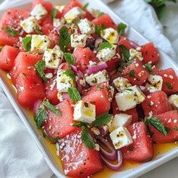 - 4 cups ripe watermelon, cut into bite-sized cubes - 1 cup feta cheese, crumbled into small pieces - 1/4 cup fresh mint leaves, finely chopped - 1/4 cup red onion, very thinly sliced - 2 tablespoons high-quality olive oil - 1 tablespoon balsamic glaze for drizzling - Sea salt and freshly ground black pepper, to taste For this salad, I love using fresh, ripe watermelon. It adds a sweet and juicy taste. Feta cheese brings a creamy and salty flavor that pairs well with the watermelon. Fresh mint leaves give a burst of freshness. The red onion adds a sharp crunch, and a good olive oil helps bind it all together. Finally, a drizzle of balsamic glaze adds a touch of sweetness. Gather these ingredients before starting. Make sure your watermelon is sweet and juicy. Use high-quality feta for the best taste. Fresh mint makes a big difference, so don’t skip it. The red onion should be very thin, so it mixes well. This combo is simple but so refreshing! {{ingredient_image_2}} Start by cutting your watermelon into bite-sized cubes. A sharp knife helps a lot here. Aim for even pieces, as they will mix well. Once cut, place the cubes into a large mixing bowl. This makes it easy to add other ingredients later. Next, crumble the feta cheese into small pieces. You want it to blend with the watermelon. Sprinkle the cheese evenly over the cubes. Then, add the freshly chopped mint leaves and thin slices of red onion. Mix gently to keep the watermelon intact. In a separate small bowl, whisk together olive oil and balsamic glaze. Add a pinch of sea salt and black pepper. This creates a tasty dressing that brings the salad together. Make sure it’s smooth and well combined. Drizzle the dressing over the salad. Now, toss the ingredients lightly. You want every piece to get some dressing without mashing the watermelon. Be gentle to keep those cubes looking fresh. After tossing, taste your salad. You may want to add more salt or balsamic glaze. Adjust flavors to your liking. This step is key for a well-seasoned dish that pops. Let the salad sit for about 5 minutes at room temperature. This helps the flavors mix. It’s a simple step that makes a big difference in taste. Enjoy your fresh and flavorful creation! To pick the best watermelon, look for a smooth, firm skin. The color should be deep green, with a yellow spot on one side. This yellow spot shows the watermelon ripened on the ground. Tap the watermelon; a deep sound means it is ripe. A lighter sound can mean the fruit is not ready. Always choose a weighty melon; it should feel heavy for its size. Crumbling feta is easy but needs care. Use a fork to break it into small pieces. Avoid mashing it too much. You want nice, bite-sized chunks that mix well with the watermelon. If the feta is too soft, chill it briefly for easier crumbling. Keep your feta stored in brine to keep it fresh before using it. While olive oil and balsamic glaze work great, try adding lemon juice for a zestier touch. Honey can bring sweetness if you like that flavor. For a spicy kick, mix in some chili flakes. You can also use yogurt for a creamier dressing. Just whisk these new ingredients together as you would the original dressing. Presentation makes your salad pop! Use a large, shallow platter to serve. Arrange the watermelon and feta in a colorful way. Drizzle extra balsamic glaze on top for flair. Scatter fresh mint leaves over the salad for a vibrant touch. This not only looks good but adds flavor, too! Pro Tips Choose the Right Watermelon: Look for watermelons that are symmetrical and feel heavy for their size. The field spot (the part that was resting on the ground) should be creamy yellow, indicating ripeness. Fresh Mint Enhancement: Gently bruise the mint leaves before adding them to the salad. This releases more of their essential oils and enhances the flavor. Serve Chilled: For an even more refreshing experience, chill the watermelon and feta in the refrigerator before preparing the salad. This will cool down the dish and make it perfect for hot days. Customize Your Additions: Feel free to add other ingredients like cucumber or avocado for added texture and flavor. Adjust the dressing accordingly to maintain balance. {{image_4}} You can add fresh herbs to change the flavor. Mint adds coolness, but basil works too. Chop the herbs finely and mix them in. You can also try parsley or cilantro for a new twist. Each herb brings a unique taste and aroma. Mixing in other fruits can enhance your salad. Try berries like strawberries or blueberries for sweetness. You can also add diced cucumber for crunch. Pineapple brings a tropical vibe that pairs well with feta. Each fruit changes the taste and feel of your dish. While feta is the star, other cheeses can shine too. Goat cheese has a creamy texture and tangy flavor. Mozzarella gives a softer bite that complements the watermelon. For a bold kick, try blue cheese. Each cheese offers a different taste experience, so feel free to experiment. Store any leftover watermelon feta salad in an airtight container. This keeps it fresh. Place the container in the fridge. Use the salad within two days for best taste. If you want to keep it longer, store the watermelon and feta separately. Mix them together just before serving. Use only fresh watermelon and feta for the best flavor. Look for a ripe watermelon that is heavy for its size. Check the feta cheese for a creamy texture and no strong odor. Fresh mint should be bright green and fragrant. Always wash your mint leaves before use to remove dirt. The salad is best enjoyed fresh. It can last up to two days in the fridge. After that, the watermelon may become mushy. If you notice excess liquid, drain it before serving. For the best taste, enjoy it on the same day you make it. Yes, you can prepare parts of the salad ahead. Cut the watermelon and mix it with the feta. However, add the mint and onion just before serving. This keeps the flavors fresh. If you mix too early, the salad will lose its crispness. If you want a substitute for feta, try goat cheese or ricotta. Both add a creamy taste. For a dairy-free option, use crumbled tofu with lemon juice. This keeps the salad light and fun, just like the original. To avoid a watery salad, use a good watermelon. Choose one that is ripe but firm. After cutting, let the cubes drain for a bit. This helps remove excess juice. You can also pat the watermelon pieces dry with a paper towel. Yes, but with care. Prepare the watermelon and feta first. Store them in separate containers. Add the mint and onion only when you’re ready to eat. This keeps everything fresh and tasty for your meal prep needs. Absolutely! You can add grilled chicken or shrimp for some protein. For a plant-based option, try chickpeas or black beans. This makes the salad more filling and adds a delightful twist to the flavors. This article walked you through making a tasty Watermelon Feta Salad. We covered ingredients, step-by-step instructions, and tips to enhance your dish. You can enjoy various flavors and even store leftovers properly. Remember, fresh, quality ingredients make a big difference. Feel free to try new herbs and cheeses for a twist. Enjoy crafting your salad and impress your friends!