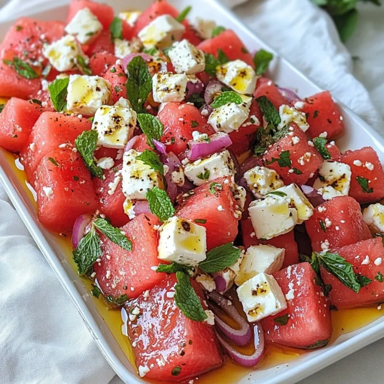 - 4 cups ripe watermelon, cut into bite-sized cubes - 1 cup feta cheese, crumbled into small pieces - 1/4 cup fresh mint leaves, finely chopped - 1/4 cup red onion, very thinly sliced - 2 tablespoons high-quality olive oil - 1 tablespoon balsamic glaze for drizzling - Sea salt and freshly ground black pepper, to taste For this salad, I love using fresh, ripe watermelon. It adds a sweet and juicy taste. Feta cheese brings a creamy and salty flavor that pairs well with the watermelon. Fresh mint leaves give a burst of freshness. The red onion adds a sharp crunch, and a good olive oil helps bind it all together. Finally, a drizzle of balsamic glaze adds a touch of sweetness. Gather these ingredients before starting. Make sure your watermelon is sweet and juicy. Use high-quality feta for the best taste. Fresh mint makes a big difference, so don’t skip it. The red onion should be very thin, so it mixes well. This combo is simple but so refreshing! {{ingredient_image_2}} Start by cutting your watermelon into bite-sized cubes. A sharp knife helps a lot here. Aim for even pieces, as they will mix well. Once cut, place the cubes into a large mixing bowl. This makes it easy to add other ingredients later. Next, crumble the feta cheese into small pieces. You want it to blend with the watermelon. Sprinkle the cheese evenly over the cubes. Then, add the freshly chopped mint leaves and thin slices of red onion. Mix gently to keep the watermelon intact. In a separate small bowl, whisk together olive oil and balsamic glaze. Add a pinch of sea salt and black pepper. This creates a tasty dressing that brings the salad together. Make sure it’s smooth and well combined. Drizzle the dressing over the salad. Now, toss the ingredients lightly. You want every piece to get some dressing without mashing the watermelon. Be gentle to keep those cubes looking fresh. After tossing, taste your salad. You may want to add more salt or balsamic glaze. Adjust flavors to your liking. This step is key for a well-seasoned dish that pops. Let the salad sit for about 5 minutes at room temperature. This helps the flavors mix. It’s a simple step that makes a big difference in taste. Enjoy your fresh and flavorful creation! To pick the best watermelon, look for a smooth, firm skin. The color should be deep green, with a yellow spot on one side. This yellow spot shows the watermelon ripened on the ground. Tap the watermelon; a deep sound means it is ripe. A lighter sound can mean the fruit is not ready. Always choose a weighty melon; it should feel heavy for its size. Crumbling feta is easy but needs care. Use a fork to break it into small pieces. Avoid mashing it too much. You want nice, bite-sized chunks that mix well with the watermelon. If the feta is too soft, chill it briefly for easier crumbling. Keep your feta stored in brine to keep it fresh before using it. While olive oil and balsamic glaze work great, try adding lemon juice for a zestier touch. Honey can bring sweetness if you like that flavor. For a spicy kick, mix in some chili flakes. You can also use yogurt for a creamier dressing. Just whisk these new ingredients together as you would the original dressing. Presentation makes your salad pop! Use a large, shallow platter to serve. Arrange the watermelon and feta in a colorful way. Drizzle extra balsamic glaze on top for flair. Scatter fresh mint leaves over the salad for a vibrant touch. This not only looks good but adds flavor, too! Pro Tips Choose the Right Watermelon: Look for watermelons that are symmetrical and feel heavy for their size. The field spot (the part that was resting on the ground) should be creamy yellow, indicating ripeness. Fresh Mint Enhancement: Gently bruise the mint leaves before adding them to the salad. This releases more of their essential oils and enhances the flavor. Serve Chilled: For an even more refreshing experience, chill the watermelon and feta in the refrigerator before preparing the salad. This will cool down the dish and make it perfect for hot days. Customize Your Additions: Feel free to add other ingredients like cucumber or avocado for added texture and flavor. Adjust the dressing accordingly to maintain balance. {{image_4}} You can add fresh herbs to change the flavor. Mint adds coolness, but basil works too. Chop the herbs finely and mix them in. You can also try parsley or cilantro for a new twist. Each herb brings a unique taste and aroma. Mixing in other fruits can enhance your salad. Try berries like strawberries or blueberries for sweetness. You can also add diced cucumber for crunch. Pineapple brings a tropical vibe that pairs well with feta. Each fruit changes the taste and feel of your dish. While feta is the star, other cheeses can shine too. Goat cheese has a creamy texture and tangy flavor. Mozzarella gives a softer bite that complements the watermelon. For a bold kick, try blue cheese. Each cheese offers a different taste experience, so feel free to experiment. Store any leftover watermelon feta salad in an airtight container. This keeps it fresh. Place the container in the fridge. Use the salad within two days for best taste. If you want to keep it longer, store the watermelon and feta separately. Mix them together just before serving. Use only fresh watermelon and feta for the best flavor. Look for a ripe watermelon that is heavy for its size. Check the feta cheese for a creamy texture and no strong odor. Fresh mint should be bright green and fragrant. Always wash your mint leaves before use to remove dirt. The salad is best enjoyed fresh. It can last up to two days in the fridge. After that, the watermelon may become mushy. If you notice excess liquid, drain it before serving. For the best taste, enjoy it on the same day you make it. Yes, you can prepare parts of the salad ahead. Cut the watermelon and mix it with the feta. However, add the mint and onion just before serving. This keeps the flavors fresh. If you mix too early, the salad will lose its crispness. If you want a substitute for feta, try goat cheese or ricotta. Both add a creamy taste. For a dairy-free option, use crumbled tofu with lemon juice. This keeps the salad light and fun, just like the original. To avoid a watery salad, use a good watermelon. Choose one that is ripe but firm. After cutting, let the cubes drain for a bit. This helps remove excess juice. You can also pat the watermelon pieces dry with a paper towel. Yes, but with care. Prepare the watermelon and feta first. Store them in separate containers. Add the mint and onion only when you’re ready to eat. This keeps everything fresh and tasty for your meal prep needs. Absolutely! You can add grilled chicken or shrimp for some protein. For a plant-based option, try chickpeas or black beans. This makes the salad more filling and adds a delightful twist to the flavors. This article walked you through making a tasty Watermelon Feta Salad. We covered ingredients, step-by-step instructions, and tips to enhance your dish. You can enjoy various flavors and even store leftovers properly. Remember, fresh, quality ingredients make a big difference. Feel free to try new herbs and cheeses for a twist. Enjoy crafting your salad and impress your friends!