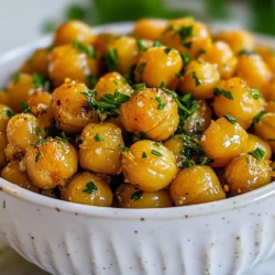 To make Garlic Herb Roasted Chickpeas, gather these simple ingredients: - 1 can (15 oz) chickpeas, thoroughly drained and rinsed - 2 tablespoons high-quality olive oil - 4 cloves garlic, finely minced - 1 teaspoon dried oregano - 1 teaspoon dried thyme - 1 teaspoon smoked paprika - Freshly ground salt and pepper, to taste These are the main players in your dish. Choose good-quality olive oil for the best flavor. Fresh garlic adds a nice kick and aroma. You can enhance your dish with these garnishes: - Fresh parsley, finely chopped Fresh parsley not only looks great but also adds a burst of freshness. You may also consider using lemon zest for a zesty twist. To make this recipe, you will need: - Baking sheet - Parchment paper - Mixing bowl - Clean kitchen towel These tools will help you create the perfect crunchy snack. The parchment paper makes clean-up easy, while a mixing bowl helps blend the flavors well. {{ingredient_image_2}} Start by gathering your ingredients. You need one can of chickpeas, olive oil, garlic, and herbs. Rinse and drain the chickpeas well. Use a clean kitchen towel to pat them dry. This helps them get crispy in the oven. Make sure to remove as much moisture as possible. In a mixing bowl, combine two tablespoons of olive oil with minced garlic. Add one teaspoon each of dried oregano, thyme, and smoked paprika. Season with salt and pepper to taste. Stir well to mix all the flavors. This marinade will coat the chickpeas and make them flavorful. Preheat your oven to 400°F (200°C). Spread the marinated chickpeas on a baking sheet lined with parchment paper. Make sure they are in a single layer. Bake them for about 25-30 minutes. Stir the chickpeas halfway through for even cooking. They are done when golden brown and crispy. Let them cool for a few minutes before serving. This cooling time helps them become even crunchier. Garnish with chopped parsley for a fresh touch. To make your chickpeas super crispy, start by drying them well. After rinsing, use a clean kitchen towel to pat them dry. This step is key. The less moisture, the better the crunch. Spread them out on the towel in a single layer for best results. Also, roast them at a high temperature of 400°F (200°C). Stir them halfway through cooking to help them brown evenly. Keep an eye on them during the last few minutes to avoid burning. You can change the flavor of your chickpeas easily. Try adding a pinch of cayenne pepper for heat or a splash of lemon juice for brightness. Fresh herbs like rosemary or basil can add a lovely twist too. If you like a smoky flavor, use smoked paprika. Experiment with your favorite spices. Just remember to balance the flavors so they shine through the chickpeas. One common mistake is overcrowding the baking sheet. This can lead to soggy chickpeas. Spread them out in a single layer for best crispiness. Another mistake is not drying them enough. If they are too wet, they won't get crispy. Lastly, don't forget to check them in the oven. Chickpeas can go from perfect to burnt quickly. Pro Tips Dry Chickpeas Thoroughly: Make sure to pat the chickpeas dry completely with a kitchen towel. This step is essential for achieving that perfectly crispy texture during roasting. Use High-Quality Olive Oil: Opt for a high-quality extra virgin olive oil to enhance the flavor of the roasted chickpeas. The better the oil, the more delicious the final dish will be. Don’t Overcrowd the Baking Sheet: Spread the chickpeas out in a single layer on the baking sheet. Overcrowding can lead to uneven cooking and prevent them from getting crispy. Monitor Roasting Time: Keep an eye on the chickpeas during the last few minutes of roasting. They can go from perfectly crispy to burnt very quickly, so check for that golden color. {{image_4}} For those who love heat, add cayenne pepper or chili powder. Start with 1/2 teaspoon and adjust to your taste. This adds a nice kick to the garlic and herbs. You can also toss in some red pepper flakes before roasting. The spicy blend pairs well with the crispy texture. To give your chickpeas a Mediterranean vibe, swap the herbs. Use rosemary and basil instead of oregano and thyme. You can also add lemon zest for freshness. Serve with a side of tzatziki for a delightful dip. This twist makes a great snack or party treat. For a sweet take, mix in a teaspoon of honey or maple syrup. Toss the chickpeas with cinnamon and a pinch of nutmeg. Roast as usual, and you’ll have a unique snack that balances sweet and savory. These sweet chickpeas work well as a topping for salads or yogurt bowls. To keep your Garlic Herb Roasted Chickpeas fresh, store them in an airtight container. Make sure the container is dry. If you want to keep them crunchy, do not add any moisture. You can also use a zip-top bag. Just squeeze out as much air as you can before sealing it. When you want to enjoy your chickpeas again, reheat them in the oven. Preheat your oven to 350°F (175°C). Spread the chickpeas in a single layer on a baking sheet. Heat them for about 10-15 minutes. This will help regain their crunch. You can also use an air fryer for a quicker option. Just set it to 350°F (175°C) and heat them for about 5-7 minutes. Garlic Herb Roasted Chickpeas will last for about 3 to 5 days when stored properly. After that, they may lose their crispiness. If you notice any softness, it’s best to discard them. Enjoy them fresh for the best taste and texture! Yes, you can use dried chickpeas. Start by soaking them overnight. After soaking, cook them until they are tender. This takes about one to two hours. Make sure to drain and rinse them well before using. Dried chickpeas give you more control over texture and taste. This recipe is already vegan! All the ingredients are plant-based. Use high-quality olive oil and fresh herbs for the best flavor. Enjoy this healthy snack without worrying about non-vegan ingredients. You can serve these roasted chickpeas as a snack or appetizer. Pair them with a yogurt sauce or spicy hummus for dipping. They also make a great topping for salads. Sprinkle them on soups for extra crunch. You can even toss them in grain bowls for added protein. Garlic herb roasted chickpeas are tasty and easy to make. You learned about the key ingredients, step-by-step instructions, and tips for crispness. The variations offer fun flavors like spicy or sweet. Remember the best storage practices to keep them fresh. This recipe is perfect for snacks or meals. Enjoy making these crispy bites for yourself or friends! You now have the tools to create a great dish. Happy cooking!