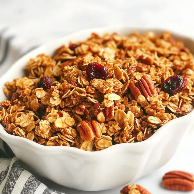 - 2 cups rolled oats - 1 cup pecans, coarsely chopped - 1/2 cup pure maple syrup - 1/4 cup coconut oil, melted - 1/2 teaspoon ground cinnamon - 1/4 teaspoon fine sea salt - Optional ingredients: dried cranberries or raisins, sunflower seeds Maple pecan granola starts with simple, wholesome ingredients. Each one plays a key role. First, we have rolled oats. They give the granola its base and chewy texture. Next, the pecans bring a rich, nutty flavor. I love using coarsely chopped pecans for a nice crunch. Then, we add pure maple syrup. It adds sweetness and a lovely depth of flavor. Coconut oil follows, giving the granola a light, crispy finish. Ground cinnamon adds warmth and a hint of spice. The fine sea salt balances the sweetness. You can also add optional ingredients. Dried cranberries or raisins add a fruity touch. Sunflower seeds contribute an extra crunch and nutrition. These ingredients come together to create a delicious, crunchy breakfast treat. You can easily adjust the recipe to fit your tastes! {{ingredient_image_2}} - Preheat the oven to 350°F (175°C). - Line a baking sheet with parchment paper. - In a bowl, mix 2 cups of rolled oats, 1 cup of coarsely chopped pecans, 1/2 teaspoon of ground cinnamon, and 1/4 teaspoon of fine sea salt. Stir until everything blends well. - In another bowl, combine 1/2 cup of pure maple syrup and 1/4 cup of melted coconut oil. Whisk until smooth. - Pour the liquid mix into the dry mix. Use a spatula to stir until all oats and pecans are coated. - Spread the mixture evenly on the baking sheet. - Bake for 20 to 25 minutes. Stir halfway to help it brown evenly. - Let the granola cool completely on the baking sheet. It will get crunchier as it cools. - If you want, fold in 1/2 cup of dried cranberries or raisins and 1/4 cup of sunflower seeds for extra flavor. To create clusters in your granola, press the mixture down firmly on the baking sheet. This helps it stick together as it bakes. Stir halfway through baking to ensure even browning. If you skip this, some areas may cook faster than others. You can add more mix-ins to your granola. Try using dried fruits, like raisins or cranberries, for sweetness. You can also add seeds like sunflower seeds for crunch. Serve your granola with yogurt or milk. It pairs well with fresh fruits, too. Sliced bananas or berries make it even tastier. Watch the granola closely to prevent burning. Every oven is different, so check it a few minutes early. Stirring helps it brown evenly. Make sure all your oats and nuts are coated well with the syrup. If they are not, some parts will be dry and bland. Pro Tips Use Fresh Ingredients: Always opt for fresh oats and nuts to enhance flavor and texture. Stale ingredients can result in a less enjoyable granola. Customize Your Sweetness: Adjust the amount of maple syrup based on your sweetness preference. You can also experiment with other sweeteners like honey or agave syrup. Experiment with Flavors: Don’t hesitate to add other spices like nutmeg or vanilla extract to create unique flavor profiles that suit your taste. Storage Tips: For optimal freshness, store your granola in the fridge during warmer months. This will help maintain its crunchiness and prevent it from going stale. {{image_4}} You can swap pecans for other nuts. Walnuts or almonds work great. Both add a nice crunch and flavor. Walnuts have a rich taste, while almonds are slightly sweet. Choose what you like best or mix them! If maple syrup is too sweet, try reducing it. You can also use honey instead. Honey adds a different flavor but keeps it sweet. Adjust the amount to fit your taste. Find the right balance that you enjoy! Boost your granola with seeds. Chia or flaxseed are great choices. Both add fiber and healthy fats. You can also add spices like nutmeg or vanilla. These spices bring warmth and depth to the flavor. Experiment with your favorites for a tasty twist! To keep your maple pecan granola fresh, use airtight containers. These containers help block moisture and air. Store your granola at room temperature. A cool, dark place is best. Avoid direct sunlight or heat sources. This keeps the granola crunchy and tasty. Your granola can stay fresh for up to two weeks. After that, it may lose its crunch and flavor. Look for signs of spoilage. If it smells off or has an odd color, it's time to toss it. Fresh granola should smell sweet and nutty. If your granola softens, you can easily make it crunchy again. Spread it out on a baking sheet. Bake it at 300°F (150°C) for about 10 minutes. Keep an eye on it to prevent burning. Stir it halfway through for even crispiness. Let it cool before storing again. Enjoy your crunchy treat! To make your granola gluten-free, simply use gluten-free oats. Many stores sell these oats. Always check for a gluten-free label to be safe. This small change makes a big difference for those with gluten sensitivities. Yes, you can use honey instead of maple syrup. Honey will add a nice sweetness and flavor. However, maple syrup gives a unique taste that is hard to beat. Adjust the amount if you prefer a lighter flavor. Your granola is done when it turns a golden brown color. It should smell sweet and nutty. Stir it halfway through baking to avoid burning. Keep a close eye on it in the last few minutes. Yes, you can make granola ahead of time. It stores well in an airtight container for up to two weeks. This makes it a great option for meal prep. Just make sure it cools completely before storing. You can serve granola in many ways. Here are a few ideas: - Top it on yogurt or milk for breakfast. - Mix it with fresh fruits like berries or bananas. - Enjoy it as a snack on its own. Get creative and find your favorite way to enjoy it! You can make delicious Maple Pecan Granola with just a few simple steps. Start by mixing your oats, pecans, and sweeteners, then bake until golden. Don't forget to cool it and add any mix-ins you like. Remember to store your granola in an airtight container to keep it fresh. With options for substitutions and tips to avoid mistakes, you'll create the perfect batch. Enjoy this tasty treat with yogurt or as a snack! Your homemade granola will surely impress and satisfy.