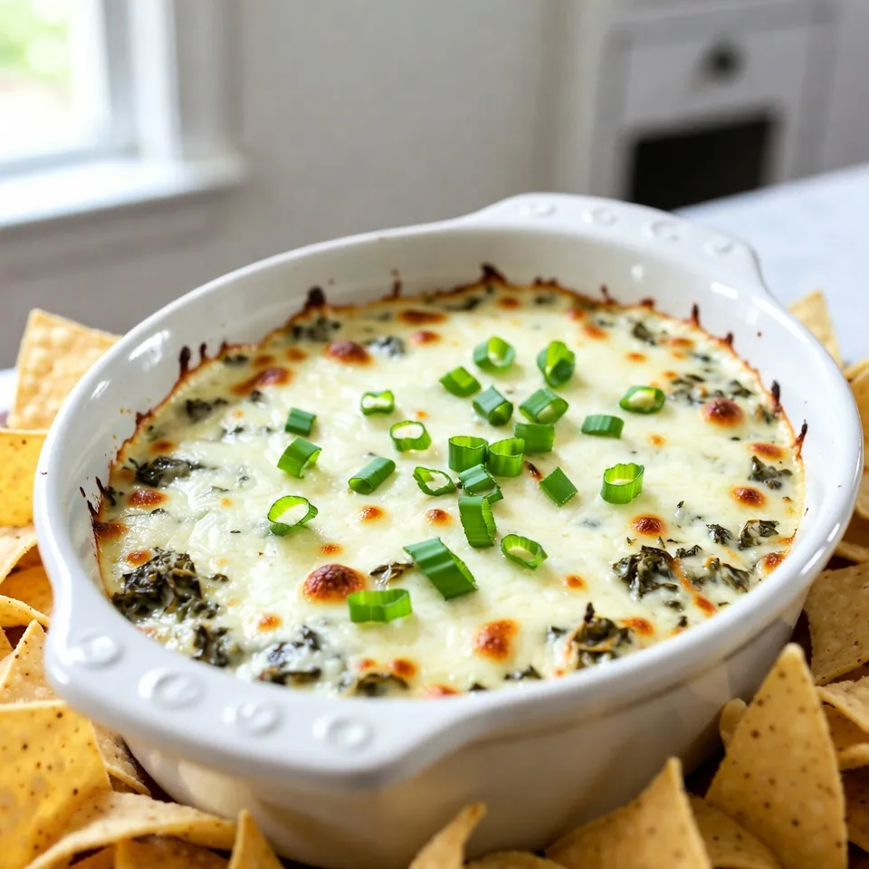 To make Cheesy Baked Spinach Dip, you will need: - 2 cups fresh spinach, finely chopped - 1 cup cream cheese, softened to room temperature - 1 cup sour cream - 1 cup shredded mozzarella cheese, plus extra for topping - 1/2 cup grated Parmesan cheese - 1/2 cup mayonnaise - 3 cloves garlic, minced - 1 teaspoon onion powder - 1 teaspoon garlic powder - Salt and freshly ground black pepper to taste - 1/4 teaspoon crushed red pepper flakes (optional for a spicy kick) - 1/2 cup diced green onions (for garnish) You can add some extra flair to your dip with these ingredients: - 1/4 cup diced red bell pepper for sweetness - 1/4 cup chopped artichoke hearts for depth - 1 tablespoon Worcestershire sauce for a savory touch - Fresh herbs like parsley or basil for freshness If you need to make swaps, try these options: - Use Greek yogurt in place of sour cream for a tangy twist. - Swap the cream cheese for a dairy-free version if needed. - Use any type of cheese you prefer, like cheddar or pepper jack. - Instead of fresh spinach, use thawed frozen spinach; just drain it well. This dip is flexible, so feel free to get creative! Each change can add a unique touch to your cheesy delight. {{ingredient_image_2}} Start by gathering all your ingredients. You will need: - 2 cups fresh spinach, finely chopped - 1 cup cream cheese, softened to room temperature - 1 cup sour cream - 1 cup shredded mozzarella cheese, plus extra for topping - 1/2 cup grated Parmesan cheese - 1/2 cup mayonnaise - 3 cloves garlic, minced - 1 teaspoon onion powder - 1 teaspoon garlic powder - Salt and freshly ground black pepper to taste - 1/4 teaspoon crushed red pepper flakes (optional for a spicy kick) - 1/2 cup diced green onions (for garnish) Make sure the spinach is washed and chopped finely. This helps it mix well into the dip. Soften the cream cheese ahead of time. You can leave it out or microwave it for a few seconds. This makes mixing easier. In a large mixing bowl, combine the softened cream cheese, sour cream, and mayonnaise. Use a whisk or an electric mixer to blend them until smooth. You want a creamy texture with no lumps. Next, fold in the finely chopped spinach and minced garlic. Add the onion powder, garlic powder, and crushed red pepper flakes if you want some heat. Mix gently until everything is combined. Now it’s time to add the cheeses. Fold in the shredded mozzarella and grated Parmesan. Taste your mixture and season with salt and freshly ground black pepper. Adjust to your liking. Transfer the dip mixture into a baking dish. Spread it out evenly for even cooking. Preheat your oven to 350°F (175°C). Once hot, place the dish in the oven. Bake for 25 to 30 minutes. You want it bubbly and golden on top. After baking, take it out carefully. Let it cool for a few minutes. Just before serving, sprinkle with diced green onions for color. Serve your warm Cheesy Baked Spinach Dip with tortilla chips, crusty baguette, or veggie sticks. Enjoy every cheesy, flavorful bite! To get a creamy dip, use softened cream cheese. Blend it well with sour cream and mayonnaise until smooth. Avoid lumps by mixing slowly. Add spinach and garlic next, then fold in cheeses gently. This keeps the dip fluffy and light. You can also add a splash of milk if you want it even creamier. This dip tastes best warm. Serve it in the baking dish for a fun look. Pair it with crunchy tortilla chips, fresh veggie sticks, or slices of baguette. You can also use pita chips for a tasty twist. For an extra touch, sprinkle more mozzarella on top before baking for a cheesy crust. You can make this dip ahead of time. Prepare it, then cover it and store it in the fridge for up to two days. When ready to bake, add a bit more cheese on top and pop it in the oven. If you want to freeze it, let it cool completely first. Store in an airtight container. When you are ready to eat, thaw overnight in the fridge and bake as usual. Pro Tips Use Fresh Spinach: Fresh spinach will provide a vibrant flavor and better texture compared to frozen spinach. Make sure to wash and finely chop it before adding it to the mixture. Customize Your Cheese: Feel free to experiment with different types of cheese. Adding a bit of sharp cheddar or gouda can enhance the flavor profile of the dip. Adjust the Spice Level: If you prefer a milder dip, skip the crushed red pepper flakes. For extra heat, consider adding jalapeños or a dash of hot sauce to the mix. Make it Ahead: This dip can be prepared a day in advance. Simply assemble the mixture, cover it, and store it in the refrigerator until you're ready to bake. {{image_4}} To make a spicy cheesy spinach dip, add crushed red pepper flakes. Use about 1/4 teaspoon for a mild kick. If you love heat, feel free to add more! You can also mix in some diced jalapeños for extra flavor. This twist gives the dip a warm, zesty taste that excites your taste buds. You can add more veggies to your dip for extra flavor and nutrition. Try mixing in finely chopped artichokes or sautéed mushrooms. Diced bell peppers also work well. Spinach pairs perfectly with these vegetables. This not only boosts the dip but also adds color and texture. Cheese is key to a great dip! While mozzarella and Parmesan are classic, feel free to switch things up. Try using cheddar for a sharper taste. Cream cheese can also be blended with blue cheese for a rich flavor. Mixing different cheeses gives your dip a unique twist that will wow your guests. To keep your Cheesy Baked Spinach Dip fresh, store it in an airtight container. Let the dip cool to room temperature first, then cover it well. Place it in the fridge for up to three days. If you want to store it longer, freezing is a great option. When you’re ready to enjoy the leftovers, preheat your oven to 350°F (175°C). Transfer the dip to an oven-safe dish. Cover it with foil to keep it moist, and heat for about 15-20 minutes. If you want it extra bubbly, uncover it for the last 5 minutes. You can also use a microwave. Heat it in short bursts, stirring in between, until warm. The dip lasts about three days in the fridge. For freezing, keep it in an airtight container. It can stay good for up to two months. To thaw, move it to the fridge the night before you want to eat it. Always reheat it thoroughly before serving for the best taste. Yes, you can use frozen spinach. Just thaw it first. Squeeze out extra water to avoid a watery dip. Frozen spinach is easy and saves time. It works well in this recipe and can taste just as good. You have many tasty options for dipping. Tortilla chips are a classic choice. Slices of crusty baguette add a nice crunch. Fresh vegetable sticks like carrots and celery work great too. You can even try pita chips for a fun twist. To make this dip healthier, use low-fat cream cheese and sour cream. You can replace some cheese with more spinach. Adding Greek yogurt can give creaminess with less fat. Try using fresh herbs for flavor instead of spices. These swaps keep the taste while cutting calories. This blog post covered the key elements of making a great Cheesy Baked Spinach Dip. We discussed the main ingredients, optional flavors, and how to tweak the recipe. You learned step-by-step how to prep, mix, and bake to perfection. I shared tips for creamy texture, serving ideas, and storage methods. Lastly, we explored delicious variations and answered common questions. Now, you have all the tools to create this tasty dish. Enjoy cooking and sharing with others!