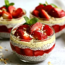 I love using full-fat coconut milk. It adds a rich and creamy feel. This milk makes the pudding smooth and delicious. You will need 1 cup for the best flavor. Almond milk works great in this recipe. You can use any milk you like. You need 1 cup to mix with the coconut milk. This gives a nice light taste and keeps it healthy. Chia seeds are the star of this pudding. They soak up the liquids and thicken the mix. You will need 1/2 cup. These tiny seeds pack a lot of nutrition and fun texture. For sweetness, use maple syrup or honey. I prefer maple syrup for its rich flavor. Use 2 tablespoons to make it just sweet enough. You can adjust this to your taste. Vanilla extract adds a lovely aroma to your pudding. Just 1 teaspoon is enough to elevate the taste. Make sure to use pure vanilla for the best results. Fresh strawberries are a must! They bring brightness and sweetness. You will need 1 cup, hulled and thinly sliced. These berries make your pudding colorful and tasty. Top your pudding with toasted coconut flakes. They add a crunchy texture. Add fresh mint leaves for a pop of color and fresh taste. Both make your dessert look fancy and inviting. {{ingredient_image_2}} Start by gathering your ingredients. In a medium bowl, pour 1 cup of full-fat coconut milk and 1 cup of almond milk. Add 2 tablespoons of maple syrup and 1 teaspoon of pure vanilla extract. Whisk these ingredients together until they blend well. This mix will give your pudding a rich and creamy taste. Next, slowly sprinkle in 1/2 cup of chia seeds while whisking. This step is crucial. It helps the chia seeds spread evenly in the mixture. If you don’t whisk continuously, the seeds may clump together, and you want a smooth pudding. Cover the bowl tightly with plastic wrap or a lid. Place it in the fridge for at least 4 hours, but overnight is best. This waiting time allows the chia seeds to swell and absorb the liquid. You’ll end up with a thick and pudding-like texture. Once chilled, take the bowl out of the fridge. Stir the mixture well to break up any clumps that might have formed. Spoon the thick pudding into clear glasses or bowls. Layer each serving with 1 cup of fresh strawberries, hulled and thinly sliced. The bright color of strawberries adds a lovely touch. For a sweeter taste, drizzle a little extra maple syrup over the strawberries. Then, sprinkle some toasted coconut flakes on top for crunch. Finally, add a sprig of fresh mint to each serving. This not only enhances flavor but also makes the dish look beautiful. Enjoy your Strawberry Coconut Chia Pudding! To get the best texture, use full-fat coconut milk. It gives a creamy feel. Mix it with almond milk for a lighter touch. Whisk well before adding chia seeds. This helps avoid clumps. After mixing, let it sit in the fridge for at least four hours. Overnight is even better. This time helps the chia seeds expand and thicken the mix nicely. For sweetness, start with two tablespoons of maple syrup. If you want it sweeter, add more. Honey is a great substitute too. Just remember, you can always add more sweetness later. Taste it before serving. This way, you get it just right for your liking. Choose clear glasses for serving. They show off the pretty layers of pudding and strawberries. Smaller glasses work well too. They make the dessert feel special. You can also use mason jars for a fun touch. Just make sure they are easy to scoop from. Want to boost the flavor more? Try adding a pinch of sea salt. This can enhance the sweetness. You can also mix in spices like cinnamon or nutmeg. For a tropical twist, add a splash of pineapple juice. This will give your pudding a fresh taste that pairs well with strawberries. Pro Tips Chia Seed Soaking: Ensure to whisk the chia seeds into the milk mixture slowly to prevent clumping and allow for even hydration. Flavor Variations: Experiment with different fruit toppings like mango or blueberries for a unique twist on this classic dessert. Make Ahead: This pudding can be prepared up to three days in advance, making it a perfect option for meal prep or entertaining. Perfect Texture: For an ultra-smooth texture, blend the coconut and almond milk mixture before adding the chia seeds. {{image_4}} You can use many fruits in this recipe. Try bananas, blueberries, or mangoes. Each fruit brings its own taste and color. For a tropical twist, add diced pineapple or kiwi. You can also mix different fruits together for a fruit medley. This adds fun and new flavors to your chia pudding. This recipe is already dairy-free. You can choose any non-dairy milk you like. Almond milk works well, but coconut milk gives a richer taste. Oat milk or soy milk are also great options. If you want a nut-free choice, go for rice milk. Each type of milk adds a unique flavor to your pudding. You can spice up your chia pudding with different flavors. A pinch of cinnamon adds warmth. If you like a zing, try ginger powder. For a sweet scent, add almond or coconut extract. You can also mix in a bit of cocoa powder for a chocolatey twist. These small changes can make your pudding even more exciting. Chia seeds are tiny powerhouses of nutrition. They are high in fiber, which helps digestion. They also contain omega-3 fatty acids, which support heart health. Chia seeds can absorb liquid and expand, making you feel full longer. This can help with weight control. Plus, they are rich in protein, which is vital for muscle repair. Each serving of Strawberry Coconut Chia Pudding is packed with nutrients. Here’s what you get: - Calories: Approximately 250 - Protein: 6 grams - Fat: 15 grams - Carbohydrates: 30 grams - Fiber: 10 grams - Sugar: 10 grams (from maple syrup and strawberries) This pudding gives you a nice balance of healthy fats and carbs. The main ingredients in this pudding contribute to its overall calories. Full-fat coconut milk adds creaminess and richness. Almond milk is lower in calories and adds a light texture. Chia seeds provide healthy fats and protein. Fresh strawberries bring sweetness and vibrant flavor. Maple syrup, while a sweetener, also adds some calories. For a healthy treat, this pudding is a great choice! It combines taste and nutrition perfectly. Enjoying this dessert can help you meet your daily nutrient needs while satisfying your sweet tooth. You can store Strawberry Coconut Chia Pudding for up to five days. Keep it in an airtight container in the fridge. The pudding stays fresh and tasty. Just give it a good stir before serving. Yes, you can use other types of milk. Almond milk works great, but you can try oat milk or soy milk too. Just choose a milk you like. Each type will change the flavor a bit, so experiment to find your favorite. You can substitute flax seeds for chia seeds, but they will change the texture. Ground flax seeds will thicken the pudding as well. You can also use tapioca pearls, but they need more cooking time. Refrigerating overnight is not strictly necessary, but it helps the chia seeds absorb liquid fully. If you are short on time, four hours will work. The pudding may not be as thick, but it will still taste good. To lower the calories, use light coconut milk instead of full-fat. You can also cut back on the maple syrup or use a sugar substitute. Adding more strawberries can boost flavor without adding many calories. This blog post showed you how to make delicious Strawberry Coconut Chia Pudding. We explored key ingredients like coconut milk, chia seeds, and sweeteners. I shared easy steps for mixing and serving. Tips helped you get the best texture and sweetness. You discovered tasty variations and the pudding's health benefits. In the end, this pudding is a fun and healthy treat. Enjoy making it your own!