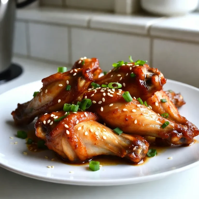- 2 lbs chicken wings - 1/3 cup honey - 1/4 cup sriracha sauce - 2 tablespoons soy sauce - 1 tablespoon rice vinegar - 1 teaspoon garlic powder - 1 teaspoon ginger powder - Salt and pepper to taste - Sesame seeds - Green onions, thinly sliced The main ingredients for my Honey Sriracha Chicken Wings include juicy chicken wings, rich honey, spicy sriracha sauce, and savory soy sauce. Each of these elements brings its own unique flavor to the dish, creating a perfect balance. The additional ingredients add depth to the marinade. Rice vinegar helps to brighten the mix. Garlic powder and ginger powder infuse warmth and earthiness. Salt and pepper round out the flavors. For garnishes, I love to sprinkle sesame seeds and fresh green onions on top. They add a nice crunch and color to the wings. The garnishes make the dish look fun and inviting, perfect for sharing! {{ingredient_image_2}} - Preheat the oven to 425°F (220°C). - Line a baking sheet with aluminum foil. - Place a wire rack on top. Start by preheating your oven. This helps the wings cook evenly. The wire rack is key. It allows hot air to flow around the wings. This way, they get crispy all over. - Whisk honey, sriracha sauce, soy sauce, rice vinegar, garlic powder, ginger powder, salt, and pepper. - Ensure ingredients are well combined. In a big bowl, mix honey and sriracha. Add soy sauce and rice vinegar. Then, sprinkle in garlic and ginger powder, plus salt and pepper. Whisk until everything blends well. This marinade is where the magic begins. It gives the wings a sweet and spicy kick. - Coat chicken wings thoroughly in the marinade. - Tips for marinating time and temperature. Add the chicken wings to the bowl. Make sure each wing gets a good coat of the marinade. For the best flavor, let them marinate. You can leave them at room temperature for 30 minutes. If you have more time, pop them in the fridge for up to 2 hours. The longer they sit, the more flavor they soak up. - Bake wings and flip halfway through. - Prepare and thicken the glaze with reserved marinade. - Brush glaze on wings and caramelize in the oven. When it's time to bake, take the wings out of the marinade. Let excess marinade drip off. Place the wings in a single layer on the rack. Bake them for 35-40 minutes. Flip them halfway through to get an even crisp. While they bake, heat the reserved marinade in a saucepan. Let it simmer until it thickens, about 5-7 minutes. Once the wings are done, brush the glaze on them. Return them to the oven for another 5 minutes. This caramelizes the glaze, making them even tastier. To get crispy wings, air circulation is key. Use a wire rack on the baking sheet. This allows heat to reach all sides of the wings. Flip the wings halfway through baking. This helps them brown evenly and stay crispy. For the best flavor, marinate your wings for at least 30 minutes. If you have more time, try marinating them for up to 2 hours. You can marinate at room temperature or in the fridge. Room temperature gives a quicker flavor boost, while the fridge allows deeper flavor. To adjust the glaze thickness, simmer the reserved marinade longer. This will make it thicker and stick better to the wings. You can also grill or fry the wings after glazing. Grilling adds a smoky flavor, while frying gives an extra crispy texture. Pro Tips Optimal Marinade Time: For maximum flavor, marinate the chicken wings for at least 2 hours in the refrigerator. This allows the spices and sauces to penetrate the meat more deeply. Perfectly Crispy Wings: To achieve extra crispy wings, make sure to pat them dry with paper towels before marinating. Moisture can prevent them from getting crispy in the oven. Adjusting Heat Levels: If you prefer a milder flavor, reduce the amount of sriracha sauce. Alternatively, if you like it spicier, add a bit more sriracha or include some red pepper flakes in the marinade. Serving Suggestions: Serve these wings with a side of cooling ranch or blue cheese dressing, along with fresh veggies like celery and carrots for a balanced appetizer spread. {{image_4}} You can easily change the taste of your honey sriracha chicken wings. If you want more spice, add extra sriracha to the marinade. This will give your wings a nice kick. For those who prefer sweet, try using different sweeteners like maple syrup or agave nectar. This will change the flavor while keeping it sticky and delicious. You have a few options for cooking these wings. Baking in the oven is great for crispy results. Just follow the steps in the recipe, and you’ll get juicy wings each time. If you want a smoky flavor, grilling is an awesome choice. Preheat your grill and cook the wings until they are golden and crispy. Using an air fryer is another option. It cooks the wings quickly and makes them extra crispy. Set your air fryer to 400°F, cook for about 25 minutes, and flip them halfway through. You won’t need to worry about the oven at all! Pair these wings with tasty sides or appetizers. Fresh veggies like celery sticks and carrot sticks go well with the wings. You can also serve them with chips or a light salad for balance. For dipping sauce options, ranch and blue cheese are classic choices. They cool down the heat from the sriracha and add a creamy touch. Try mixing your favorite sauces for a fun twist! To keep your Honey Sriracha Chicken Wings fresh, store them in the fridge. Place the wings in an airtight container. This helps keep them juicy and tasty for up to three days. If you have a lot of wings, use multiple containers for easy access. Be sure to cool the wings fully before sealing them up. When reheating your wings, you have two good choices: the oven or the microwave. - Oven: Preheat your oven to 350°F (175°C). Place the wings on a baking sheet. Bake for about 10-15 minutes until heated through. This method helps keep them crispy. - Microwave: Place wings on a microwave-safe plate. Heat them in short bursts of 30 seconds. Check often to avoid overcooking. Microwaving may make them a bit soggy, so try the oven for a crispier result. Freezing wings is a great way to save leftovers. To do this, let the wings cool completely. Then, place them in a freezer-safe bag. Make sure to remove as much air as possible to prevent freezer burn. They can last for up to three months in the freezer. When ready to eat, take the wings out and let them thaw in the fridge overnight. For quick thawing, you can place the sealed bag in cold water for a few hours. After thawing, reheat using the oven for the best texture. It takes about 35 to 40 minutes to cook chicken wings at 425°F. You should flip them halfway through. This helps them cook evenly and become crispy. Yes, you can use frozen chicken wings. Just make sure to thaw them first. You can thaw them overnight in the fridge or run them under cold water. If using frozen wings, increase the cooking time by about 10 minutes. You can try other hot sauces like sambal oelek or chili garlic sauce. If you want a milder option, use sweet chili sauce or even barbecue sauce. Each choice will change the flavor, so choose what you like best. To make the wings less spicy, use less sriracha in the marinade. You can also add more honey to balance the heat. Another option is to mix in some ketchup or a mild sauce to tone it down. Yes, you can bake the wings without marinating them. However, they will not have as much flavor. If you skip marinating, consider adding some spices directly to the wings before baking. You now know how to make tasty honey sriracha chicken wings from start to finish. We covered key ingredients and step-by-step instructions. You learned tips for crispy wings and how to store and reheat leftovers. Try different flavors and cooking methods for fun variations. These wings are perfect for any gathering. Enjoy your cooking adventure and impress your friends with these delicious bites!