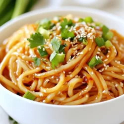 - Noodles: Use 8 oz (225 g) of udon or soba noodles. They have a great texture and soak up the sauce well. - Garlic and ginger: You will need 4 cloves of garlic, finely minced, and 1 teaspoon of fresh ginger, grated. This adds a punch of flavor to the dish. - Sauce components: - 3 tablespoons sesame oil for richness. - 2 tablespoons soy sauce for saltiness. - 1 tablespoon chili oil for heat (adjust to your taste). - 1 tablespoon rice vinegar for balance. - 1 tablespoon honey or maple syrup for sweetness. These ingredients work together to create a deliciously spicy and savory sauce that coats the noodles perfectly. {{ingredient_image_2}} First, fill a large pot with water and add salt. Bring this water to a rapid boil. Once boiling, add 8 ounces of noodles. You can use udon or soba noodles. Cook the noodles according to the package instructions. This usually takes about 6 to 8 minutes for them to reach a nice al dente texture. When they are ready, drain the noodles in a colander. Rinse them under cold water for a few seconds. This stops the cooking and keeps the noodles firm. Set the drained noodles aside in a large mixing bowl. Next, grab a medium bowl. Add 4 minced garlic cloves, 3 tablespoons of sesame oil, and 2 tablespoons of soy sauce. Then, add 1 tablespoon of chili oil for spice, 1 tablespoon of rice vinegar, and 1 tablespoon of honey. If you want a vegan option, use maple syrup instead. Don’t forget to add 1 teaspoon of grated fresh ginger. Whisk all these ingredients together until they form a smooth sauce. This fragrant mixture brings all the flavors together. Now it’s time to put everything together. Pour the sauce over the noodles in your mixing bowl. Use tongs or a fork to gently toss the noodles. Make sure every noodle gets a nice coating of the spicy sauce. This step is key for even flavor. Once coated, sprinkle 2 sliced green onions and 2 tablespoons of toasted sesame seeds on top. Toss gently again to mix in the garnishes. Taste your noodles and add salt if needed. - Al dente tips: Cook the noodles until they are firm yet tender. This means they should have a slight bite. Check the package for timing, but start tasting a minute or two early. - Rinsing benefits: Rinse the noodles in cold water after draining. This stops the cooking process and helps keep them from sticking together. Rinsing also cools them down, making them easier to handle. - Adjusting spice levels: If you like it hot, add more chili oil. Start with one tablespoon and taste. You can always add more spice, but you can’t take it out! - Alternative sweeteners for different diets: Use honey for sweetness, but maple syrup works well for a vegan option. You can also try agave nectar or brown sugar for different flavors. - Serving suggestions: Serve the noodles in deep, colorful bowls. This makes the dish pop! You can also add a drizzle of sesame oil on top for an extra touch. - Garnishing techniques: Sprinkle sliced green onions and toasted sesame seeds on top for crunch and color. Fresh cilantro adds a nice finish, but it’s optional if you don’t like it. Pro Tips Adjust the Spice Level: Feel free to modify the amount of chili oil based on your personal heat tolerance. Start with less and add more as needed for a perfect kick! Use Fresh Ingredients: Fresh garlic and ginger will enhance the flavors significantly. Whenever possible, opt for freshly minced garlic and freshly grated ginger for a more vibrant taste. Customize Your Toppings: Consider adding vegetables like bell peppers, carrots, or snap peas for extra crunch and nutrition. You can also include protein sources like tofu or chicken to make it a complete meal. Store Leftovers Properly: If you have leftovers, store the noodles in an airtight container in the fridge. Reheat with a splash of water or more sesame oil to revive the flavors before serving. {{image_4}} You can easily make this dish vegan. Start by swapping honey for maple syrup. This change keeps the sweetness while making it plant-based. Also, ensure your soy sauce is gluten-free if needed. You can add tofu or tempeh for extra protein. Both options absorb flavors well and add a nice texture. While udon or soba noodles are great, feel free to try rice noodles, whole wheat, or even zucchini noodles. Each type has a unique taste and texture. Cooking times vary, so check the package for specific instructions. Rice noodles usually take about 5-7 minutes, while zucchini noodles cook quickly in just 2-3 minutes. Want to boost flavors? Add cooked veggies like bell peppers or broccoli. They add color and crunch. You might also try proteins like chicken, shrimp, or edamame. Fresh herbs like basil or mint can brighten the dish. For a crunch, sprinkle with crushed peanuts or cashews. These add a delightful texture and taste. To keep your noodles fresh, use an airtight container. Make sure the container seals well. Store the noodles in the fridge. They will stay good for up to three days. If you want to keep them longer, freezing is a great option. Reheat your noodles on the stove for the best taste. Add a splash of water or sesame oil. Heat them over low to medium heat. Stir often to keep them from sticking. This should take about 5 to 7 minutes. You can also use a microwave. Heat in short bursts, about 30 seconds at a time, stirring in between. To freeze your noodles, place them in a freezer-safe bag. Remove as much air as possible before sealing. You can freeze them for up to two months. When you're ready to eat, thaw them overnight in the fridge. You can also run them under cold water for a quick thaw. You can use garlic powder or garlic oil. These give a milder flavor. If you want to avoid garlic altogether, try shallots or chives. Both add a nice taste without garlic's strong kick. The heat level depends on the chili oil. Start with one tablespoon for mild spice. If you like more heat, add more chili oil. You can also use crushed red pepper flakes for extra kick. Adjust the spice to fit your taste. Yes, you can use gluten-free noodles. Look for rice noodles or gluten-free soba. When choosing sauces, check for gluten-free soy sauce. Some brands offer great taste without gluten. Adjust the rest of the recipe as needed for a gluten-free meal. This blog post covered the essentials for making spicy garlic sesame noodles. We looked at key ingredients like noodles, garlic, and sauce components. I walked you through cooking methods, emphasizing perfect noodle texture and sauce consistency. Remember, customization and presentation can make your dish shine. Don't forget about storage tips for leftovers. With these insights, you can create delicious and adaptable meals. Enjoy exploring your own noodle creations while mastering this simple recipe!
