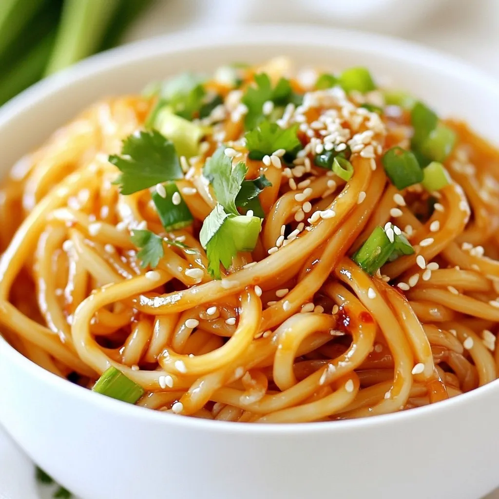 - Noodles: Use 8 oz (225 g) of udon or soba noodles. They have a great texture and soak up the sauce well. - Garlic and ginger: You will need 4 cloves of garlic, finely minced, and 1 teaspoon of fresh ginger, grated. This adds a punch of flavor to the dish. - Sauce components: - 3 tablespoons sesame oil for richness. - 2 tablespoons soy sauce for saltiness. - 1 tablespoon chili oil for heat (adjust to your taste). - 1 tablespoon rice vinegar for balance. - 1 tablespoon honey or maple syrup for sweetness. These ingredients work together to create a deliciously spicy and savory sauce that coats the noodles perfectly. {{ingredient_image_2}} First, fill a large pot with water and add salt. Bring this water to a rapid boil. Once boiling, add 8 ounces of noodles. You can use udon or soba noodles. Cook the noodles according to the package instructions. This usually takes about 6 to 8 minutes for them to reach a nice al dente texture. When they are ready, drain the noodles in a colander. Rinse them under cold water for a few seconds. This stops the cooking and keeps the noodles firm. Set the drained noodles aside in a large mixing bowl. Next, grab a medium bowl. Add 4 minced garlic cloves, 3 tablespoons of sesame oil, and 2 tablespoons of soy sauce. Then, add 1 tablespoon of chili oil for spice, 1 tablespoon of rice vinegar, and 1 tablespoon of honey. If you want a vegan option, use maple syrup instead. Don’t forget to add 1 teaspoon of grated fresh ginger. Whisk all these ingredients together until they form a smooth sauce. This fragrant mixture brings all the flavors together. Now it’s time to put everything together. Pour the sauce over the noodles in your mixing bowl. Use tongs or a fork to gently toss the noodles. Make sure every noodle gets a nice coating of the spicy sauce. This step is key for even flavor. Once coated, sprinkle 2 sliced green onions and 2 tablespoons of toasted sesame seeds on top. Toss gently again to mix in the garnishes. Taste your noodles and add salt if needed. - Al dente tips: Cook the noodles until they are firm yet tender. This means they should have a slight bite. Check the package for timing, but start tasting a minute or two early. - Rinsing benefits: Rinse the noodles in cold water after draining. This stops the cooking process and helps keep them from sticking together. Rinsing also cools them down, making them easier to handle. - Adjusting spice levels: If you like it hot, add more chili oil. Start with one tablespoon and taste. You can always add more spice, but you can’t take it out! - Alternative sweeteners for different diets: Use honey for sweetness, but maple syrup works well for a vegan option. You can also try agave nectar or brown sugar for different flavors. - Serving suggestions: Serve the noodles in deep, colorful bowls. This makes the dish pop! You can also add a drizzle of sesame oil on top for an extra touch. - Garnishing techniques: Sprinkle sliced green onions and toasted sesame seeds on top for crunch and color. Fresh cilantro adds a nice finish, but it’s optional if you don’t like it. Pro Tips Adjust the Spice Level: Feel free to modify the amount of chili oil based on your personal heat tolerance. Start with less and add more as needed for a perfect kick! Use Fresh Ingredients: Fresh garlic and ginger will enhance the flavors significantly. Whenever possible, opt for freshly minced garlic and freshly grated ginger for a more vibrant taste. Customize Your Toppings: Consider adding vegetables like bell peppers, carrots, or snap peas for extra crunch and nutrition. You can also include protein sources like tofu or chicken to make it a complete meal. Store Leftovers Properly: If you have leftovers, store the noodles in an airtight container in the fridge. Reheat with a splash of water or more sesame oil to revive the flavors before serving. {{image_4}} You can easily make this dish vegan. Start by swapping honey for maple syrup. This change keeps the sweetness while making it plant-based. Also, ensure your soy sauce is gluten-free if needed. You can add tofu or tempeh for extra protein. Both options absorb flavors well and add a nice texture. While udon or soba noodles are great, feel free to try rice noodles, whole wheat, or even zucchini noodles. Each type has a unique taste and texture. Cooking times vary, so check the package for specific instructions. Rice noodles usually take about 5-7 minutes, while zucchini noodles cook quickly in just 2-3 minutes. Want to boost flavors? Add cooked veggies like bell peppers or broccoli. They add color and crunch. You might also try proteins like chicken, shrimp, or edamame. Fresh herbs like basil or mint can brighten the dish. For a crunch, sprinkle with crushed peanuts or cashews. These add a delightful texture and taste. To keep your noodles fresh, use an airtight container. Make sure the container seals well. Store the noodles in the fridge. They will stay good for up to three days. If you want to keep them longer, freezing is a great option. Reheat your noodles on the stove for the best taste. Add a splash of water or sesame oil. Heat them over low to medium heat. Stir often to keep them from sticking. This should take about 5 to 7 minutes. You can also use a microwave. Heat in short bursts, about 30 seconds at a time, stirring in between. To freeze your noodles, place them in a freezer-safe bag. Remove as much air as possible before sealing. You can freeze them for up to two months. When you're ready to eat, thaw them overnight in the fridge. You can also run them under cold water for a quick thaw. You can use garlic powder or garlic oil. These give a milder flavor. If you want to avoid garlic altogether, try shallots or chives. Both add a nice taste without garlic's strong kick. The heat level depends on the chili oil. Start with one tablespoon for mild spice. If you like more heat, add more chili oil. You can also use crushed red pepper flakes for extra kick. Adjust the spice to fit your taste. Yes, you can use gluten-free noodles. Look for rice noodles or gluten-free soba. When choosing sauces, check for gluten-free soy sauce. Some brands offer great taste without gluten. Adjust the rest of the recipe as needed for a gluten-free meal. This blog post covered the essentials for making spicy garlic sesame noodles. We looked at key ingredients like noodles, garlic, and sauce components. I walked you through cooking methods, emphasizing perfect noodle texture and sauce consistency. Remember, customization and presentation can make your dish shine. Don't forget about storage tips for leftovers. With these insights, you can create delicious and adaptable meals. Enjoy exploring your own noodle creations while mastering this simple recipe!