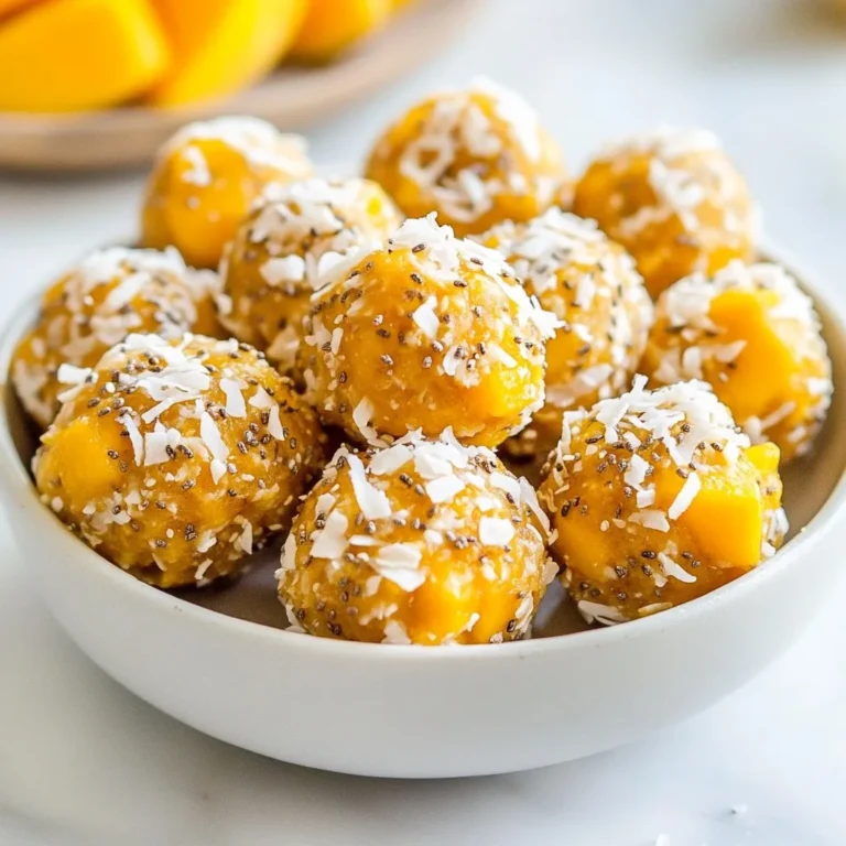 To make Coconut Mango Energy Bites, you'll need these ingredients: - 1 cup rolled oats - 1/2 cup dried mango, finely chopped - 1/2 cup unsweetened shredded coconut - 1/4 cup honey or maple syrup - 1/2 cup almond butter or peanut butter - 1 teaspoon vanilla extract - 1/4 teaspoon sea salt - 1/4 cup chia seeds or flaxseeds (optional) Each ingredient adds a unique taste and texture. The oats provide a hearty base. Dried mango gives a sweet, fruity flavor. Shredded coconut adds a nice chew. Honey or maple syrup binds everything together. Almond or peanut butter brings creaminess. Vanilla extract offers a warm aroma, while sea salt enhances all the flavors. If you need to swap ingredients, here are some ideas: - Rolled oats: Use quick oats or gluten-free oats for a different texture. - Dried mango: Swap with dried apricots or cranberries for a new flavor. - Honey or maple syrup: Agave syrup works well for a vegan option. - Nut butter: Sunflower seed butter is a great nut-free choice. - Vanilla extract: Use almond extract for a unique twist. - Chia seeds or flaxseeds: Omit if you prefer a simpler recipe. These substitutions can help you customize the energy bites for your taste or dietary needs. These energy bites are not just tasty, but they also offer good nutrition. Each bite has: - Calories: About 100 per bite - Protein: Around 3 grams - Fat: About 5 grams (mostly healthy fats) - Carbohydrates: Roughly 12 grams - Fiber: About 2 grams They are a great snack for energy without a sugar crash. Enjoy these bites after a workout or as a quick pick-me-up. {{ingredient_image_2}} To make Coconut Mango Energy Bites, gather your ingredients. You need oats, dried mango, shredded coconut, honey or maple syrup, almond butter, vanilla, salt, and optional seeds. The process is simple and fun! Start by taking a large mixing bowl. In this bowl, add 1 cup of rolled oats. Next, add 1/2 cup of finely chopped dried mango. Then, include 1/2 cup of unsweetened shredded coconut. If you want extra nutrition, toss in 1/4 cup of chia seeds or flaxseeds. Mix these dry ingredients well. Now, grab a medium-sized bowl. In this bowl, whisk together 1/4 cup of honey or maple syrup and 1/2 cup of almond or peanut butter. Add 1 teaspoon of vanilla extract and 1/4 teaspoon of sea salt. Keep whisking until the mixture is smooth and creamy. Gently pour the wet mixture into the bowl with dry ingredients. Use your hands or a spatula to mix everything well. You want every piece coated. Now, take small portions of the mixture and roll them into balls about 1 inch wide. If you find it sticky, dampen your hands with a bit of water. Place the rolled energy bites on a baking sheet lined with parchment paper. Put them in the refrigerator for at least 30 minutes. This helps them firm up. Once ready, store the bites in an airtight container in the fridge. They stay fresh for about a week, so enjoy them whenever you need a tasty boost! To make the best coconut mango energy bites, follow these simple steps. First, use high-quality dried mango. This adds great flavor and sweetness. Next, mix your dry ingredients well. Ensure the rolled oats, mango, and coconut are evenly combined. This helps every bite taste great. When mixing the wet ingredients, whisk until it is smooth. This way, you avoid lumps in your mixture. Finally, when rolling the bites, keep them uniform in size. Aim for about one inch in diameter. This ensures even chilling and easy serving. Many people make a few common errors. One mistake is not measuring the ingredients correctly. Always use measuring cups for accuracy. Another mistake is not chilling the bites long enough. If they are too soft, they won’t hold shape. Also, avoid overmixing when combining wet and dry ingredients. This can lead to tough bites. Lastly, don’t skip the salt. It enhances the overall flavor of the energy bites. To take your energy bites to the next level, get creative! Try adding nuts or seeds for crunch. Chopped walnuts or pecans work well. You can also add spices like cinnamon for warmth. A hint of lime zest can add a refreshing twist. For extra sweetness, drizzle honey or maple syrup on top. Consider using different nut butters, like cashew or sunflower seed butter. These variations keep your energy bites exciting and delicious! Pro Tips Use Fresh Ingredients: Opt for fresh, high-quality dried mango for the best flavor and texture in your energy bites. Experiment with Nut Butters: Try different nut butters such as cashew or sunflower seed butter for a unique twist on flavor. Chill for Firmness: Allow the energy bites to chill for longer than 30 minutes for a firmer texture, making them easier to handle. Storage Tips: Store your energy bites in the freezer for up to a month for a quick and nutritious snack option anytime! {{image_4}} You can change the taste of your Coconut Mango Energy Bites in fun ways. Try adding a pinch of cinnamon or nutmeg for warmth. You can also mix in some dark chocolate chips for a sweet touch. If you love citrus, a bit of lime zest brightens the flavor. Want a twist? Add a handful of chopped nuts for crunch. Making these energy bites vegan is simple. Use maple syrup instead of honey. For nut-free options, swap almond butter for sunflower seed butter. Always check labels to avoid cross-contamination. This way, everyone can enjoy these tasty bites. Boost the nutrition with protein powders like pea or hemp. Just mix in a scoop when combining the wet and dry ingredients. You can also add extra seeds, like pumpkin or hemp seeds, for added crunch and nutrients. This makes your bites even more filling and healthy. To keep your Coconut Mango Energy Bites fresh, store them in an airtight container. Place them in the refrigerator. This helps maintain their texture and flavor. Avoid leaving them out at room temperature for long periods. The cold keeps them firm and tasty. These energy bites stay fresh for up to one week when stored properly. After that, they may lose flavor or texture. It's best to enjoy them within this time frame. If you want to keep them longer, consider freezing them. You can freeze these energy bites for up to three months. To freeze, place them in a single layer on a baking sheet. This prevents them from sticking together. Once frozen, transfer them to an airtight bag or container. Label the container with the date, so you know when you made them. When you’re ready to eat, let them thaw in the fridge overnight. Enjoy your delicious snack anytime! You can swap almond butter for peanut butter. Sunflower seed butter works too. Both options add great taste and texture. Choose what fits your diet best. Store the energy bites in an airtight container. They stay fresh for about one week. Keep them in the fridge for the best flavor and texture. Fresh mango is not a good substitute. It has too much moisture. Dried mango adds the right sweetness and chewiness to each bite. Yes, these energy bites are gluten-free. The main ingredient, rolled oats, is safe. Always check the label to ensure no cross-contamination occurs. Each energy bite has about 100 calories. This can vary based on your ingredients. Keeping track helps you manage your snack choices better. In this blog post, I covered everything you need to know about making coconut mango energy bites. We explored the full ingredient list, substitutions, and nutrition facts. I shared step-by-step instructions for mixing and rolling the bites, plus tips to avoid common mistakes. You can even modify flavors and styles to suit your needs. Remember to store them properly for the best taste. Now you have all the tools to create your own tasty energy bites. Enjoy making them and experimenting with different flavors!