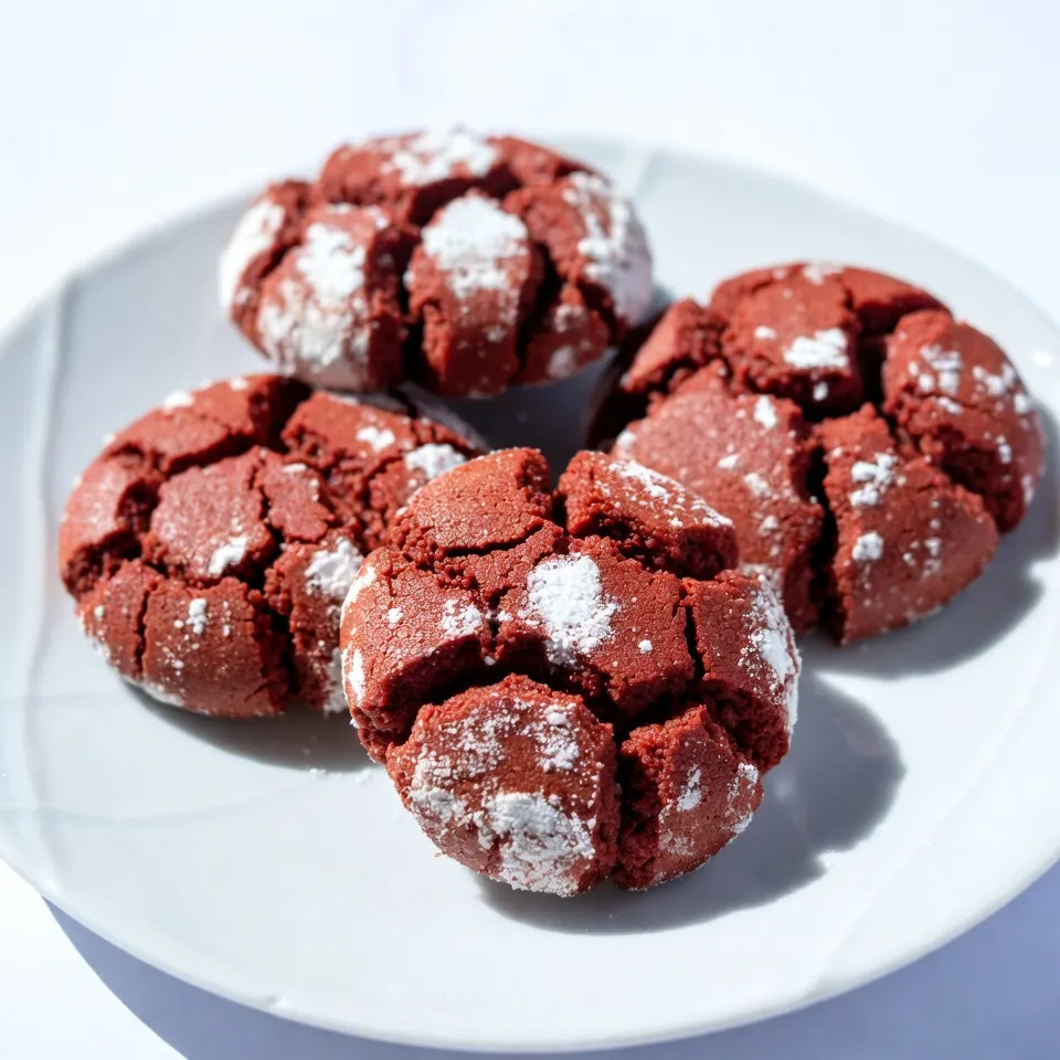 To make Red Velvet Crinkle Cookies, gather these simple ingredients: - 2 cups all-purpose flour - 1 tablespoon unsweetened cocoa powder - 1 teaspoon baking powder - 1/2 teaspoon baking soda - 1/4 teaspoon salt - 1/2 cup unsalted butter, softened - 1 cup granulated sugar - 1 large egg, at room temperature - 1 tablespoon red food coloring - 1 teaspoon pure vanilla extract - 1/2 cup powdered sugar (for rolling) When measuring, use dry measuring cups for flour and cocoa powder. Scoop the flour into the cup, then level it off with a knife. For the butter, make sure it is soft but not melted. This helps create a light and fluffy texture in your cookies. Use room temperature eggs, as they mix better with other ingredients. If you need to make swaps, here are some ideas: - For all-purpose flour, you can use a gluten-free blend. - Unsweetened cocoa powder can be replaced with dark cocoa for a richer flavor. - If you're out of granulated sugar, try using brown sugar for a slight caramel flavor. - Instead of red food coloring, try beet juice for a natural alternative. - You can use margarine if you don't have butter. These substitutions help you get creative while keeping the cookie's essence! {{ingredient_image_2}} Start by gathering all your ingredients. You need flour, cocoa powder, baking powder, baking soda, salt, butter, sugar, an egg, food coloring, and vanilla. Preheat your oven to 350°F (175°C). Line two baking sheets with parchment paper. This keeps the cookies from sticking and makes cleanup easy. In a medium bowl, whisk together the flour, cocoa powder, baking powder, baking soda, and salt. Use a whisk to mix well. Set this bowl aside for now. In a larger bowl, cream the softened butter and granulated sugar. Use an electric mixer for about 3 to 5 minutes. This makes the mixture light and fluffy. Next, add the egg, red food coloring, and vanilla. Mix until everything is combined. Slowly add the dry ingredients into the wet mixture. Stir gently with a spatula. Be careful not to over-mix, or the cookies may become dense. Cover the dough tightly with plastic wrap. Chill it in the fridge for at least 30 minutes. Chilling makes the dough easier to handle. After chilling, pour powdered sugar into a shallow dish. Scoop out tablespoon-sized portions of dough and roll them into balls. Next, roll each ball in powdered sugar. Make sure they are fully coated. Shake off any extra sugar. Place the balls on the prepared baking sheets, leaving space between them. This allows them to spread while baking. Start by setting your oven to 350°F (175°C). This step is key. A hot oven helps the cookies rise and bake evenly. While the oven heats, prepare your baking sheets. Line them with parchment paper. This will stop the cookies from sticking. Here are some simple tips for baking great cookies: - Space Them: Place cookie balls about 2 inches apart on the sheet. They need room to spread. - Watch the Time: Bake for 10 to 12 minutes. The edges should feel firm, but the center stays soft. - Don’t Overmix: When adding dry ingredients to wet, mix just until combined. Overmixing can lead to tough cookies. These tips help you make cookies with a soft center and crisp edges. After baking, let your cookies cool on the sheet for about 5 minutes. This helps them firm up. Then, move them to a wire rack. Let them cool completely there. For a sweet touch, dust cooled cookies with extra powdered sugar. Arrange them on a decorative platter. This not only looks nice, but also makes them more tempting! Pro Tips Chill for Success: Refrigerating the dough not only makes it easier to handle but also helps the cookies maintain their shape and enhances their texture. Quality Food Coloring: Use gel food coloring for a more vibrant red color without adding extra liquid, which can alter the dough's consistency. Don't Overmix: When combining wet and dry ingredients, mix just until incorporated to keep the cookies light and fluffy. Storage Tips: Store leftover cookies in an airtight container at room temperature for up to a week to keep them fresh and chewy. {{image_4}} To get that perfect texture for your Red Velvet Crinkle Cookies, follow a few key steps: - Use room temperature butter: This helps create a fluffy mix when you cream it with sugar. - Don’t skip chilling the dough: Refrigerating it for at least 30 minutes makes it easier to handle and helps the cookies keep their shape. - Avoid over-mixing: When combining wet and dry ingredients, mix just until combined. Over-mixing can make your cookies dense rather than light and chewy. Watch out for these common pitfalls: - Not measuring flour correctly: Use the spoon-and-level method to avoid adding too much. - Skipping the baking powder and baking soda: These agents help your cookies rise and stay soft. - Baking too long: Cookies should be soft in the center when you take them out. They will firm up as they cool. Make your cookies shine with a few simple touches: - Dust with powdered sugar: This gives a festive look and highlights the crinkle effect. - Serve on a decorative platter: A beautiful display enhances the appeal of your cookies. - Add sprinkles or chocolate chips: These can add color and extra flavor to your cookies. You can play with flavors in Red Velvet Crinkle Cookies. For a twist, swap some cocoa powder for cinnamon. This mix gives a warm flavor. You can also add a splash of almond extract for a nutty touch. If you want a richer taste, try dark chocolate cocoa powder instead of unsweetened. This change makes the cookies even more decadent. Want to make these cookies your own? Add some fun mix-ins! Consider tossing in chocolate chips or white chocolate chips. Nuts like pecans or walnuts can add crunch. Dried fruit, like cranberries or cherries, can bring a sweet burst. Just remember not to overdo it. A handful of mix-ins is enough to keep the balance. You can easily make these cookies gluten-free. Just use a gluten-free flour blend instead of all-purpose flour. For vegan options, replace the egg with a flax egg. To make a flax egg, mix 1 tablespoon of ground flaxseed with 3 tablespoons of water. Let it sit for 5 minutes until it thickens. Use vegan butter for the same great texture without dairy. Enjoy these tasty cookies no matter your diet! Store your Red Velvet Crinkle Cookies in an airtight container. They stay fresh for about a week. For longer storage, place parchment paper between layers. This keeps them from sticking together. Yes, you can freeze the cookie dough. After rolling it into balls, place them on a baking sheet. Freeze until firm, then transfer them to a freezer bag. They stay good for up to three months. When ready to bake, just add a few extra minutes to the baking time. If you want a natural option, use beet juice or pomegranate juice. These give a beautiful color without artificial dyes. If you don’t mind a different hue, you can use cocoa powder for a chocolaty twist. You have learned how to make Red Velvet Crinkle Cookies from start to finish. We covered the key ingredients, how to mix them, and tips for baking and decorating. Remember, small changes can make a big difference. Practice will help you avoid common mistakes. Don't forget to try the variations for new flavors. Enjoy your cookies fresh or stored for later. Baking is both fun and rewarding, so keep experimenting. Your perfect cookie awaits!