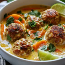 To create this delicious soup, gather these key ingredients: - 1 pound ground chicken or turkey - 1/2 cup breadcrumbs (preferably whole grain for added texture) - 1/4 cup fresh cilantro, finely chopped - 1 tablespoon fresh ginger, minced - 2 cloves garlic, minced - 1 large egg, lightly beaten - 1 teaspoon salt - 1 teaspoon freshly ground black pepper - 1 tablespoon curry powder (adjust to taste) - 1 can (13.5 oz) full-fat coconut milk - 4 cups low-sodium chicken or vegetable broth - 1 tablespoon fresh lime juice (about 1 lime) - 1 cup carrots, thinly sliced (preferably julienned) - 1 cup colorful bell pepper, diced (choose your favorite mix) - 1 cup baby spinach (or any leafy greens of your choice) These ingredients will give the soup a rich taste and a warm feel. Adding a few garnishes can take your soup to the next level. Consider these options: - Fresh cilantro leaves - Lime wedges - Sliced red chili for heat - Chopped green onions for crunch These garnishes add flavor and color. They make the soup look appetizing. Whole grain breadcrumbs add a nice texture to the meatballs. They also boost the fiber content. Try these types: - Panko breadcrumbs for extra crunch - Homemade breadcrumbs made from whole grain bread - Gluten-free options if needed Using whole grain breadcrumbs enhances the overall nutrition. {{ingredient_image_2}} To start, grab a large mixing bowl. Add 1 pound of ground chicken or turkey. Next, mix in 1/2 cup of breadcrumbs for texture. I prefer whole grain, as it adds a nice crunch. Now, add 1/4 cup of finely chopped fresh cilantro. This gives a fresh taste. Then, mix in 1 tablespoon of minced ginger and 2 cloves of minced garlic. These ingredients add warmth and depth. Now, crack 1 large egg into the bowl and beat it lightly. This helps bind the meatballs. Sprinkle in 1 teaspoon of salt, 1 teaspoon of freshly ground black pepper, and 1 tablespoon of curry powder. The curry powder gives the meatballs a flavorful kick. Mix everything well until combined. Using your hands, roll the mixture into small balls. Aim for about 1 inch in diameter. Place them on a plate or baking sheet as you go. Set the meatballs aside while you prepare to cook them. In a large pot, heat a splash of oil over medium heat. Once hot, add the meatballs to the pot. Make sure they have space between them. Sauté the meatballs for about 5-7 minutes. You want them golden brown on all sides. This step adds flavor and texture. Once browned, carefully remove the meatballs from the pot. Place them on a plate and set them aside. In the same pot, pour in 4 cups of low-sodium chicken or vegetable broth. Bring this to a gentle simmer. Next, stir in 1 can of full-fat coconut milk. This makes the soup creamy and rich. Don’t forget to add 1 tablespoon of fresh lime juice. The lime adds brightness to the soup. Now, add 1 cup of thinly sliced carrots and 1 cup of diced colorful bell pepper. These veggies bring color and nutrients. Let this mixture cook for about 5 minutes. You want the vegetables tender but still vibrant. It's time to return the meatballs to the pot. Carefully place them back in and let them simmer for an additional 10 minutes. This step ensures the meatballs are cooked through and heated completely. Now, stir in 1 cup of baby spinach. Cook it just until it wilts, which should take about 1-2 minutes. Taste the soup and adjust the seasoning. You may want to add more salt or lime juice for flavor. When ready to serve, ladle the soup into deep bowls. Garnish with fresh cilantro leaves and a lime wedge. This adds a colorful touch and an extra zest of flavor. Enjoy your warm meal! To make your coconut curry meatball soup shine, you can add fresh herbs. Use cilantro and lime for a bright taste. A dash of fish sauce or soy sauce can deepen the flavor, too. Don’t forget to taste as you go. Adjust salt and lime juice for balance. If you want it creamier, add more coconut milk. A pinch of sugar can also round out the flavors nicely. To ensure your meatballs are perfect, mix the ingredients well but don’t overdo it. Over-mixing can make them tough. Use wet hands when rolling the meatballs. This helps prevent sticking. Make them about one inch in size for even cooking. Sauté them until golden brown, but don’t cook them all the way through at first. They will finish cooking in the soup. Keep the heat moderate to avoid burning. Spice levels can make or break your soup. Start with one tablespoon of curry powder. If you like it spicier, add more. You can also include red pepper flakes or diced jalapeños for heat. If it gets too spicy, balance it with more coconut milk or a little sugar. Always taste before serving, and adjust the spice to fit your family’s needs. Pro Tips Use Fresh Ingredients: Fresh herbs and vegetables enhance the flavor profile of your soup significantly. Opt for fresh cilantro, ginger, and vibrant bell peppers for the best results. Adjust Spice Levels: The curry powder can vary in spice intensity. Start with a smaller amount and gradually increase to suit your taste preference, especially if serving to guests. Make Ahead: This soup tastes even better the next day! Prepare it in advance and let the flavors meld overnight in the fridge. Reheat gently before serving. Garnish for Flavor: A squeeze of fresh lime juice just before serving brightens the flavors. Additionally, garnishing with cilantro adds a fresh touch and enhances the visual appeal. {{image_4}} You can switch up the meat in your meatballs. Ground beef or pork works well. If you want leaner options, try ground turkey or chicken. Each protein adds its own taste. For a bold flavor, use lamb. You can also mix meats for a unique twist. Just keep the seasonings the same for balance. Making this soup vegetarian or vegan is easy. Use plant-based ground meat for the meatballs. You can find many brands that taste great. Replace the egg with flaxseed meal mixed with water. This keeps the meatballs together. Use vegetable broth and coconut milk for a creamy base. Add chickpeas for extra protein. They pair well with the curry flavors. Feel free to swap out veggies with what’s in season. Zucchini, sweet potatoes, or peas work great. They bring new flavors and colors to your soup. You can also add mushrooms for an earthy taste. Remember, the goal is to keep it vibrant and healthy. Always aim for a mix of colors to make the dish pop. To keep your Coconut Curry Meatball Soup fresh, let it cool first. Once cool, pour the soup into an airtight container. Make sure to seal it tightly. Store it in the fridge for up to three days. This method keeps the flavors intact and prevents spoilage. If you want to save some for later, freezing is a great option. First, let the soup cool completely. Then, use freezer-safe containers or bags. Leave some space at the top of the container; liquids expand when frozen. The soup can last in the freezer for up to three months. Label the containers with the date to keep track. To reheat, thaw the soup in the fridge overnight if frozen. You can reheat it on the stove over medium heat. Stir often to keep it from sticking. If the soup seems too thick, add a little broth or water. For the best flavor, taste and adjust seasoning before serving. Enjoy your meal warm, garnished with fresh cilantro and lime! Yes, you can use other meats. Ground beef or pork works well. You can even try lamb for a different flavor. If you prefer a lighter option, use ground turkey or chicken, as the recipe suggests. Each type brings its own taste and texture. If you run out of coconut milk, try using almond or soy milk. These can add a nutty flavor. For a creamier texture, mix regular milk with a bit of coconut extract. Alternatively, blend silken tofu with water for a creamy base that mimics coconut milk. To add heat, include red pepper flakes or chopped fresh chili. You can also add a dash of hot sauce. Adjust the spice level to your liking by starting small. Taste as you go, and add more if you want a bigger kick. Absolutely! This soup stores well in the fridge for up to four days. You can also freeze it for up to three months. Just be sure to cool it completely before storing. When ready to eat, reheat gently on the stove or in the microwave. This blog covered how to make Coconut Curry Meatball Soup. You learned about key ingredients and cooking steps. We explored tips for rich flavors and varied proteins. Plus, I shared storage methods to keep your soup fresh. Cooking can be fun and easy with this recipe. Don’t hesitate to try your own twists. Enjoy your delicious soup today!