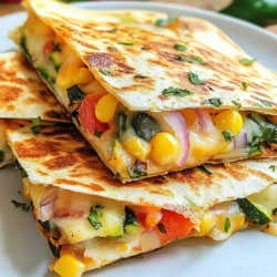 - 4 large flour tortillas - 1 cup shredded mozzarella cheese - 1 cup shredded cheddar cheese - 1 bell pepper (any color), thinly sliced - 1 small red onion, thinly sliced - 1 medium zucchini, diced - 1 cup fresh spinach leaves, roughly chopped - 1 cup corn kernels (fresh or frozen) - 1 tablespoon olive oil - 1 teaspoon garlic powder - 1 teaspoon ground cumin - 1 teaspoon smoked paprika - Salt and pepper to taste - Optional: salsa, sour cream, and guacamole for serving Using fresh ingredients is key to great flavor. Fresh vegetables give a crisp taste. They add color and texture too. Fresh herbs can enhance the dish more. Quality ingredients make a big difference. You can taste the love and care in every bite. Toppings can make your quesadillas even better. Salsa adds a zesty kick. Sour cream brings a cool creaminess. Guacamole offers a rich, buttery flavor. Feel free to mix and match these dips. They take your dish to the next level. Enjoy exploring these tasty options! {{ingredient_image_2}} Start by heating one tablespoon of olive oil in a large skillet over medium heat. Oil helps the veggies cook well. Wait until the oil shimmers. This shows it's ready. Add the sliced bell pepper, red onion, and diced zucchini to the skillet. Season the mix with salt, pepper, garlic powder, ground cumin, and smoked paprika. Stir the veggies for about 5-7 minutes. You want them soft and fragrant. Next, mix in the corn and chopped spinach. Cook this for 2-3 more minutes. The spinach should wilt nicely. Once the veggies are cooked, take the skillet off the heat and set it aside. Lay one flour tortilla flat on a clean surface. Spread half of the mozzarella and cheddar cheese over one half of the tortilla. This cheese will melt and bind the quesadilla. Spoon a generous amount of your sautéed veggie mix over the cheese. Top it with the rest of the cheese. This will hold everything together when you fold it. Carefully fold the tortilla in half. It should look like a half-moon. Put the skillet back on the stove. If needed, add a little more oil. Place the folded quesadilla in the skillet. Cook it over medium heat for about 2-3 minutes per side. You want both sides golden brown and crispy. The cheese inside should be melted and gooey. Repeat this for the rest of the tortillas. After cooking, let the quesadillas cool for a minute on a cutting board. Cut them into wedges and serve warm. Add salsa, sour cream, or guacamole for dipping. This makes each bite even better! To make Loaded Veggie Quesadillas, use basic tools. Here’s what you need: - Large skillet - Spatula - Cutting board - Sharp knife - Cheese grater A large skillet is key. It heats evenly and holds multiple quesadillas at once. A good spatula helps flip them without breaking. For the best melt, use a mix of mozzarella and cheddar. Mozzarella gets gooey, while cheddar adds flavor. Grate your cheese fresh. This helps it melt better than pre-shredded cheese. Layer cheese on both sides of the filling. This keeps your veggies inside and adds a cheesy crust. Crispy tortillas make your quesadillas better. Use medium heat while cooking. Too high heat burns them; too low makes them soggy. Lightly oil the skillet for extra crispiness. Flip the quesadilla carefully to avoid spills. Cook each side for about 2-3 minutes until golden brown. Enjoy the crunch! Pro Tips Use Fresh Ingredients: Fresh vegetables enhance the flavor and texture of your quesadillas. Look for vibrant, organic produce for the best results. Experiment with Cheese: While mozzarella and cheddar are great, try adding other cheeses like pepper jack or feta for a unique twist. Don’t Overstuff: Avoid overfilling your quesadillas. A well-balanced filling ensures they cook evenly and stay together while flipping. Keep Them Warm: If cooking in batches, keep the finished quesadillas warm in a low oven (around 200°F or 93°C) until ready to serve. {{image_4}} You can add protein to your quesadillas for extra flavor and nutrition. Chicken is a great choice. Use cooked, shredded chicken and mix it with the veggies. Tofu works well too. Press it to remove moisture, then cube it and sauté until golden. This adds a nice texture and protein boost. You can also use black beans or lentils for a tasty veggie option. Feel free to switch up the veggies in your quesadillas. Try mushrooms for an earthy taste or add broccoli for crunch. Carrots can bring a touch of sweetness. You can even throw in some jalapeños if you like heat. The key is to pick veggies you enjoy. Mix and match to create a new flavor every time. If you need a gluten-free option, use corn tortillas instead of flour. They hold up just as well and taste great. For a vegan version, skip the cheese and use a plant-based cheese or nutritional yeast. It gives a cheesy flavor without dairy. You can also add avocado for creaminess. These swaps make your quesadillas friendly for all diets. To store your leftover quesadillas, let them cool first. Place them in an airtight container. You can keep them in the fridge for up to three days. This helps keep them fresh and tasty. Do not stack them. This prevents them from getting soggy. If you want to freeze your quesadillas, wrap each one in plastic wrap. Then place them in a freezer bag. You can freeze them for up to three months. When ready to eat, just thaw them in the fridge overnight. To reheat quesadillas, use a skillet for the best results. Heat it on medium-low. Place the quesadilla in the skillet for about 3-4 minutes. Flip it halfway to ensure it heats evenly. You can also use an oven. Set it to 350°F (175°C) and heat for about 10-15 minutes. This will keep the quesadilla crispy. Yes, you can make Loaded Veggie Quesadillas ahead of time. Prepare the veggie filling and let it cool. Then, assemble the quesadillas but do not cook them. Wrap each quesadilla in plastic wrap or foil. Store them in the fridge for up to two days. When ready to eat, just cook them in a skillet. This saves time and makes for a quick meal. Quesadillas taste great with many sides. Here are some ideas: - Fresh guacamole: Its creaminess complements the cheese. - Salsa: Choose mild or spicy based on your preference. - Sour cream: This adds a cool touch. - Simple salad: A green salad adds freshness. - Rice and beans: These provide protein and fiber. You can easily adjust the spice level in Loaded Veggie Quesadillas. To make them milder, use less smoked paprika and skip spicy salsa. For more heat, add jalapeños or chili powder to the veggie filling. You can also serve a spicy salsa on the side for those who want extra kick. Adjusting spice lets you customize the flavor to your taste. In this post, we explored how to make loaded veggie quesadillas. Fresh ingredients are key, as they enhance the flavor. We discussed preparation, cooking techniques, and tips for achieving the perfect crunch. You can also customize these quesadillas with proteins or alternative veggies. Storing leftovers and reheating them correctly keeps them tasty. Thanks for exploring this delicious recipe with me. Enjoy creating your own unique quesadillas!