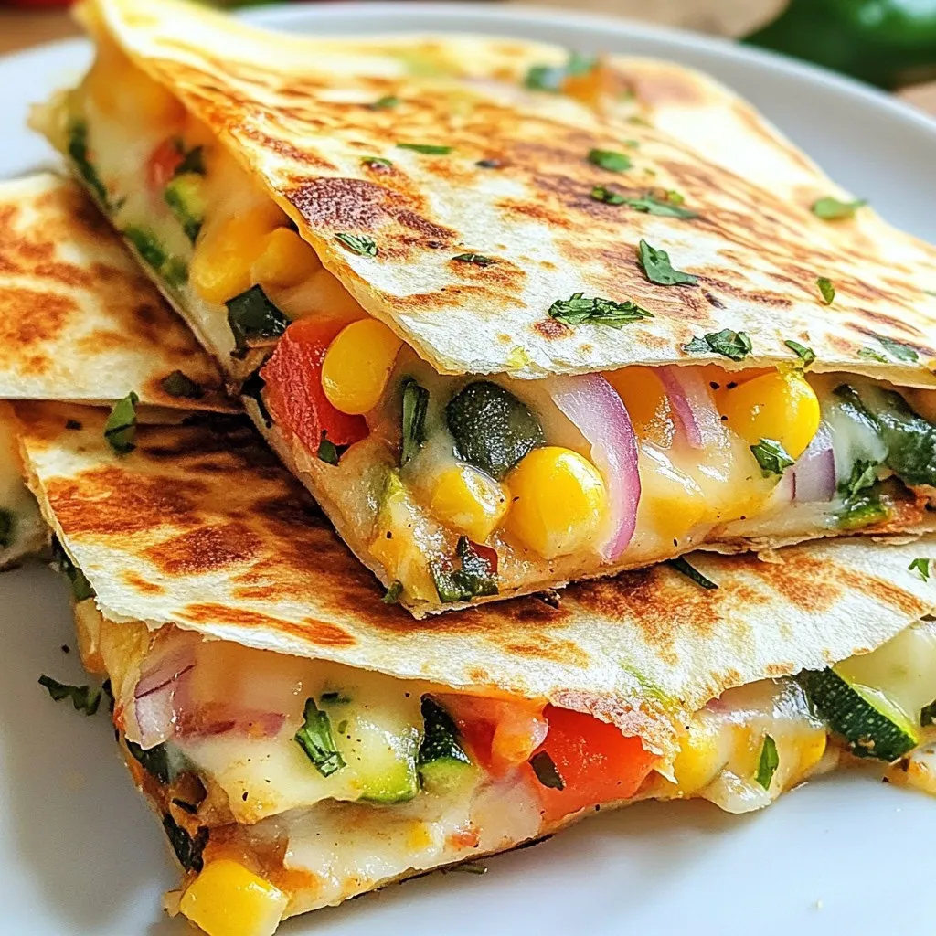 - 4 large flour tortillas - 1 cup shredded mozzarella cheese - 1 cup shredded cheddar cheese - 1 bell pepper (any color), thinly sliced - 1 small red onion, thinly sliced - 1 medium zucchini, diced - 1 cup fresh spinach leaves, roughly chopped - 1 cup corn kernels (fresh or frozen) - 1 tablespoon olive oil - 1 teaspoon garlic powder - 1 teaspoon ground cumin - 1 teaspoon smoked paprika - Salt and pepper to taste - Optional: salsa, sour cream, and guacamole for serving Using fresh ingredients is key to great flavor. Fresh vegetables give a crisp taste. They add color and texture too. Fresh herbs can enhance the dish more. Quality ingredients make a big difference. You can taste the love and care in every bite. Toppings can make your quesadillas even better. Salsa adds a zesty kick. Sour cream brings a cool creaminess. Guacamole offers a rich, buttery flavor. Feel free to mix and match these dips. They take your dish to the next level. Enjoy exploring these tasty options! {{ingredient_image_2}} Start by heating one tablespoon of olive oil in a large skillet over medium heat. Oil helps the veggies cook well. Wait until the oil shimmers. This shows it's ready. Add the sliced bell pepper, red onion, and diced zucchini to the skillet. Season the mix with salt, pepper, garlic powder, ground cumin, and smoked paprika. Stir the veggies for about 5-7 minutes. You want them soft and fragrant. Next, mix in the corn and chopped spinach. Cook this for 2-3 more minutes. The spinach should wilt nicely. Once the veggies are cooked, take the skillet off the heat and set it aside. Lay one flour tortilla flat on a clean surface. Spread half of the mozzarella and cheddar cheese over one half of the tortilla. This cheese will melt and bind the quesadilla. Spoon a generous amount of your sautéed veggie mix over the cheese. Top it with the rest of the cheese. This will hold everything together when you fold it. Carefully fold the tortilla in half. It should look like a half-moon. Put the skillet back on the stove. If needed, add a little more oil. Place the folded quesadilla in the skillet. Cook it over medium heat for about 2-3 minutes per side. You want both sides golden brown and crispy. The cheese inside should be melted and gooey. Repeat this for the rest of the tortillas. After cooking, let the quesadillas cool for a minute on a cutting board. Cut them into wedges and serve warm. Add salsa, sour cream, or guacamole for dipping. This makes each bite even better! To make Loaded Veggie Quesadillas, use basic tools. Here’s what you need: - Large skillet - Spatula - Cutting board - Sharp knife - Cheese grater A large skillet is key. It heats evenly and holds multiple quesadillas at once. A good spatula helps flip them without breaking. For the best melt, use a mix of mozzarella and cheddar. Mozzarella gets gooey, while cheddar adds flavor. Grate your cheese fresh. This helps it melt better than pre-shredded cheese. Layer cheese on both sides of the filling. This keeps your veggies inside and adds a cheesy crust. Crispy tortillas make your quesadillas better. Use medium heat while cooking. Too high heat burns them; too low makes them soggy. Lightly oil the skillet for extra crispiness. Flip the quesadilla carefully to avoid spills. Cook each side for about 2-3 minutes until golden brown. Enjoy the crunch! Pro Tips Use Fresh Ingredients: Fresh vegetables enhance the flavor and texture of your quesadillas. Look for vibrant, organic produce for the best results. Experiment with Cheese: While mozzarella and cheddar are great, try adding other cheeses like pepper jack or feta for a unique twist. Don’t Overstuff: Avoid overfilling your quesadillas. A well-balanced filling ensures they cook evenly and stay together while flipping. Keep Them Warm: If cooking in batches, keep the finished quesadillas warm in a low oven (around 200°F or 93°C) until ready to serve. {{image_4}} You can add protein to your quesadillas for extra flavor and nutrition. Chicken is a great choice. Use cooked, shredded chicken and mix it with the veggies. Tofu works well too. Press it to remove moisture, then cube it and sauté until golden. This adds a nice texture and protein boost. You can also use black beans or lentils for a tasty veggie option. Feel free to switch up the veggies in your quesadillas. Try mushrooms for an earthy taste or add broccoli for crunch. Carrots can bring a touch of sweetness. You can even throw in some jalapeños if you like heat. The key is to pick veggies you enjoy. Mix and match to create a new flavor every time. If you need a gluten-free option, use corn tortillas instead of flour. They hold up just as well and taste great. For a vegan version, skip the cheese and use a plant-based cheese or nutritional yeast. It gives a cheesy flavor without dairy. You can also add avocado for creaminess. These swaps make your quesadillas friendly for all diets. To store your leftover quesadillas, let them cool first. Place them in an airtight container. You can keep them in the fridge for up to three days. This helps keep them fresh and tasty. Do not stack them. This prevents them from getting soggy. If you want to freeze your quesadillas, wrap each one in plastic wrap. Then place them in a freezer bag. You can freeze them for up to three months. When ready to eat, just thaw them in the fridge overnight. To reheat quesadillas, use a skillet for the best results. Heat it on medium-low. Place the quesadilla in the skillet for about 3-4 minutes. Flip it halfway to ensure it heats evenly. You can also use an oven. Set it to 350°F (175°C) and heat for about 10-15 minutes. This will keep the quesadilla crispy. Yes, you can make Loaded Veggie Quesadillas ahead of time. Prepare the veggie filling and let it cool. Then, assemble the quesadillas but do not cook them. Wrap each quesadilla in plastic wrap or foil. Store them in the fridge for up to two days. When ready to eat, just cook them in a skillet. This saves time and makes for a quick meal. Quesadillas taste great with many sides. Here are some ideas: - Fresh guacamole: Its creaminess complements the cheese. - Salsa: Choose mild or spicy based on your preference. - Sour cream: This adds a cool touch. - Simple salad: A green salad adds freshness. - Rice and beans: These provide protein and fiber. You can easily adjust the spice level in Loaded Veggie Quesadillas. To make them milder, use less smoked paprika and skip spicy salsa. For more heat, add jalapeños or chili powder to the veggie filling. You can also serve a spicy salsa on the side for those who want extra kick. Adjusting spice lets you customize the flavor to your taste. In this post, we explored how to make loaded veggie quesadillas. Fresh ingredients are key, as they enhance the flavor. We discussed preparation, cooking techniques, and tips for achieving the perfect crunch. You can also customize these quesadillas with proteins or alternative veggies. Storing leftovers and reheating them correctly keeps them tasty. Thanks for exploring this delicious recipe with me. Enjoy creating your own unique quesadillas!