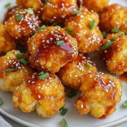 To make sweet chili cauliflower bites, you need: - 1 medium cauliflower, broken into bite-sized florets - 1 cup all-purpose flour - 1 teaspoon garlic powder - 1 teaspoon onion powder - 1 teaspoon smoked paprika - 1/2 teaspoon salt - 1/2 teaspoon black pepper - 1 cup water (or plant-based milk) - 1 cup panko breadcrumbs - 1/2 cup sweet chili sauce - 2 tablespoons sesame oil - 1 tablespoon soy sauce (or tamari) - Chopped green onions (for garnish) - Toasted sesame seeds (for garnish) Most of these ingredients use common measurement units. For dry items, like flour and spices, we use cups and teaspoons. For liquid items, we use cups and tablespoons. This helps keep things simple and clear. You can change some ingredients based on what you have. Here are some options: - Use gluten-free flour if you need a gluten-free snack. - Swap soy sauce with tamari for a gluten-free option. - If you don’t have panko, regular breadcrumbs work too, but they may not be as crispy. - For a creamier batter, try plant-based milk instead of water. - Add chili flakes for more heat if you like spicy foods. With these ingredients, you can create a tasty snack that everyone will love! {{ingredient_image_2}} Start by preheating your oven to 400°F (200°C). This makes sure the bites cook evenly. Line a baking sheet with parchment paper. This helps keep the cauliflower from sticking and makes cleanup easy. In a large bowl, mix together the flour, garlic powder, onion powder, smoked paprika, salt, and black pepper. Whisk these dry ingredients until they are well blended. Next, slowly add water or plant-based milk to the bowl while whisking. You want a smooth batter without lumps. Break your cauliflower into bite-sized florets. Take each floret and dip it into the batter. Let any extra batter drip off. Then, roll the floret in panko breadcrumbs until it is fully coated. This gives our bites a nice crunch. Place the coated florets on the baking sheet in a single layer. Make sure they are not crowded, or they won't cook well. Now, it’s time to bake! Put your baking sheet in the oven for 25-30 minutes. Halfway through, turn the florets. This helps them brown evenly. You want them to be golden brown and crispy when done. While the cauliflower is baking, prepare the sauce. In a small bowl, mix together the sweet chili sauce, sesame oil, and soy sauce. Whisk these ingredients well to combine the flavors. When the cauliflower bites are finished baking, take them out of the oven. Drizzle the sweet chili sauce mixture over the cauliflower. Toss them gently to coat each piece evenly. Put the coated bites back in the oven for an extra 5-10 minutes. This step allows the sauce to caramelize, adding extra flavor. When they are done, let them cool for a minute before serving. Enjoy your warm, flavorful snack! To get that perfect crunch, use panko breadcrumbs. They are lighter and crispier than regular bread crumbs. When coating the cauliflower, make sure each piece is fully covered. Don’t rush this step! Dip the florets in the batter, then roll them well in panko. Also, bake the bites in a single layer. If they touch, they may steam instead of crisp. Turn the bites halfway through cooking. This helps them brown evenly. For an even crispier texture, spray a light coat of oil over the bites before baking. For a deeper flavor, add smoked paprika to the batter. It gives a nice smoky taste. You can also mix in spices like cayenne pepper for heat or cumin for warmth. Don't forget to garnish with green onions and toasted sesame seeds. They add color and crunch as well! Try using plant-based milk instead of water for the batter. It makes the coating richer and more flavorful. If you like a tangy twist, squeeze some lime juice over the bites just before serving. One common mistake is overcrowding the baking sheet. If the florets touch, they won’t get crispy. Make sure to space them out. Another mistake is not preheating the oven. A hot oven helps the bites cook quickly and evenly. Make sure to coat the cauliflower well. If the batter is too thin, it won’t stick. If it’s too thick, it may not fry well. Also, don’t skip the final bake after adding the sauce. This step is key to caramelizing the sauce and enhancing the flavor. Pro Tips Choose the Right Cauliflower: Opt for fresh, firm cauliflower heads without brown spots for the best texture and taste. Experiment with Seasonings: Feel free to add your favorite spices or herbs to the batter for a personalized flavor twist. Double the Sauce: If you love a saucy finish, consider doubling the sweet chili sauce mixture for extra flavor. Serve Immediately: For the crispiest bites, serve them right out of the oven while they're still hot and crunchy. {{image_4}} You can easily make this recipe gluten-free. Just swap the all-purpose flour with a gluten-free blend. Many brands offer great options that work well. For the panko breadcrumbs, look for gluten-free varieties. You can find these in most grocery stores. This way, you keep the crunch without the gluten. To make this dish vegan, use plant-based milk instead of water in the batter. You can also use tamari instead of soy sauce. This keeps the flavor while making it fully vegan. The sweet chili sauce is usually vegan, but check the label to be sure. These small changes let everyone enjoy the bites. If you love spice, add some heat to the bites. You can mix a teaspoon of cayenne pepper into the batter. Another option is to drizzle some sriracha over the finished bites. This adds a nice kick without overpowering the sweet chili flavor. You can also serve extra sweet chili sauce mixed with hot sauce on the side for dipping. This makes it fun for everyone to choose their heat level. After you enjoy your sweet chili cauliflower bites, save the leftovers. Let them cool to room temperature first. Then, place them in an airtight container. Store them in the fridge for up to three days. This keeps them fresh and tasty. To reheat the bites, use an oven or an air fryer. Preheat your oven to 350°F (175°C). Spread the bites on a baking sheet. Heat for about 10-15 minutes until they are warm and crispy again. If using an air fryer, set it to 350°F and heat for about 5-7 minutes. This way, they stay crunchy, just like fresh. You can also freeze the cauliflower bites. First, let them cool completely. Arrange them in a single layer on a baking sheet. Freeze for a couple of hours until solid. Then, transfer them to a freezer-safe bag. They can last for up to three months in the freezer. When ready to eat, bake them straight from the freezer. Just add a few extra minutes to the cooking time for best results. You can serve sweet chili cauliflower bites with many tasty sides. Some great options include: - White rice or brown rice - Quinoa for a nutty flavor - Fresh salad with greens and veggies - Dipping sauces like extra sweet chili sauce or soy sauce - Crunchy veggies like carrot sticks or cucumber slices These sides enhance the meal and balance flavors well. Yes, you can prepare sweet chili cauliflower bites ahead of time. Here’s how: 1. Prep the cauliflower: You can coat the florets in batter and breadcrumbs. Store them in the fridge for up to 24 hours. 2. Bake when ready: Bake the coated cauliflower just before serving for the best crunch. 3. Make the sauce: You can mix the sauce ahead of time. Just store it in a sealed container in the fridge. This method saves time and makes hosting easy. If you want to tone down the spice, follow these tips: - Use less sweet chili sauce: Start with a smaller amount and add more to taste. - Add a creamy dip: Serve with ranch or yogurt-based dip to cool the heat. - Mix in sweetness: Combine the sauce with a bit of honey or sugar to balance the spice. These tricks will help you enjoy the flavors without too much heat. This post covered everything you need for Sweet Chili Cauliflower Bites. We looked at ingredients, preparation steps, and baking specifics. You learned tips for crispiness and common mistakes to avoid. I shared fun variations like gluten-free and vegan options. Finally, we talked about storage and reheating. Try these bites for a tasty treat. Adjust the spice to suit your taste. Enjoy cooking and make it your own!