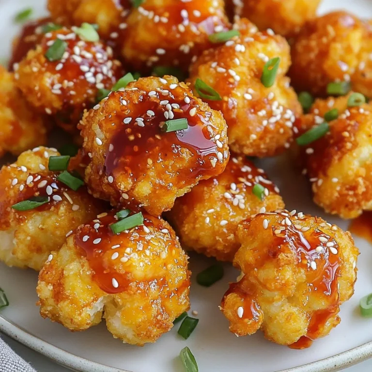 To make sweet chili cauliflower bites, you need: - 1 medium cauliflower, broken into bite-sized florets - 1 cup all-purpose flour - 1 teaspoon garlic powder - 1 teaspoon onion powder - 1 teaspoon smoked paprika - 1/2 teaspoon salt - 1/2 teaspoon black pepper - 1 cup water (or plant-based milk) - 1 cup panko breadcrumbs - 1/2 cup sweet chili sauce - 2 tablespoons sesame oil - 1 tablespoon soy sauce (or tamari) - Chopped green onions (for garnish) - Toasted sesame seeds (for garnish) Most of these ingredients use common measurement units. For dry items, like flour and spices, we use cups and teaspoons. For liquid items, we use cups and tablespoons. This helps keep things simple and clear. You can change some ingredients based on what you have. Here are some options: - Use gluten-free flour if you need a gluten-free snack. - Swap soy sauce with tamari for a gluten-free option. - If you don’t have panko, regular breadcrumbs work too, but they may not be as crispy. - For a creamier batter, try plant-based milk instead of water. - Add chili flakes for more heat if you like spicy foods. With these ingredients, you can create a tasty snack that everyone will love! {{ingredient_image_2}} Start by preheating your oven to 400°F (200°C). This makes sure the bites cook evenly. Line a baking sheet with parchment paper. This helps keep the cauliflower from sticking and makes cleanup easy. In a large bowl, mix together the flour, garlic powder, onion powder, smoked paprika, salt, and black pepper. Whisk these dry ingredients until they are well blended. Next, slowly add water or plant-based milk to the bowl while whisking. You want a smooth batter without lumps. Break your cauliflower into bite-sized florets. Take each floret and dip it into the batter. Let any extra batter drip off. Then, roll the floret in panko breadcrumbs until it is fully coated. This gives our bites a nice crunch. Place the coated florets on the baking sheet in a single layer. Make sure they are not crowded, or they won't cook well. Now, it’s time to bake! Put your baking sheet in the oven for 25-30 minutes. Halfway through, turn the florets. This helps them brown evenly. You want them to be golden brown and crispy when done. While the cauliflower is baking, prepare the sauce. In a small bowl, mix together the sweet chili sauce, sesame oil, and soy sauce. Whisk these ingredients well to combine the flavors. When the cauliflower bites are finished baking, take them out of the oven. Drizzle the sweet chili sauce mixture over the cauliflower. Toss them gently to coat each piece evenly. Put the coated bites back in the oven for an extra 5-10 minutes. This step allows the sauce to caramelize, adding extra flavor. When they are done, let them cool for a minute before serving. Enjoy your warm, flavorful snack! To get that perfect crunch, use panko breadcrumbs. They are lighter and crispier than regular bread crumbs. When coating the cauliflower, make sure each piece is fully covered. Don’t rush this step! Dip the florets in the batter, then roll them well in panko. Also, bake the bites in a single layer. If they touch, they may steam instead of crisp. Turn the bites halfway through cooking. This helps them brown evenly. For an even crispier texture, spray a light coat of oil over the bites before baking. For a deeper flavor, add smoked paprika to the batter. It gives a nice smoky taste. You can also mix in spices like cayenne pepper for heat or cumin for warmth. Don't forget to garnish with green onions and toasted sesame seeds. They add color and crunch as well! Try using plant-based milk instead of water for the batter. It makes the coating richer and more flavorful. If you like a tangy twist, squeeze some lime juice over the bites just before serving. One common mistake is overcrowding the baking sheet. If the florets touch, they won’t get crispy. Make sure to space them out. Another mistake is not preheating the oven. A hot oven helps the bites cook quickly and evenly. Make sure to coat the cauliflower well. If the batter is too thin, it won’t stick. If it’s too thick, it may not fry well. Also, don’t skip the final bake after adding the sauce. This step is key to caramelizing the sauce and enhancing the flavor. Pro Tips Choose the Right Cauliflower: Opt for fresh, firm cauliflower heads without brown spots for the best texture and taste. Experiment with Seasonings: Feel free to add your favorite spices or herbs to the batter for a personalized flavor twist. Double the Sauce: If you love a saucy finish, consider doubling the sweet chili sauce mixture for extra flavor. Serve Immediately: For the crispiest bites, serve them right out of the oven while they're still hot and crunchy. {{image_4}} You can easily make this recipe gluten-free. Just swap the all-purpose flour with a gluten-free blend. Many brands offer great options that work well. For the panko breadcrumbs, look for gluten-free varieties. You can find these in most grocery stores. This way, you keep the crunch without the gluten. To make this dish vegan, use plant-based milk instead of water in the batter. You can also use tamari instead of soy sauce. This keeps the flavor while making it fully vegan. The sweet chili sauce is usually vegan, but check the label to be sure. These small changes let everyone enjoy the bites. If you love spice, add some heat to the bites. You can mix a teaspoon of cayenne pepper into the batter. Another option is to drizzle some sriracha over the finished bites. This adds a nice kick without overpowering the sweet chili flavor. You can also serve extra sweet chili sauce mixed with hot sauce on the side for dipping. This makes it fun for everyone to choose their heat level. After you enjoy your sweet chili cauliflower bites, save the leftovers. Let them cool to room temperature first. Then, place them in an airtight container. Store them in the fridge for up to three days. This keeps them fresh and tasty. To reheat the bites, use an oven or an air fryer. Preheat your oven to 350°F (175°C). Spread the bites on a baking sheet. Heat for about 10-15 minutes until they are warm and crispy again. If using an air fryer, set it to 350°F and heat for about 5-7 minutes. This way, they stay crunchy, just like fresh. You can also freeze the cauliflower bites. First, let them cool completely. Arrange them in a single layer on a baking sheet. Freeze for a couple of hours until solid. Then, transfer them to a freezer-safe bag. They can last for up to three months in the freezer. When ready to eat, bake them straight from the freezer. Just add a few extra minutes to the cooking time for best results. You can serve sweet chili cauliflower bites with many tasty sides. Some great options include: - White rice or brown rice - Quinoa for a nutty flavor - Fresh salad with greens and veggies - Dipping sauces like extra sweet chili sauce or soy sauce - Crunchy veggies like carrot sticks or cucumber slices These sides enhance the meal and balance flavors well. Yes, you can prepare sweet chili cauliflower bites ahead of time. Here’s how: 1. Prep the cauliflower: You can coat the florets in batter and breadcrumbs. Store them in the fridge for up to 24 hours. 2. Bake when ready: Bake the coated cauliflower just before serving for the best crunch. 3. Make the sauce: You can mix the sauce ahead of time. Just store it in a sealed container in the fridge. This method saves time and makes hosting easy. If you want to tone down the spice, follow these tips: - Use less sweet chili sauce: Start with a smaller amount and add more to taste. - Add a creamy dip: Serve with ranch or yogurt-based dip to cool the heat. - Mix in sweetness: Combine the sauce with a bit of honey or sugar to balance the spice. These tricks will help you enjoy the flavors without too much heat. This post covered everything you need for Sweet Chili Cauliflower Bites. We looked at ingredients, preparation steps, and baking specifics. You learned tips for crispiness and common mistakes to avoid. I shared fun variations like gluten-free and vegan options. Finally, we talked about storage and reheating. Try these bites for a tasty treat. Adjust the spice to suit your taste. Enjoy cooking and make it your own!