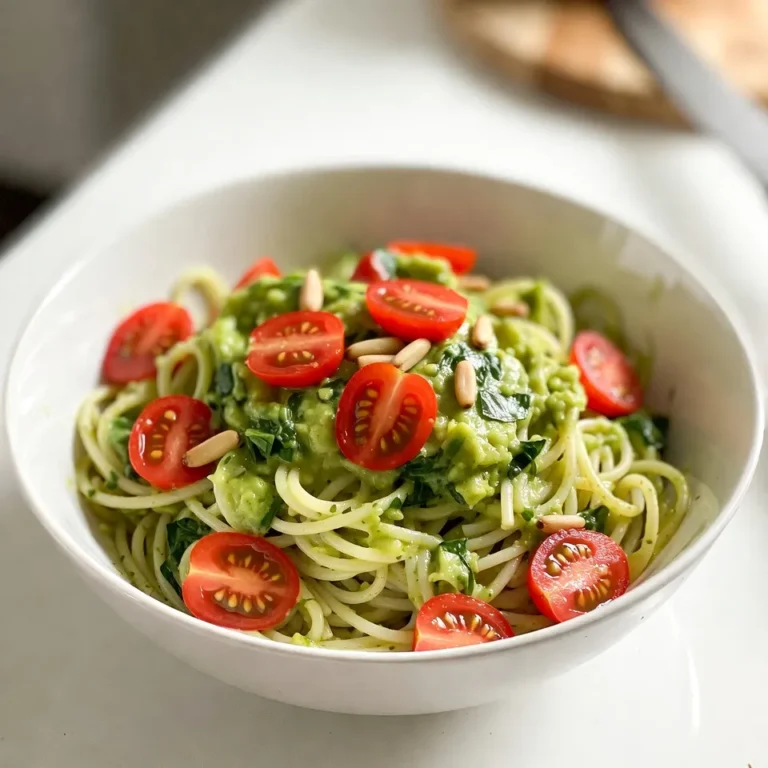 To make Green Goddess Avocado Pasta, gather these simple and fresh ingredients: - 8 oz spaghetti or preferred pasta - 2 ripe avocados, peeled and pitted - 1 cup fresh basil leaves, packed - 1/2 cup fresh spinach leaves - 2 tablespoons freshly squeezed lemon juice - 2 cloves garlic, minced - 1/4 cup Greek yogurt (or vegan alternative) - 1/4 cup extra virgin olive oil - Salt and freshly ground black pepper, to taste - Handful of cherry tomatoes, halved (for garnish) - 2 tablespoons toasted pine nuts or walnuts (for garnish) These ingredients come together to create a creamy and bright sauce. The avocados add healthy fats, while the herbs bring fresh flavors. The yogurt gives the sauce a nice tang. You can easily swap the pasta type to fit your taste. This dish is not just tasty; it’s also a fun way to eat more greens! {{ingredient_image_2}} - Bring salted water to a boil. - Cook pasta according to package instructions. - Reserve pasta water and drain. Start by boiling a large pot of salted water. This adds flavor to the pasta. When the water bubbles, add 8 ounces of your favorite pasta. I like spaghetti, but you can choose what you prefer. Cook until it's al dente, which means firm to the bite. This usually takes about 8 to 10 minutes. After cooking, drain the pasta in a colander. Remember to save half a cup of that starchy pasta water for later. - Combine avocados, basil, spinach, lemon juice, garlic, yogurt, and olive oil in a food processor. - Blend until smooth and adjust consistency with reserved pasta water. While the pasta cooks, let's make the sauce. In a food processor, add the two ripe avocados, one cup of fresh basil leaves, and half a cup of fresh spinach. Then, squeeze in two tablespoons of lemon juice and add two minced garlic cloves. Next, pour in a quarter cup of Greek yogurt and a quarter cup of extra virgin olive oil. Blend everything until it’s smooth and creamy. If the sauce is too thick, slowly add some reserved pasta water. Blend again until it reaches the right consistency. - Combine cooked pasta with the avocado sauce. - Toss gently to coat evenly. - Serve immediately and garnish. Now, take your cooked pasta and put it in a large bowl. Pour the creamy green goddess sauce over the pasta. Toss gently to coat each piece of pasta evenly. This step is key to making sure every bite is full of flavor. Serve your pasta right away. For a pretty touch, garnish each plate with halved cherry tomatoes and a sprinkle of toasted pine nuts or walnuts. Enjoy your fresh and vibrant dish! To get the right creaminess, use the reserved pasta water. Start with a small amount, then add more if needed. This helps you control the thickness of the sauce. Always taste before serving. Adjust with salt and pepper to enhance the flavor. Serve the pasta in individual bowls. This makes it look special. Add halved cherry tomatoes on top for color and sweetness. Sprinkle with toasted pine nuts or walnuts for a nice crunch. Finish with a drizzle of olive oil and a few fresh basil leaves for extra flair. Pro Tips Use Ripe Avocados: Ensure your avocados are perfectly ripe for a creamy sauce. They should give slightly when gently squeezed. Adjust the Consistency: Don’t hesitate to add more reserved pasta water to reach your desired sauce thickness; it helps the sauce cling better to the pasta. Experiment with Herbs: Feel free to mix in other fresh herbs like parsley or cilantro for a unique flavor twist in your sauce. Chill for a Refreshing Dish: For a colder dish, allow the prepared pasta to chill in the fridge for an hour before serving. {{image_4}} You can easily make Green Goddess Avocado Pasta vegan. Just swap the Greek yogurt for plant-based yogurt. This change keeps the dish creamy and delicious while staying dairy-free. You’ll still enjoy all those fresh flavors. Want to up the protein? Add cooked chicken, shrimp, or chickpeas. Each option adds great taste and makes the meal heartier. You can also toss in grilled vegetables like zucchini or bell peppers. They add nice texture and extra flavor to your dish. Feel free to try different types of pasta. Gluten-free pasta works well if you have dietary needs. Whole grain pasta is another healthy choice. It boosts fiber and keeps the dish filling. Experiment and find what you love best! Store any leftovers in an airtight container. This keeps the pasta fresh and tasty. It is best to eat it within 2 days. After that, the avocado might brown and lose flavor. Freezing this dish is not a good idea. Avocado does not freeze well. It can change texture and become mushy when thawed. This can ruin the creamy sauce you love. To reheat, use a skillet. Add a splash of olive oil or some reserved pasta water. Heat gently until warm. This helps keep the sauce smooth and creamy. Enjoy your pasta as if it was fresh! To make Green Goddess dressing, gather these ingredients: - 2 ripe avocados, peeled and pitted - 1 cup fresh basil leaves - 1/2 cup fresh spinach leaves - 2 tablespoons lemon juice - 2 cloves garlic, minced - 1/4 cup Greek yogurt (or vegan alternative) - 1/4 cup extra virgin olive oil Place all the ingredients in a food processor. Blend until smooth. If it’s too thick, add a bit of reserved pasta water to thin it out. Blend again until you achieve a creamy consistency. This dressing is rich and fresh, perfect for drizzling on salads or as a dip. Yes, you can! If you want to change the flavor, try using different herbs. Cilantro and parsley are great options. They add their own unique taste. You can also mix in some dill or chives. Experimenting with herbs makes the sauce fun and personal. Absolutely! This recipe is full of nutrients. Avocados are high in healthy fats and fiber. They help keep your heart healthy and make you feel full. The greens like spinach and basil bring vitamins and minerals. This dish is not only tasty but also good for you. Enjoy it guilt-free! In this post, I shared an easy pasta recipe featuring a creamy avocado sauce. You learned about the simple ingredients needed for both the dish and its variations. Remember, you can adjust the sauce to suit your taste and try different pastas. Presentation matters, so don’t skip the garnishes. This dish is quick, healthy, and delicious. Enjoy making it fresh, and don’t forget to share with friends!