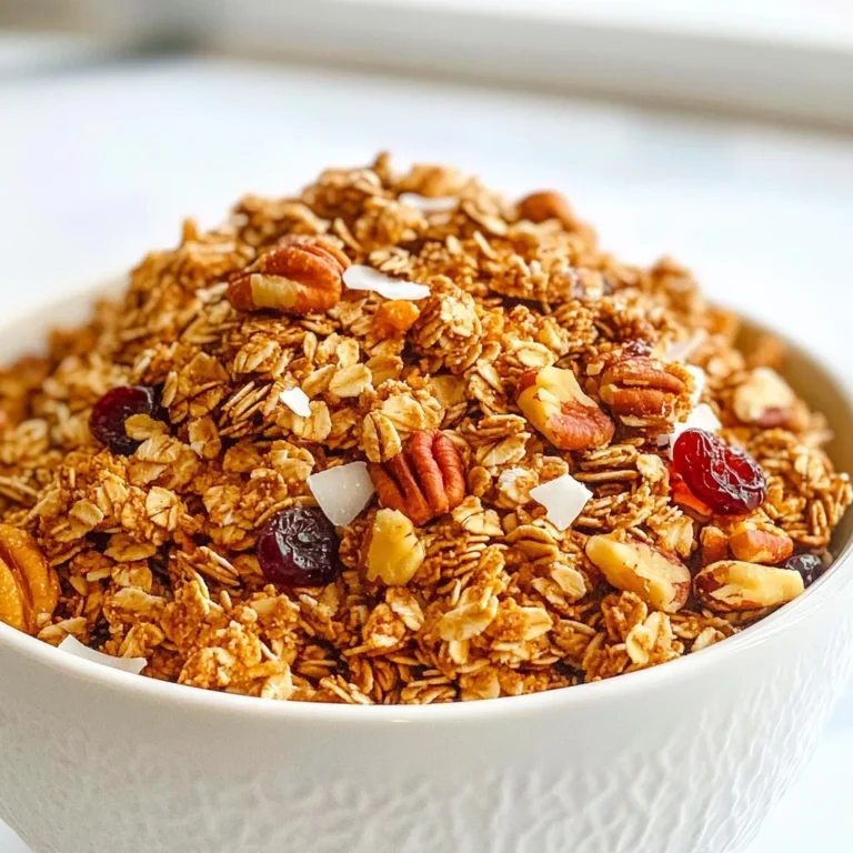 - 3 cups rolled oats - 1 cup mixed nuts (chopped walnuts and pecans) - 1 cup unsweetened shredded coconut - 1/2 cup pure maple syrup - 1/4 cup coconut oil, melted - 1 teaspoon ground cinnamon - 1/2 teaspoon vanilla extract - 1/2 cup dried fruits (cranberries or raisins, or a mix) - 1/4 teaspoon sea salt Each serving of this maple cinnamon granola has about 200 calories. It includes 5 grams of protein and 12 grams of fat. You also get 27 grams of carbs and 3 grams of fiber. This granola is rich in healthy fats and natural sugars. - Rolled oats: They provide fiber. Fiber helps with digestion and keeps you full longer. - Mixed nuts: Nuts offer protein and healthy fats. They support heart health and give energy. - Unsweetened shredded coconut: Coconut adds flavor and healthy fats. It boosts your energy. - Pure maple syrup: This natural sweetener has antioxidants. It can help fight inflammation. - Coconut oil: It contains medium-chain triglycerides (MCTs). MCTs can help with weight loss. - Ground cinnamon: Cinnamon adds flavor. It may help lower blood sugar levels. - Vanilla extract: It enhances flavor. Vanilla can also improve your mood. - Dried fruits: They add natural sweetness and vitamins. Dried fruits help satisfy your sweet tooth. - Sea salt: It enhances flavor. A little salt helps balance sweetness. This granola is not just tasty; it's packed with benefits. Each bite brings crunch and flavor while fueling your body! {{ingredient_image_2}} Start by preheating your oven to 350°F (175°C). This step is key for even baking. While the oven heats, line a large baking sheet with parchment paper. This helps prevent sticking and makes cleanup easy. In a large mixing bowl, add 3 cups of rolled oats. Then, chop 1 cup of mixed nuts and add them to the bowl. I like to use walnuts and pecans for a nice crunch. Next, add 1 cup of unsweetened shredded coconut and 1/4 teaspoon of sea salt. Stir gently to mix everything well. In a separate bowl, whisk together 1/2 cup of pure maple syrup, 1/4 cup of melted coconut oil, 1 teaspoon of ground cinnamon, and 1/2 teaspoon of vanilla extract. Make sure this mixture is smooth before you pour it over the dry ingredients. Use a spatula to fold the wet ingredients into the dry ones. Mix until every piece is coated. Next, spread the granola mixture onto the lined baking sheet. Make sure it is in an even layer for uniform baking. Bake the granola for 20 to 25 minutes. Stir halfway through to promote even browning. Keep an eye on it. The granola should turn golden and smell amazing. After baking, take the granola out of the oven and let it cool on the baking sheet. This cooling time is important for a crunchy texture. Once it is completely cool, fold in 1/2 cup of your favorite dried fruits, like cranberries or raisins. Mix gently to distribute the fruits evenly. Now your granola is ready to enjoy! Store it in an airtight container to keep it fresh. To make your granola crunchy, use rolled oats. They hold up well during baking. Mix in chopped nuts for added crunch. I love walnuts and pecans. Use melted coconut oil to help bind the ingredients. This oil also adds a light flavor. Spread the mixture evenly on the baking sheet. This helps it bake uniformly. Stir halfway through baking to avoid burning. One mistake is not watching the granola while it bakes. It can burn quickly, especially towards the end. Another error is not letting it cool completely. Cooling is key for that perfect crunch. If you add dried fruits before baking, they might burn. Always fold them in after baking. Finally, don’t skip the sea salt. It enhances the flavor and balances the sweetness. For more flavor, try adding spices like nutmeg or ginger. A hint of vanilla extract also boosts the taste. You can mix in different dried fruits, like cherries or apricots, for variety. If you want a sweeter touch, drizzle extra maple syrup on top. For a tropical twist, add dried pineapple. Each addition can make your granola unique and delicious. Pro Tips Store Properly: Keep your granola in an airtight container to maintain its crunchiness and freshness for longer. Customize Your Nuts: Feel free to switch out the mixed nuts for your favorites, such as almonds or hazelnuts, for a unique flavor. Use Fresh Ingredients: Choose high-quality maple syrup and fresh nuts for the best flavor and texture in your granola. Experiment with Spices: Add a pinch of nutmeg or ginger to the mix for an extra layer of warmth and flavor in your granola. {{image_4}} You can change the nuts in this granola recipe. Instead of walnuts and pecans, try almonds or cashews. You can also use hazelnuts for a unique flavor. Each nut adds a different taste and crunch. Mix and match to find your favorite blend. Just remember to chop any large nuts for even baking. Maple syrup is a star in this recipe, but there are other options. Honey works well as a sweetener too. Agave nectar is another choice if you want a vegan option. You can also try brown sugar, but it may give a different texture. Adjust the amount based on your taste. Just keep it sticky enough to hold the granola together. Adding fruits can make your granola fun and fresh. Dried cherries or apricots work great in the fall. In summer, use dried mango or pineapple for a tropical twist. You can also mix in some chocolate chips for a sweet touch. Just remember to add them after baking to keep them soft. Get creative and enjoy the flavors of each season! To keep your granola fresh, store it in an airtight container. This step is key. It stops air and moisture from ruining the crunchy texture. You can use glass jars or plastic containers. Make sure they seal tightly. If you have a lot, divide it into smaller portions. This makes it easy to grab what you need. Homemade granola lasts about two weeks. If you store it well, you can even stretch it to a month. Just keep an eye on it. If it smells off or looks stale, it’s time to toss it. Remember that dried fruits can lose their flavor over time. So, it's best to eat your granola fresh. If you have leftover granola, don’t let it go to waste! You can use it in many ways. Sprinkle it on yogurt or oatmeal for an extra crunch. It also makes a great topping for desserts like ice cream or fruit crisps. You can even add it to smoothies for added texture. The options are endless! To make granola without nuts, simply leave out the nuts from the recipe. You can replace them with seeds, like pumpkin or sunflower seeds. These seeds add a nice crunch and extra nutrition. You can also use more coconut or dried fruits to make up for the texture. Just ensure that you adjust the amounts to keep the balance. Yes, you can use maple syrup in place of honey. Both sweeteners add rich flavor to granola. Maple syrup is vegan-friendly, making it a great choice for everyone. Use the same amount of maple syrup as you would honey. The taste will be slightly different, but still delicious! Homemade granola is fresher and often healthier than store-bought. You control the ingredients and can avoid added sugars or preservatives. You can customize flavors and textures to fit your taste. Store-bought options may contain fillers and unhealthy additives. Making granola at home can be fun and rewarding, plus you can enjoy it fresh! In this blog post, we explored the key ingredients for making healthy granola. You learned about the nutrition each ingredient offers and the benefits they bring. I shared easy steps for preparation, baking, and cooling to make your granola perfect. We also looked at tips for crunchiness and flavor. Lastly, I covered how to store your granola and answered common questions. Remember, making granola at home is simple and rewarding. Enjoy crafting your own flavors and finding your favorite mix!