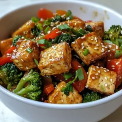 - 1 block firm tofu, pressed and cubed - 2 tablespoons cornstarch - 4 cloves garlic, finely minced - 1-inch piece fresh ginger, peeled and grated - 1 red bell pepper, sliced into thin strips - 1 cup broccoli florets - 1 medium carrot, julienned - 3 green onions, chopped (white and green parts separated) The star of this dish is firm tofu. It soaks up all the flavors. Pressing the tofu removes extra moisture. This makes it crispy when cooked. The fresh vegetables add color and crunch. I love using red bell pepper, broccoli, and carrot. Each one gives the dish unique tastes and textures. - 3 tablespoons soy sauce - 1 tablespoon sriracha - 1 teaspoon sesame oil For sauce, I use soy sauce. It adds a rich umami flavor. Sriracha brings heat, and you can adjust it. If you like it spicier, add more. A little sesame oil adds depth and richness to the dish. These sauces blend well with the tofu and veggies. - 1 tablespoon sesame seeds - Fresh cilantro leaves - 3 green onions, chopped (green parts) Garnishes make the dish pop. I use sesame seeds for crunch and nutty flavor. Fresh cilantro adds a bright taste. Green onions add a nice finish and extra color. These simple touches make the stir fry look and taste amazing. {{ingredient_image_2}} Pressing and Cubing Tofu Start with firm tofu. Press it for 15 minutes. This removes extra water. Next, cut the tofu into small cubes. Aim for even sizes. This helps them cook well. Coating in Cornstarch Put the cubed tofu in a bowl. Add 2 tablespoons of cornstarch. Toss gently so all sides are coated. This step makes the tofu crispy when cooked. Pan-Frying Steps Heat 2 tablespoons of vegetable oil in a large pan. Use medium-high heat for best results. Place the tofu cubes in a single layer. Fry them for 5 to 7 minutes. Turn them often to cook evenly. Achieving Crispiness Look for golden brown color on all sides. This means the tofu is ready. Remove the tofu from the pan and place it on a plate. Set it aside to keep it warm. Sautéing Garlic and Ginger In the same pan, add 1 tablespoon of oil. Then add 4 minced garlic cloves and 1 inch of grated ginger. Sauté for about 30 seconds. You want them to smell nice, but not burn. Stir-Frying the Vegetables Now, add sliced red bell pepper, broccoli florets, and julienned carrot. Cook for 3 to 5 minutes. Stir them often. They should look bright and stay a bit crunchy. Mixing Tofu with Sauce Return the crispy tofu to the pan. Drizzle in 3 tablespoons of soy sauce, 1 tablespoon of sriracha, and 1 teaspoon of sesame oil. Stir everything gently. Ensuring Even Coating Make sure all the tofu and vegetables are coated well. Heat them together for 2 to 3 minutes. This helps the flavors mix nicely. Adding Garnishes Before serving, sprinkle chopped green onions and sesame seeds over the top. This adds a nice touch. Toss lightly to combine. Serving Suggestions Serve the stir fry in deep bowls. Garnish with fresh cilantro leaves. For a complete meal, add steamed jasmine rice or quinoa on the side. Enjoy your tasty dish! - Marinating the Tofu: Marinating the tofu boosts its flavor. Mix soy sauce, garlic, and ginger in a bowl. Add the tofu and let it sit for 15 minutes. This way, the tofu absorbs all the yummy flavors. - Timing for Cooking Vegetables: Cook the vegetables right after the tofu. Add them to the hot pan for quick cooking. This keeps them bright and crunchy. Stir-fry them for just a few minutes. The goal is to keep their color and bite. - Different Tofu Types: Use firm or extra-firm tofu for this dish. These types hold their shape well. Soft tofu can break apart easily. So stick to the firmer varieties for the best results. - Alternative Cooking Methods: If you want a different texture, you can bake the tofu. Toss the cubes with a bit of oil and bake until crispy. This method gives a nice crunch without frying. - Serving Dishes: Serve the stir fry in deep bowls. This way, all the colors pop. It looks inviting and tasty. Plus, deep bowls keep the sauce from spilling. - Garnishing Techniques: Use fresh cilantro and sesame seeds to garnish. Sprinkle them on top just before serving. This adds flavor and a nice touch to your dish. A little extra green onion adds a vibrant look too. Pro Tips Press Tofu Thoroughly: Make sure to press the tofu for at least 15 minutes to remove excess moisture. This step is crucial for achieving a crispy texture when frying. Use High Heat for Frying: When pan-frying the tofu, make sure the oil is hot enough before adding the tofu. This will help to create a golden, crispy exterior. Don’t Overcrowd the Pan: Fry the tofu in a single layer without overcrowding the pan. This ensures even cooking and helps achieve that desired crunch. Customize Your Spice Level: Adjust the amount of sriracha according to your heat preference. Start with less and add more if you like it spicier. {{image_4}} You can easily switch up the protein in this dish. If you want meat, chicken or shrimp work well. Just cut them into small pieces and cook them before the tofu. Add the cooked protein back to the pan when you mix in the sauce. For a vegan twist, try tempeh or chickpeas. Tempeh has a nice nutty flavor that pairs well with the spices. Chickpeas add protein and a different texture. Cook them until they are warm and slightly crispy, then combine them with the tofu. Want more heat? Increase the sriracha. You can also add red pepper flakes for extra spice. Taste as you go to find your perfect level of heat. If you want new flavors, try different sauces. Hoisin or oyster sauce can add sweetness. You can also use teriyaki sauce for a richer taste. Each sauce gives a unique twist to the stir fry. Fresh, in-season produce can elevate your dish. In the spring, add snap peas or asparagus. In summer, try zucchini or bell peppers. In fall, use squash or Brussels sprouts. Winter is great for kale or root veggies. Choose what looks fresh at your market. Customize based on what you like and what you find. This keeps your stir fry exciting and fresh every time you make it. - Store leftovers in an airtight container. - Use glass or plastic containers for easy reheating. After cooking, let the stir fry cool. Once cool, transfer it to your container. This method keeps the tofu fresh for about three to four days. - Use a microwave for quick heating. - Stovetop reheating keeps the texture better. When you microwave, use a low power setting. Heat in short bursts, stirring often. If using a stovetop, add a splash of water. This helps steam the dish and keeps it moist. - Freeze leftovers for longer storage. - Use freezer-safe containers or bags. To freeze, let the stir fry cool completely. Portion it out and seal tightly. For best results, consume within three months. - Thaw in the fridge overnight. - Reheat on the stovetop for best quality. Avoid thawing at room temperature. This keeps the food safe and helps maintain flavor and texture. To make tofu crispy, you need to press it first. - Press tofu for at least 15 minutes. - This removes water and helps it fry better. - Cut tofu into even cubes. - Toss the cubes in cornstarch for a crunchy coat. Frying the tofu in hot oil also matters. Use a non-stick skillet or wok. Heat oil on medium-high. Add tofu in a single layer. Let it cook for 5-7 minutes until golden brown. Flip it gently for even cooking. Yes, you can switch up the veggies! - Try bell peppers, snap peas, or zucchini. - Mushrooms or bok choy work well too. - Use what you have on hand. Mixing vegetables adds different tastes and colors. Just remember to cut them into similar sizes for even cooking. This dish pairs well with many sides. - Serve it over steamed jasmine rice. - Quinoa is a great option too. - You can even try brown rice for a healthy twist. Adding a simple salad can brighten up your meal, too. Yes, you can make this dish gluten-free. - Use tamari instead of soy sauce. - Check labels to ensure your sauces are gluten-free. This way, you can enjoy the full flavor without gluten. Adjusting spice is easy! - For a milder dish, reduce or skip the sriracha. - Add a little honey for sweetness if needed. If you like it spicy, add more sriracha or fresh chili. Always taste as you go for the best results! Tofu stir fry is simple and tasty. We covered ingredients, from firm tofu to fresh veggies. You learned how to cook tofu and add flavor with soy sauce and spices. Our tips on textures and presentation will help your dish shine. Remember, you can customize it with proteins or veggies based on what you like. Store leftovers properly and reheat for the best taste. Enjoy making this dish your own, and share your tasty creation with others!