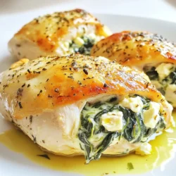 - 4 boneless, skinless chicken breasts - 2 cups fresh spinach, finely chopped - 1 cup feta cheese, crumbled - 1/2 cup cream cheese, softened - 2 cloves garlic, minced - 1/4 cup sun-dried tomatoes, chopped (optional) - 1 teaspoon dried oregano - 1 teaspoon kosher salt - 1/2 teaspoon black pepper - 2 tablespoons extra virgin olive oil - Toothpicks or kitchen twine for closing Using fresh ingredients makes a big difference in flavor. Fresh spinach adds health and taste. If fresh spinach is not available, you can use frozen spinach. Just make sure to drain it well. Feta cheese is key, but if you want a milder flavor, try goat cheese. Cream cheese gives creaminess. If you need a lighter option, use Greek yogurt instead. Sun-dried tomatoes are optional, but they add a nice depth. If you don't have them, consider using fresh tomatoes or olives for a twist. - Chicken breasts: Great source of lean protein. Each breast has about 165 calories. - Spinach: Full of vitamins A and C. Two cups have only 14 calories. - Feta cheese: Adds flavor and creaminess. One cup has about 300 calories. - Cream cheese: Creamy and rich, with around 400 calories per half cup. - Garlic: Adds flavor and health benefits. Each clove is about 4 calories. - Olive oil: Good for heart health. Each tablespoon has about 120 calories. These ingredients help make a tasty and balanced meal. They provide protein, vitamins, and healthy fats. {{ingredient_image_2}} To make the filling, start with a medium bowl. Add 2 cups of finely chopped spinach. Next, mix in 1 cup of crumbled feta cheese. Then, add 1/2 cup of softened cream cheese and 2 minced garlic cloves. If you like, you can also include 1/4 cup of chopped sun-dried tomatoes. Sprinkle in 1 teaspoon of dried oregano, 1 teaspoon of kosher salt, and 1/2 teaspoon of black pepper. Use a fork to blend everything until it's creamy and well combined. Next, lay 4 boneless, skinless chicken breasts on a cutting board. Carefully slice each breast horizontally to form a pocket. Make sure to leave one side intact. Now, take the spinach and feta filling and stuff each chicken breast generously. Use your hands to press the mixture in securely. If the filling starts to spill out, use toothpicks or kitchen twine to close the pocket. In an oven-safe skillet, heat 2 tablespoons of extra virgin olive oil over medium heat. Once it's hot, place the stuffed chicken breasts in the skillet. Sear each side for about 3-4 minutes until they turn golden brown. After that, transfer the skillet to your preheated oven at 375°F (190°C). Bake the chicken for 20-25 minutes. Use a meat thermometer to check that the inside reaches 165°F (74°C). Once done, take the skillet out and let the chicken rest for a few minutes. Before slicing, remove any toothpicks or twine. Enjoy your savory meal! To get a nice golden crust, heat your skillet first. Use medium heat and add olive oil until it shimmers. Place the chicken in the pan without crowding. Sear each side for 3-4 minutes. Flip only once to avoid sticking. This step locks in flavors and juices. Letting the chicken rest is key. After cooking, take the skillet off the heat. Cover the chicken loosely with foil. Wait for about 5 minutes before slicing. This allows the juices to spread throughout the meat, making it juicy and tender. One big mistake is overstuffing the chicken. If you pack too much filling, it can spill out. Also, don’t skip the searing step, as it adds flavor. Finally, always check the chicken's internal temperature. It should reach 165°F (74°C) for safe eating. Avoid these slips for a perfect dish. Pro Tips Ensure Even Cooking: To avoid uneven cooking, pound the chicken breasts to an even thickness before stuffing them. This helps them cook uniformly and prevents the edges from drying out. Experiment with Fillings: Feel free to customize the stuffing! Add ingredients like olives, artichokes, or different herbs to create your unique flavor profile. Use Fresh Ingredients: Fresh spinach and high-quality feta cheese will elevate the flavor of this dish. Whenever possible, choose fresh over frozen or pre-packaged ingredients. Rest Before Serving: Allow the stuffed chicken to rest for at least 5 minutes after baking. This step helps the juices redistribute, resulting in a juicier and more flavorful dish. {{image_4}} You can switch up the flavors by adding different cheeses. Try goat cheese for a tangy twist. Mozzarella brings a lovely meltiness. You can also mix in herbs like basil or thyme. These herbs add freshness and depth to your filling. Adding more vegetables boosts nutrition and flavor. Try finely chopped bell peppers or mushrooms. They give a nice crunch and earthiness. You can also use zucchini or kale for added health benefits. Just sauté them lightly before mixing them into your filling. This will keep the filling creamy and delicious. For a low-carb meal, skip the cream cheese. Use ricotta instead for a lighter touch. You can also serve the chicken without any breading. If you need a gluten-free option, ensure all your ingredients are certified gluten-free. This way, everyone can enjoy this tasty dish without worry. After enjoying your Spinach Feta Stuffed Chicken, let it cool. Place any leftovers in an airtight container. This keeps the chicken fresh and prevents it from drying out. Store it in the fridge for up to three days. If you want to keep it longer, consider freezing it. To reheat the chicken, preheat your oven to 350°F (175°C). Place the chicken in an oven-safe dish and cover it with foil. This helps keep moisture in. Heat for about 20 minutes or until warmed throughout. You can also use a microwave, but it may dry out the chicken. If you want to freeze your stuffed chicken, wrap each piece tightly in plastic wrap. Then, place the wrapped chicken in a freezer bag. Make sure to remove any air to prevent freezer burn. It can stay in the freezer for up to three months. When you're ready to eat, thaw it in the fridge overnight before reheating. Yes, you can use frozen chicken breasts. Just remember to thaw them first. The best way to thaw is in the fridge overnight. If you are short on time, use the microwave's defrost setting. Ensure the chicken is fully thawed to cook evenly. Cooking from frozen may change the cooking time. Always check the internal temperature to be sure it reaches 165°F. Many sides go well with Spinach Feta Stuffed Chicken. Here are some great options: - Roasted vegetables like carrots, zucchini, and bell peppers. - A fresh garden salad with mixed greens and a light vinaigrette. - Quinoa or rice for a hearty base. - Garlic bread to soak up any juices. - Mashed potatoes for a comforting touch. These sides help balance the flavors and add color to your plate. To check if the chicken is cooked through, use a meat thermometer. The thickest part should read 165°F. If you don't have a thermometer, cut into the chicken. The juices should run clear, not pink. Ensure the spinach and feta filling is hot, too. After baking, let the chicken rest for a few minutes. This step helps keep the juices inside. We covered the key ingredients, step-by-step cooking, and useful tips for making Spinach Feta Stuffed Chicken. You now know how to choose fresh ingredients, achieve the perfect sear, and avoid common mistakes. Remember, variations allow you to try new flavors, and proper storage techniques help you keep leftovers fresh. Use the FAQs as a guide for any last-minute questions. Enjoy your delicious meal, and feel confident in your cooking skills!