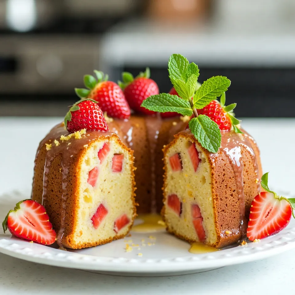 - 2 cups all-purpose flour - 1 ½ teaspoons baking powder - ½ teaspoon baking soda - ½ teaspoon salt - 1 cup unsalted butter, softened - 1 ½ cups granulated sugar - 3 large eggs - 1 teaspoon vanilla extract - 1 cup buttermilk - Zest of 2 lemons - ½ cup fresh lemon juice - 1 cup fresh strawberries, diced - ¼ cup powdered sugar (for glaze) - 1-2 tablespoons fresh lemon juice (for glaze) I love how simple this list is. Each ingredient plays a key role in the cake's flavor and texture. The all-purpose flour gives the cake structure. Baking powder helps it rise. Baking soda balances the acidity of the lemon juice. Salt enhances the sweetness. Butter adds richness and moisture. Granulated sugar sweetens and ensures a nice crumb. Eggs bind everything together and add fluffiness. Vanilla extract brings warmth to the cake. Buttermilk adds tang and keeps the cake moist. The lemon zest and juice provide that fresh, vibrant flavor. Diced strawberries burst with sweetness and color. Finally, the glaze adds a sweet finish that ties everything together beautifully. Using fresh ingredients makes a big difference. I always recommend using ripe strawberries and fresh lemons. These choices boost the flavor and make the cake shine. Enjoy gathering these ingredients; they will create a delightful treat! {{ingredient_image_2}} - Preheat the oven to 350°F (175°C). - Generously grease and flour a 10-cup bundt pan. - In a medium bowl, mix 2 cups of all-purpose flour, 1 ½ teaspoons baking powder, ½ teaspoon baking soda, and ½ teaspoon salt. Set this aside. - In a large bowl, beat 1 cup of softened butter and 1 ½ cups of granulated sugar. Mix until light and fluffy, about 3-5 minutes. - Add 3 large eggs, one at a time. Mix well after each egg. Blend in 1 teaspoon of vanilla extract. - In another bowl, mix 1 cup of buttermilk with the zest and juice of 2 lemons. - Gradually add the dry flour mixture to the butter mixture, alternating with the buttermilk mixture. Start and end with the flour mixture. - Gently fold in 1 cup of diced strawberries using a spatula. - Carefully pour the batter into the prepared bundt pan. Smooth the top with a spatula. - Place the bundt pan in the oven and bake for 50-60 minutes. Check doneness with a toothpick. It should come out clean. - Once done, let the cake cool in the pan for 10-15 minutes. Then, transfer it to a wire rack to cool completely. To avoid sticking, grease and flour your bundt pan well. This helps the cake come out easily. I recommend using a non-stick spray, or butter and flour. Bake your cake for 50 to 60 minutes. To check if it's done, insert a toothpick in the center. If it comes out clean, your cake is ready. For the glaze, mix powdered sugar with one tablespoon of lemon juice. Stir until smooth. If it’s too thick, add more lemon juice. If it’s too thin, add more powdered sugar. When drizzling the glaze, use a spoon or squeeze bottle. This helps you pour it evenly over the cake for a nice finish. To make your cake look special, serve it on a pretty platter. Add fresh strawberry slices on top. A sprig of mint adds a nice touch too. This makes your cake not only tasty but also beautiful. Pro Tips Use Room Temperature Ingredients: Ensure that your butter, eggs, and buttermilk are at room temperature before mixing. This helps to create a smoother batter and ensures even baking. Don't Overmix the Batter: When combining the wet and dry ingredients, mix until just combined. Overmixing can lead to a dense cake rather than a light and fluffy one. Check for Doneness: Use a toothpick inserted into the center of the cake to check for doneness. It should come out clean or with a few moist crumbs, but not wet batter. Cool the Cake Properly: Allow the cake to cool in the pan for the recommended time before transferring it to a wire rack. This helps prevent it from breaking apart. {{image_4}} You can switch strawberries with other fruits. Blueberries, raspberries, or peaches work well. Each fruit gives a new taste. Adding herbs can change the game too. Try fresh mint or basil. They add a fresh twist and a nice aroma. Want a gluten-free cake? Use a gluten-free flour blend. Make sure it has a good rise. For a vegan option, swap butter with coconut oil. Use flax eggs instead of real eggs. These changes still keep the cake moist. This cake pairs well with many sides. Serve it with whipped cream for a treat. Fresh fruit or ice cream works too. For drinks, lemonade or iced tea makes a perfect match. The sweet cake complements the tart drinks nicely. To keep your Strawberry Lemonade Bundt Cake fresh, follow these simple steps. First, let the cake cool completely. This step is key to preventing sogginess. Once cool, wrap the cake tightly in plastic wrap. Make sure it’s sealed well to keep air out. You can also place the wrapped cake in an airtight container. This helps preserve its flavor and moisture. Store the cake in the fridge for up to a week. If you want to save some cake for later, freezing is a great option. Start by slicing the cooled cake into pieces. This way, you can grab one slice at a time. Next, wrap each slice in plastic wrap. For extra protection, place the wrapped slices in a freezer-safe bag. Label the bag with the date. You can freeze the cake for up to three months. When you’re ready to enjoy it, take out a slice. Let it thaw in the fridge for a few hours. For the best texture, warm it in the microwave for 10-15 seconds. This makes the cake soft and tasty again. How do I prevent the cake from sticking to the bundt pan? To stop the cake from sticking, grease and flour the pan well. Use a generous amount of soft butter and flour. Make sure to cover all the nooks and crannies of the pan. This will help the cake slide out easily after baking. Can I make this recipe ahead of time? Yes, you can make this cake a day ahead. Once it cools, wrap it tightly in plastic wrap. This helps keep it fresh and moist. Just wait to add the glaze until you are ready to serve. What can I substitute for buttermilk in this recipe? If you don't have buttermilk, you can make a simple substitute. Mix 1 cup of milk with 1 tablespoon of vinegar or lemon juice. Let it sit for about 5 minutes. This will mimic buttermilk’s tangy flavor. How long does it take to bake the bundt cake? This bundt cake takes about 50-60 minutes to bake. Check for doneness by inserting a toothpick into the middle. If it comes out clean, the cake is ready. What's the best way to serve the Strawberry Lemonade Bundt Cake? Serve the cake on a decorative platter. Drizzle the glaze on top for a sweet finish. You can add fresh strawberry slices and mint leaves for a nice touch. This makes it look pretty and inviting. Can I use frozen strawberries for the recipe? Yes, you can use frozen strawberries. Just make sure to thaw and drain them before adding. This helps keep the batter from getting too watery. Fresh strawberries are better, but frozen works in a pinch! This blog post explored the main ingredients, steps, and tips for making a delicious Strawberry Lemonade Bundt Cake. I shared ways to enhance its flavor and presentation. You can substitute fruits or adjust for dietary needs. Proper storage and freezing will keep your cake fresh. Remember, getting the glaze right can elevate your cake's look and taste. Enjoy baking and sharing this delightful treat with loved ones!