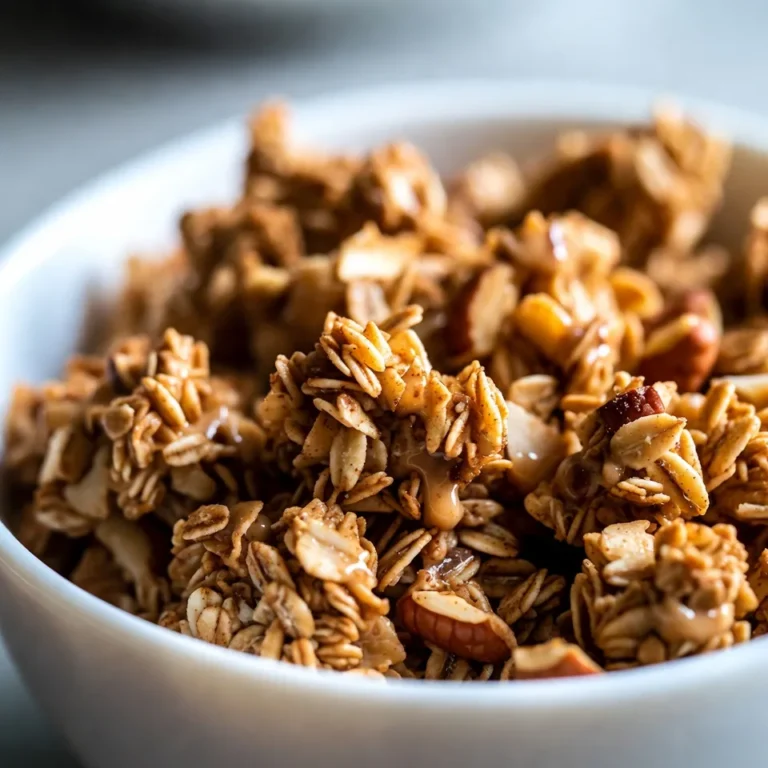 - 2 cups rolled oats - 1 cup mixed nuts (almonds, pecans, walnuts), roughly chopped - 1/2 cup unsweetened shredded coconut - 1/2 cup honey or pure maple syrup - 1/4 cup almond butter (or peanut butter) - 1 teaspoon pure vanilla extract - 2 teaspoons ground cinnamon - 1/4 teaspoon sea salt - 1/2 cup dried cranberries or raisins (optional) Gather these simple ingredients for your Cinnamon Maple Granola Clusters. The rolled oats form the base. The mixed nuts add crunch and protein. Shredded coconut gives a nice chew. Honey or maple syrup binds everything together and adds sweetness. Almond butter adds richness. Vanilla extract boosts flavor, while cinnamon brings warmth. Sea salt balances the taste. If you like, toss in dried cranberries or raisins for extra sweetness and texture. - Calories per serving: About 200 - Macronutrients: - Carbohydrates: 25g - Proteins: 6g - Fats: 10g - Micronutrients: - Vitamins: A, C, E - Minerals: Calcium, Iron, Magnesium These granola clusters offer a healthy snack packed with nutrients. They provide a good mix of carbs, protein, and healthy fats. The oats and nuts are great sources of fiber and protein. Plus, they include essential vitamins and minerals that support your health. Enjoy them as a snack or breakfast to boost your energy! {{ingredient_image_2}} First, preheat your oven to 350°F (175°C). This helps the granola bake evenly. Next, line your baking sheet with parchment paper. This step prevents sticking and makes cleanup easier. In a large bowl, combine the rolled oats, chopped nuts, shredded coconut, ground cinnamon, and salt. Mix them well. This ensures every bite has great flavor. In a small saucepan, melt the honey or maple syrup with almond butter over low heat. Stir until it’s smooth. Then, add the pure vanilla extract for extra flavor. This mixture brings the sweet taste to your granola. Pour the warm wet mixture over the dry ingredients. Stir until everything is well-coated. If you want, fold in the dried cranberries or raisins. This adds a touch of sweetness and chewiness. Spread the granola mixture evenly on the lined baking sheet. Press it down firmly to help it stick together. Bake in the preheated oven for about 20-25 minutes. Stir the mixture halfway through for even browning. Watch for a golden brown color. After baking, let the granola cool completely on the baking sheet. As it cools, it will firm up. Then, break it into clusters of your desired size. Store them in an airtight container. Enjoy your crunchy and tasty snack! To get those perfect granola clusters, press the mixture down firmly. This step helps the mixture stick together. If you skip this, you’ll end up with loose granola instead of clusters. Baking time is key. Keep an eye on your granola as it bakes. Aim for a golden brown color. If it’s too light, it may not be crispy enough. Stir halfway through baking to ensure even crispiness. You can switch up the nuts based on what you like. Try pecans, walnuts, or even cashews. Each nut gives a different taste and crunch. If you want a sweeter touch, use agave syrup or brown sugar. These options add unique flavors while still keeping it delicious. Granola is packed with nutrients. Oats provide fiber, which is great for digestion. Mixed nuts add healthy fats, which are good for your heart. Adding dried fruits gives you extra vitamins. Cranberries or raisins add sweetness and a chewy texture. This balance makes granola a tasty and nutritious snack. Pro Tips Use Fresh Ingredients: Always opt for fresh nuts and oats for the best flavor and texture in your granola. Experiment with Spices: Feel free to add other spices like nutmeg or ginger for a unique flavor profile. Store Properly: Keep granola in an airtight container to maintain its crunchiness and freshness for longer. Customize Your Clusters: Adjust the amount of wet ingredients to create bigger or smaller clusters according to your preference. {{image_4}} You can get creative with your granola! Adding cocoa powder gives a rich chocolate twist. Mix in 1 to 2 tablespoons of cocoa powder with the dry ingredients. You can also try spices like nutmeg or ginger for warmth. Just a pinch of these spices can change the flavor profile. They add depth and make every bite exciting. If you follow a gluten-free diet, use certified gluten-free oats. They will ensure your snack stays safe. For those who want a vegan option, swap honey with more maple syrup. The flavor stays sweet and delicious, and you won’t miss a thing! Granola can change with the seasons. In fall, add pumpkin spice to the mix. Just a teaspoon will give it that cozy autumn flavor. During summer, toss in dried fruits like apricots or mangoes. They add brightness and freshness to your snack. Use what’s in season for the best taste! Store your granola clusters in an airtight container. This keeps them fresh. A glass jar or a plastic tub works well. Make sure to seal it tight. Place the container in a cool, dry place. Avoid areas with heat or moisture. This helps maintain crunchiness. Granola clusters can last up to two weeks. Store them properly for the best taste. After two weeks, check for signs they should be tossed. If the clusters taste stale or smell odd, it’s time to discard them. Trust your senses; they guide you well. If your granola loses crunch, don’t worry! You can easily revive it. Preheat your oven to 300°F (150°C). Spread the clusters on a baking sheet. Bake for about 10 minutes, checking often. Alternatively, you can use a stovetop skillet. Heat it on low and stir gently until warm. This will bring back that delightful crunch! You can use quick oats, but the texture will differ. Quick oats are smaller and cook faster. This means your clusters may turn out less crunchy. Rolled oats provide a chewy and hearty texture that holds up well during baking. If you want a crunchy snack, stick with rolled oats. To cut down on sweetness, reduce the honey or maple syrup. Try using just 1/4 cup instead of 1/2 cup. You can also add more nuts or coconut to balance the flavors. Another option is to use unsweetened nut butter, which will help lower sweetness too. Yes, you can make granola in advance. After baking, let it cool completely. Then store it in an airtight container. This keeps it fresh for up to two weeks. If you want to prepare it even earlier, you can bake and then freeze it for later use. There are many fun ways to use granola clusters. You can sprinkle them on yogurt or oatmeal for breakfast. They make a great snack on their own. You can also mix them into smoothies or use them as a topping for desserts like ice cream. Yes, you can freeze granola clusters. Place them in a freezer-safe bag or container. Be sure to remove as much air as possible. When you want to eat them, let them thaw in the fridge overnight. You can also enjoy them straight from the freezer for a crunchy treat! You can make tasty granola clusters with simple ingredients. We covered what you need, how to mix, and bake them. Remember to customize your clusters with your favorite flavors and nuts. Store them right for lasting crunch. With this guide, you are ready to create healthy snacks. Enjoy experimenting and sharing your new recipes! Keep the joy of cooking alive. Your kitchen is ready for delicious granola magic!