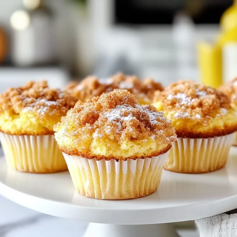 - 2 cups all-purpose flour - 1 cup granulated sugar - 1 tablespoon baking powder - 1 teaspoon baking soda - 1 teaspoon ground cinnamon - ½ teaspoon ground nutmeg - ¼ teaspoon salt - 1 cup eggnog - ½ cup vegetable oil - 2 large eggs - 1 teaspoon vanilla extract - 1 tablespoon melted butter - ¼ cup brown sugar - 1 teaspoon ground cinnamon - ½ cup chopped pecans (optional) These ingredients create a cozy blend of flavors. The eggnog adds a creamy richness. The spices bring warmth and a festive touch. The optional pecans add a nice crunch. Using fresh ingredients makes a big difference. Always check the expiration dates on your baking supplies. Quality matters in baking! When you mix dry and wet ingredients, you create a perfect batter. Be careful not to overmix; it can lead to tough muffins. A few lumps are okay! The topping mixture gives a sweet crunch on top. It's the best part! Gather all your ingredients together. This makes the process smooth and fun. You’ll love how these muffins smell while baking. They make your kitchen feel like a warm holiday hug. Enjoy this delightful treat! {{ingredient_image_2}} First, preheat your oven to 350°F (175°C). This ensures even cooking for your muffins. While the oven heats up, take a standard 12-cup muffin tin. Line it with paper liners or spray it with cooking spray. This will help your muffins come out easily. Now, let’s mix our dry ingredients. In a large bowl, add 2 cups of all-purpose flour, 1 cup of granulated sugar, 1 tablespoon of baking powder, 1 teaspoon of baking soda, 1 teaspoon of ground cinnamon, ½ teaspoon of ground nutmeg, and ¼ teaspoon of salt. Whisk these together until they are well blended. This helps to avoid lumps. Next, we need to combine our wet ingredients. In another bowl, whisk together 1 cup of eggnog, ½ cup of vegetable oil, 2 large eggs, and 1 teaspoon of vanilla extract. Mix until smooth and uniform. Now, gently pour the wet mixture into the dry mixture. Use a spatula or wooden spoon to stir until just combined. Don't worry if the batter has a few lumps. If you want to add some crunch, fold in ½ cup of chopped pecans at this time. It’s time to fill the muffin cups. Evenly distribute the batter into your prepared muffin tin. Fill each cup about two-thirds full. This allows space for your muffins to rise. Next, let’s prepare the topping. In a small bowl, mix 1 tablespoon of melted butter, ¼ cup of brown sugar, and 1 teaspoon of ground cinnamon. Use a fork to blend this until it looks crumbly. Generously sprinkle this topping over each muffin. Now, place your muffin tin in the preheated oven. Bake for 18-20 minutes. You can tell they are done when a toothpick inserted into the center of a muffin comes out clean. Once baked, let the muffins cool in the pan for about 5 minutes. After that, transfer them to a wire rack to cool completely. Enjoy your baking! To make the best muffins, do not overmix the batter. Overmixing can lead to dense muffins. Stir until just combined; a few lumps are fine. Another key tip is to use room temperature ingredients. This helps the batter mix better and rise nicely. For a lovely finish, dust the muffins with powdered sugar. This adds a sweet touch and makes them look festive. Serve them warm with a nice cup of coffee or tea. The flavors blend well, making your snack time a delight. Avoid overfilling the muffin cups. Filling them two-thirds full ensures even baking and prevents overflow. Also, do not skip the cooling process. Let the muffins cool in the pan for about five minutes before moving them to a wire rack. This helps them set properly and stay fluffy. Pro Tips Room Temperature Ingredients: Ensure your eggnog and eggs are at room temperature for better mixing and a fluffier muffin texture. Don’t Overmix: Mix the wet and dry ingredients until just combined to avoid dense muffins; a few lumps are perfectly fine. Customize Your Toppings: Feel free to add chocolate chips or dried cranberries to the batter for extra flavor and a festive touch. Storage Tips: Store leftover muffins in an airtight container at room temperature for up to 3 days or freeze for longer storage. {{image_4}} You can make this recipe work for your needs. If you want a dairy-free option, use almond milk or coconut milk. This change keeps the muffins moist and tasty. You can also swap out eggnog for a dairy-free eggnog. For nut-free muffins, simply leave out the pecans. Your muffins will still taste great without them. Want to take your muffins to the next level? Try adding chocolate chips. They melt and make each bite extra special. You can also mix in some orange zest. This adds a bright, fresh flavor that pairs well with eggnog. Both options give these muffins a fun twist. Make these muffins fit the season! In fall, you can use pumpkin spice instead of cinnamon. This adds warmth and cozy flavor. For a festive touch during the holidays, mix in some dried cranberries. They give a tart burst that balances the sweet muffins. These tweaks make your muffins perfect for any occasion! To keep your Eggnog Cinnamon Coffee Cake Muffins fresh, store them in an airtight container. This will prevent them from drying out. You can keep them at room temperature for about three days. If you want to store them longer, the fridge is a great option. Here, they can last up to a week. Just remember to let them cool completely before storing. Freezing your muffins is simple! First, wrap each muffin in plastic wrap. Then, place them in a freezer-safe bag or container. This keeps them fresh for about three months. When you're ready to enjoy them, take them out of the freezer. Let them thaw on the counter for a few hours. To warm them up, pop them in the microwave for about 15 seconds. These muffins taste best when served warm. Aim for a temperature around room temperature or slightly warm. For a cozy pairing, enjoy them with a cup of coffee or tea. The rich flavors of eggnog and cinnamon blend perfectly with a warm drink. You can also sprinkle some powdered sugar on top for a festive touch. You can use milk or cream with spices. Try a mix of milk, sugar, and vanilla. Add a pinch of nutmeg and cinnamon for flavor. You can also use almond milk or coconut milk if you prefer a dairy-free option. Just make sure to add a touch of sweetness to balance the flavors. Yes, you can make these muffins ahead of time. Bake them and let them cool completely. Once cooled, store them in an airtight container. They stay fresh for about three days at room temperature. You can also freeze them for up to three months. Just thaw them at room temperature when you want to enjoy them. To check if the muffins are done, use a toothpick. Insert it into the center of a muffin. If it comes out clean, they are done. If it has batter on it, bake for a few more minutes. Keep an eye on them to prevent overbaking. Enjoy the warm, tasty muffins fresh from the oven! You learned how to make delicious muffins using simple ingredients like eggnog and spices. Mixing dry and wet ingredients correctly is key to perfect texture. Remember to avoid overmixing and let the muffins cool before serving. You can even experiment with variations like chocolate chips or pumpkin spice. Storing and freezing your muffins properly keeps them fresh longer. With these tips, you can create tasty treats, share them with friends, and enjoy every bite. Happy baking!