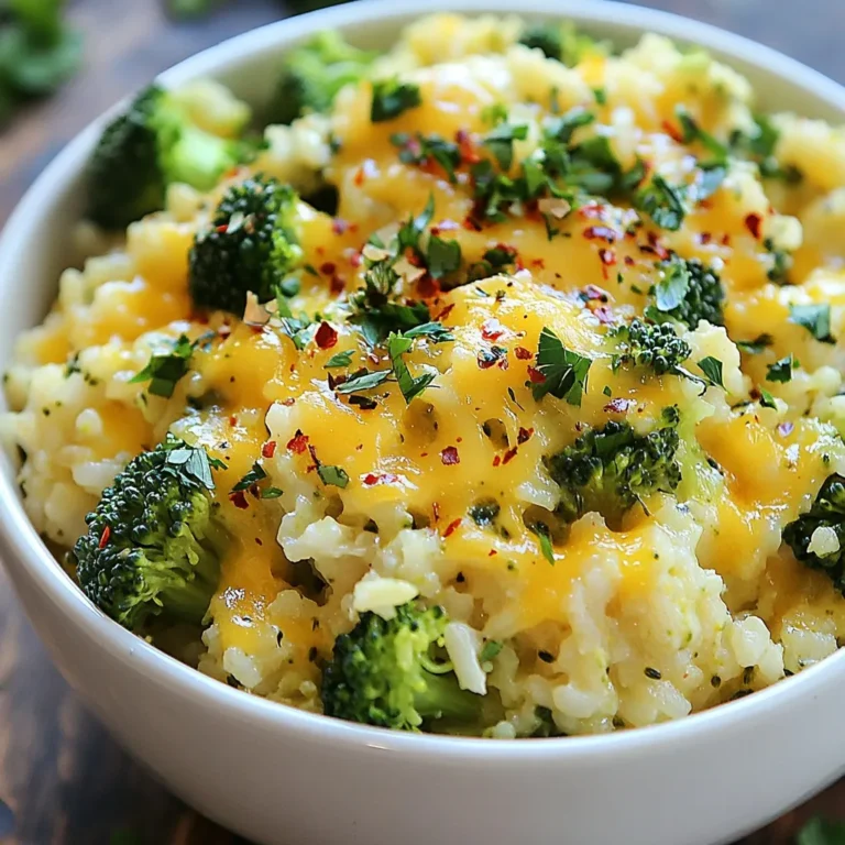 To make Cheesy Broccoli Rice Skillet, gather these items: - 1 cup long-grain rice - 2 cups vegetable broth - 2 cups fresh broccoli florets - 1 cup shredded sharp cheddar cheese - 1/2 cup grated Parmesan cheese - 1 medium onion, finely chopped - 2 cloves garlic, minced - 1 tablespoon olive oil - 1 teaspoon paprika - Salt and pepper to taste - Optional: Red pepper flakes for an extra kick Fresh broccoli gives a bright color and crisp texture. It holds up well during cooking. I recommend using fresh florets for this dish. They add a lovely crunch and better flavor. Frozen broccoli can work in a pinch. It cooks faster but may lose some texture. If you use frozen, reduce steaming time to just 2-3 minutes. Cheddar cheese is my go-to choice for this recipe. It melts well and adds sharp flavor. Parmesan cheese adds a nice salty touch. You can mix cheeses for a unique taste. Try mozzarella for a gooey texture or pepper jack for a spicy kick. The key is to use cheese that melts easily. This will create a creamy, cheesy dish that everyone will love. {{ingredient_image_2}} This dish is simple and quick to make. You need just one skillet. First, gather your ingredients. You will chop, sauté, and simmer. This method makes the rice creamy and cheesy. 1. Heat olive oil: Start by heating olive oil in a large skillet over medium heat. 2. Sauté onion: Add the chopped onion. Cook for 3-4 minutes until soft. 3. Add garlic: Mix in the minced garlic and cook for 1 minute. 4. Toast rice: Stir in the rice and paprika. Toast for 1-2 minutes. 5. Add broth: Pour in vegetable broth. Stir and bring to a boil. 6. Simmer: Lower the heat, cover, and let it simmer for 10-12 minutes. 7. Steam broccoli: While the rice cooks, steam the broccoli for 3-4 minutes. 8. Fluff rice: Once the rice is done, fluff it with a fork. 9. Combine: Fold in the steamed broccoli and mix well. 10. Add cheese: Top with cheddar and Parmesan cheese. Stir until melted. 11. Season: Add salt, pepper, and red pepper flakes if you like. 12. Serve: Let it cool for a few minutes before serving. To fluff rice, use a fork gently. This helps keep the grains separate. Avoid stirring too hard. This can make the rice mushy. Fluffing also helps mix in the broccoli and cheese well. Enjoy your cheesy broccoli rice skillet! To boost the flavor of your cheesy broccoli rice, use fresh herbs. Chopped parsley or chives add brightness. You can also add a splash of lemon juice for a zesty kick. If you like heat, try adding red pepper flakes when cooking. This gives a nice warmth to the dish. One mistake is overcooking the rice. Keep an eye on the time. If you cook it too long, it becomes mushy. Make sure to steam the broccoli just until bright green. Overcooking it makes it soggy. Lastly, don't skip seasoning. Salt and pepper make a big difference in taste. Use a large skillet to cook the rice evenly. Stir the rice often when toasting; this helps prevent sticking. Always fluff the rice gently with a fork after cooking. This keeps the grains separate and light. For a quick meal, prep your ingredients ahead. Chop the onion and garlic, and measure the rice and broth in advance. Pro Tips Choose the Right Rice: Long-grain rice works best for this recipe as it stays fluffy and separates well. Avoid using short-grain rice which can become sticky. Cheese Variations: Feel free to mix different types of cheese to create unique flavors. Monterey Jack or Pepper Jack can add a nice twist to the dish. Perfect Broccoli: To retain the vibrant green color and nutrients, steam the broccoli just until tender. Overcooking can lead to a dull color and mushy texture. Make it a Meal: Add cooked chicken or tofu to the skillet for a heartier meal. This addition can provide extra protein and make it a complete dish. {{image_4}} You can easily add protein to your cheesy broccoli rice skillet. Chicken is a great choice. Simply dice cooked chicken and mix it in with the rice. Tofu is another option if you want a plant-based protein. Use firm tofu, press it, and cube it. Sauté the tofu until golden brown before adding it to the dish. This adds flavor and texture. This dish is already vegetarian, but you can make it vegan too. Swap out the cheese for vegan cheese or nutritional yeast. Use vegetable broth that is free from animal products. Adding more veggies like bell peppers, spinach, or mushrooms makes it even more colorful. These changes keep the dish tasty while meeting different dietary needs. If you love heat, consider adding peppers. You can mix in chopped jalapeños or serrano peppers. For a milder kick, try bell peppers with a sprinkle of red pepper flakes. Add these during the cooking step with the onions and garlic. This extra spice can wake up the flavors and make your meal even more exciting. After enjoying your cheesy broccoli rice skillet, it's key to store leftovers properly. Let the dish cool down for a bit. Next, place it in an airtight container. This keeps the flavors fresh. Store it in the fridge for up to three days. To reheat, scoop the desired amount into a skillet. Add a splash of vegetable broth or water to keep it moist. Heat on low until warm, stirring often. You can also microwave it in a microwave-safe bowl. Cover it loosely and heat for about one to two minutes. Check to ensure it’s hot all the way through. Freezing is a great way to save extra cheesy broccoli rice skillet. First, let the dish cool completely. Then, transfer it to freezer-safe bags. Squeeze out as much air as possible before sealing. This helps prevent freezer burn. You can freeze it for up to three months. When ready to eat, thaw it overnight in the fridge. Reheat as mentioned above, and enjoy your meal! Yes, you can use brown rice. Brown rice adds a nutty taste. It also has more fiber. However, it takes longer to cook. Adjust the cooking time to around 40-45 minutes. Use about 2.5 cups of vegetable broth for brown rice. This will keep it moist and fluffy. To make this dish gluten-free, use gluten-free vegetable broth. Check the labels on your cheese too. Most cheeses are gluten-free, but some may have fillers. Always read the package. You can also use gluten-free rice. This makes the meal safe for everyone. You can add many vegetables to this dish. Carrots, peas, or bell peppers work well. Spinach or kale adds color and nutrients. Just chop them into small pieces. Add them when you mix in the broccoli. This way, they cook evenly and blend nicely with the cheese and rice. This blog post covered key aspects of making a delicious dish. We discussed the ingredients, including fresh versus frozen broccoli and cheese options. You learned step-by-step cooking instructions and tips to fluff your rice. We also shared ways to enhance flavor and avoid common mistakes. You found variations for protein sources and storage tips for leftovers. In the end, you can enjoy tasty meals while saving time and reducing waste. Follow this guide to make cooking fun and easy.