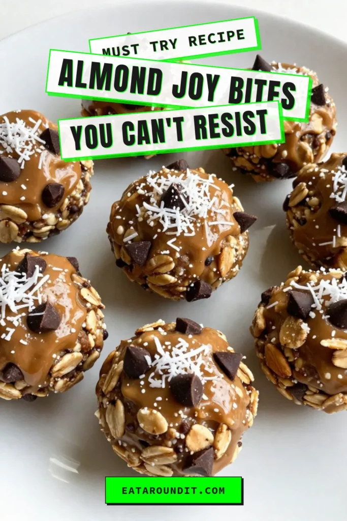 Looking for a delicious energy snack? Try these Almond Joy energy bites! This healthy energy snack recipe features creamy almond butter, rolled oats, vegan chocolate, and coconut, all in no-bake almond bites that are perfect for busy lifestyles. Easy to make, these vegan chocolate coconut bites are the ultimate easy energy balls recipe for a quick pick-me-up. Save this recipe for your next snack time! #EnergyBites #HealthySnacks #VeganRecipes #NoBakeTreats
