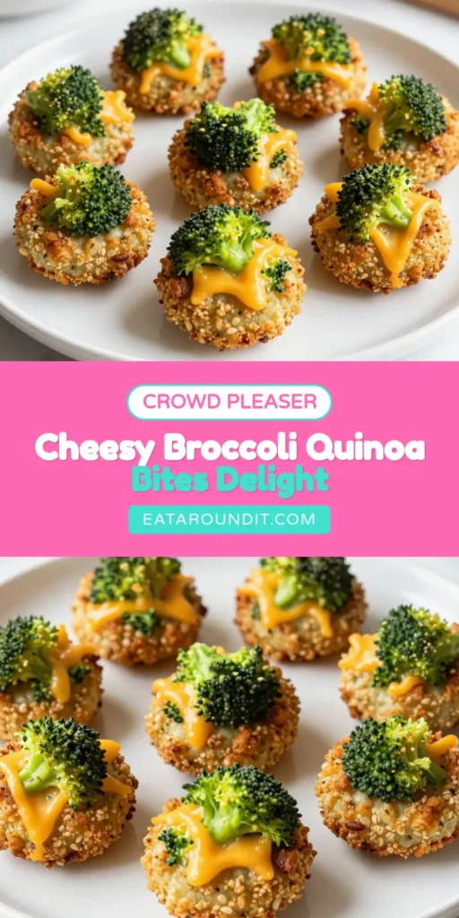 Try these Broccoli Cheddar Quinoa Bites for a delicious and healthy snack! Packed with protein and fiber, these vegetarian snack ideas are perfect for any occasion. Enjoy baked quinoa patties loaded with cheesy goodness and nutritious broccoli. They're also great as quinoa and broccoli appetizers at your next gathering. Make them today and savor the flavor! Save this recipe for your healthy quinoa recipes collection. #QuinoaBites #VegetarianSnacks #HealthyEating #QuinoaRecipes