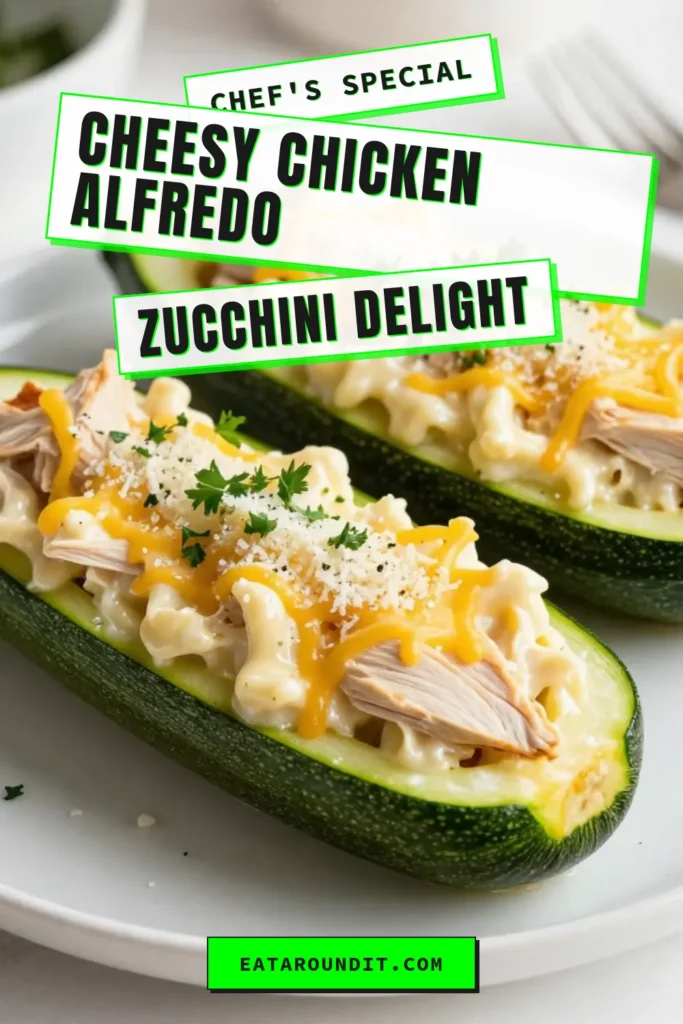 Indulge in the deliciousness of Chicken Alfredo Zucchini Boats! This stuffed zucchini recipe combines tender zucchini with creamy Alfredo sauce and shredded chicken for a healthy chicken dinner that’s as satisfying as it is easy to make. These cheesy zucchini boats are perfect for meal prep or a quick weeknight dinner. Try this easy zucchini recipe and enjoy a guilt-free treat! Save for later! #ChickenAlfredoZucchiniBoats #StuffedZucchiniRecipe #HealthyDinner #CheesyZucchiniBoats