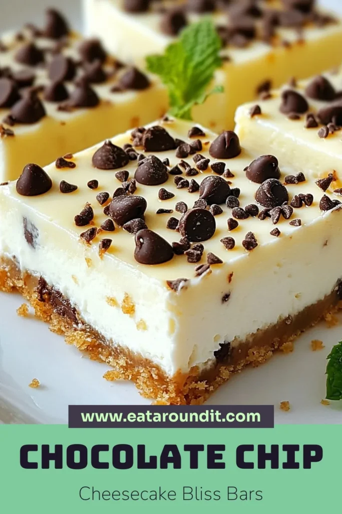 Indulge in these chocolate chip cheesecake bars, a decadent cheesecake recipe that combines the rich flavors of cream cheese and semi-sweet chocolate. Perfect for any occasion, these easy cheesecake bars feature a buttery graham cracker crust and are a delightful homemade dessert bars option. Try this simple recipe for a treat everyone will love! Save it now and enjoy a slice of heaven! #ChocolateChipCheesecakeBars #DessertRecipes #HomemadeDessert #Cheesecake
