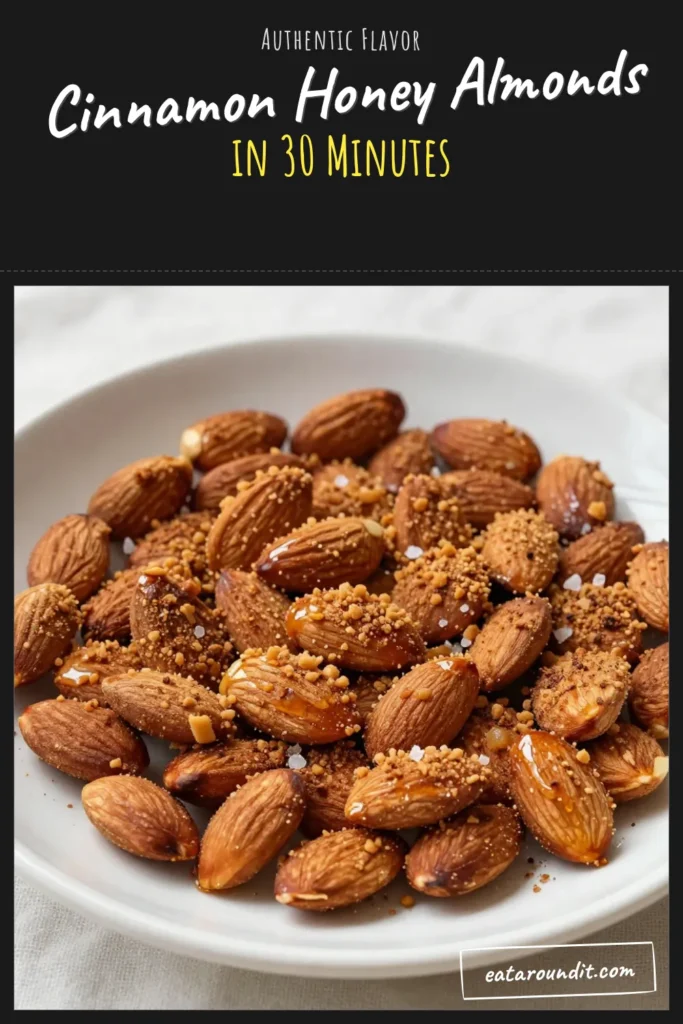 Indulge in the sweet and spicy goodness of Cinnamon Honey Roasted Almonds! This easy roasted almonds recipe combines raw almonds, honey, and cinnamon to create a healthy almond snack that's perfect for any occasion. Enjoy these cinnamon flavored snacks as a delightful treat or a crunchy topping for salads. Get the full recipe to make your own batch at home. Save this for later and share the joy! #HealthySnacks #Almonds #Cinnamon #SnackIdeas