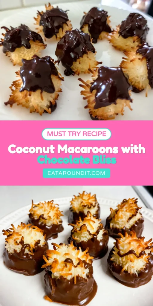 Indulge in these Choco-Coconut Macaroons with this easy coconut macaroon recipe! Perfectly sweet and chewy, these chocolate dipped macaroons are a delightful gluten-free treat. With just a few simple ingredients, you can create this heavenly coconut dessert recipe that will impress your friends and family. Don’t miss out on this delicious dessert—save and try this recipe today! #ChocoCoconutMacaroons #CoconutDessertRecipes #ChocolateDippedMacaroons #GlutenFreeMacaroons