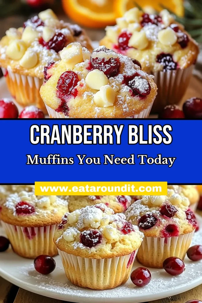 Indulge in the festive flavors of these delicious Cranberry Bliss Muffins! This easy White Chocolate Muffins recipe combines tart cranberries with creamy white chocolate for a perfect treat. Ideal for your holiday gatherings, these Buttermilk Muffins with Cranberries are a must-try! Impress your guests with this delightful addition to your Holiday Muffin Recipes collection. Save this recipe now and enjoy these Easy Cranberry Muffins today! #CranberryBlissMuffins #HolidayMuffins #WhiteChocolateTreats #CranberryRecipes