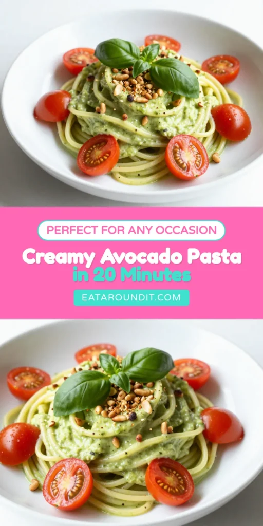 Discover the deliciousness of creamy avocado pasta! This simple avocado pasta recipe blends ripe avocados, fresh basil, and garlic for a flavorful vegan dish that's perfect for any meal. In just 20 minutes, you can whip up this healthy avocado recipe that everyone will love. Enjoy easy pasta recipes that are both nutritious and satisfying. Save this creamy avocado pasta for your next meal! #AvocadoPasta #VeganPasta #EasyRecipes #HealthyEats
