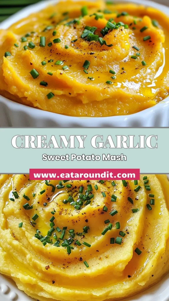 Indulge in this savory sweet potato mash featuring a delicious roasted garlic recipe. This creamy sweet potato mash is the perfect vegan side dish, elevating any meal. With just a few simple ingredients, you can create a delightful garlic mashed potatoes experience that everyone will love. Try it today and impress your guests with this easy and flavorful dish. Don't forget to save this recipe! #SweetPotatoMash #VeganRecipes #GarlicMashedPotatoes #HealthyEats