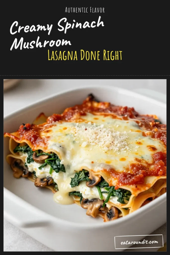 Indulge in this delicious Creamy Spinach Mushroom Lasagna, a perfect vegetarian lasagna recipe that brings together ricotta, fresh spinach, and savory mushrooms. This easy lasagna with ricotta is layered with homemade marinara and a rich cream sauce, making it an irresistible dish for any occasion. Elevate your dinner with this comforting recipe! Save this Creamy Spinach Mushroom Lasagna for your next meal. #VegetarianLasagna #EasyLasagna #CreamSauce #HomemadeLasagna