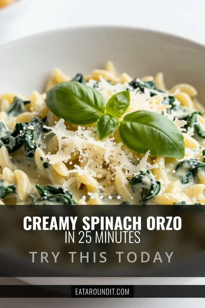 Discover the ultimate creamy spinach orzo recipe that elevates dinner with rich flavors. This vegetarian orzo dish combines tender orzo pasta with spinach and decadent Parmesan cheese for a quick, easy creamy pasta recipe perfect for busy nights. Ready in just 25 minutes, it's a comforting meal everyone will love. Save this creamy spinach Parmesan orzo for your next dinner! #CreamySpinachOrzo #ParmesanOrzo #EasyPastaRecipe #VegetarianRecipes