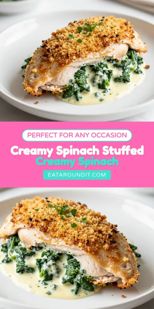 Discover the deliciousness of creamy spinach stuffed chicken! This easy stuffed chicken recipe features succulent chicken breasts filled with a creamy spinach and cheese mixture. Perfect for your next chicken breast dinner, this baked chicken with spinach filling offers a delightful twist. Follow our spinach stuffed chicken breast recipe for a flavorful and satisfying meal that everyone will love. Save this recipe for your next dinner! #CreamySpinachStuffedChicken #EasyStuffedChickenRecipes #ChickenBreastDinnerRecipes #BakedChickenWithSpinachFilling
