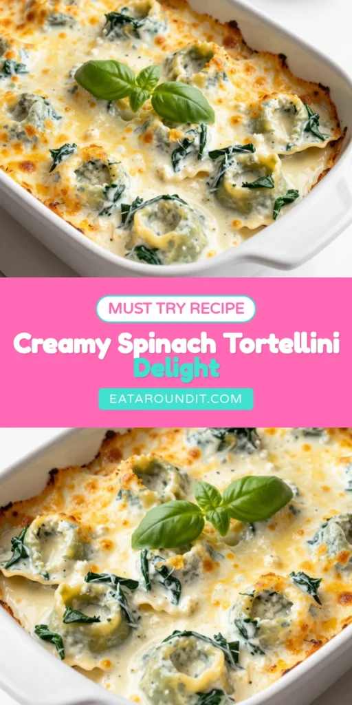 Savor the deliciousness of our Creamy Spinach Tortellini Bake, an easy tortellini bake that combines rich flavors and creamy textures! This Spinach Tortellini Recipe features ricotta cheese tortellini baked to perfection with fresh spinach and a cheesy crust. Perfect for weeknight dinners or gatherings, it’s a must-try baked pasta with spinach! Save this recipe for a cozy dinner night! #CreamySpinachTortelliniBake #TortelliniRecipe #BakedPasta #EasyDinners