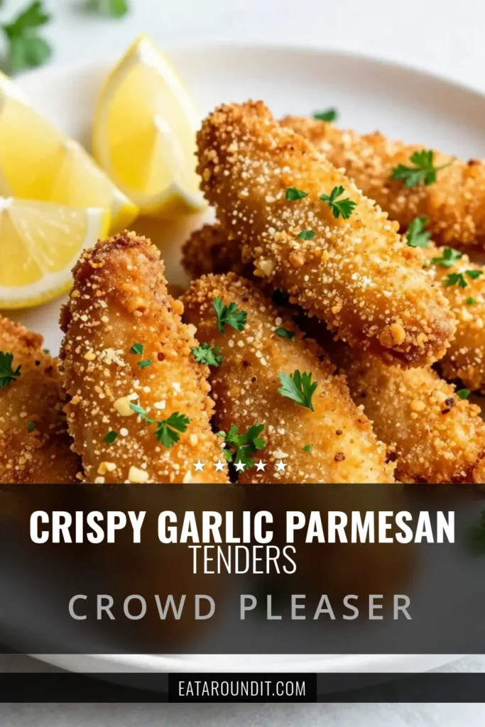 Savor the deliciousness of Garlic Parmesan Chicken Tenders! This crispy chicken tender recipe is perfect for a quick weeknight dinner. With Italian-seasoned chicken tenders coated in a golden breadcrumb and Parmesan crust, you'll keep coming back for more. These easy chicken tenders are ideal for dipping and serve beautifully with lemon wedges. Try this fried chicken tenders recipe tonight! Save this easy dish for later! #GarlicParmesanChickenTenders #CrispyChickenTenders #EasyChickenTenders #FriedChickenTendersRecipe