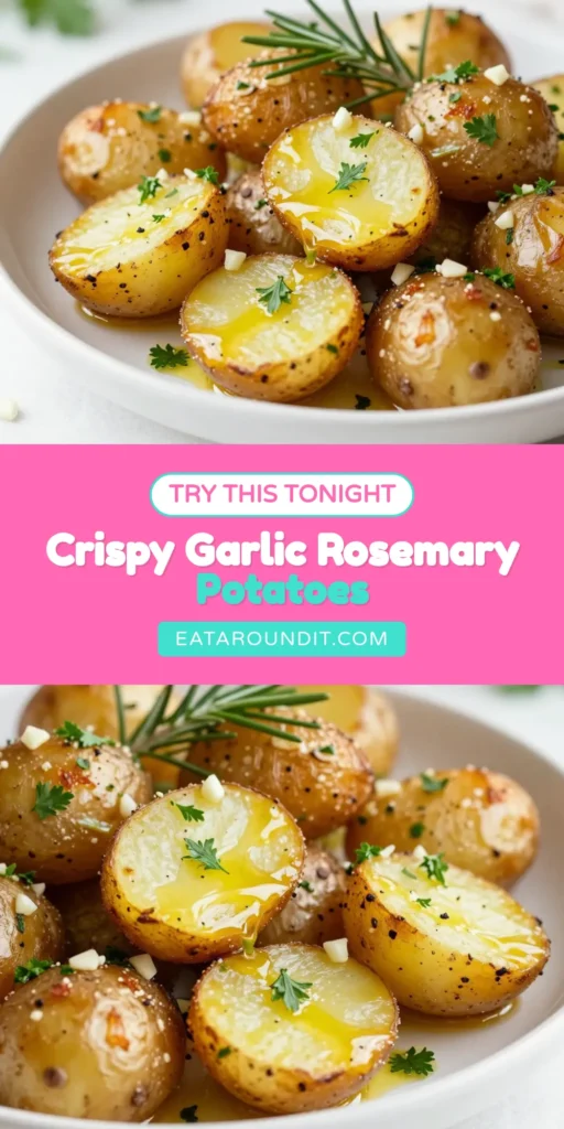 Discover the perfect savory side with these rosemary garlic roasted potatoes! This easy potato side dish features crispy baby potatoes roasted to golden perfection with mouth-watering garlic and fragrant rosemary. It’s a healthy roasted potatoes with garlic recipe that's sure to impress your family and friends. Perfect for any meal, save this delightful recipe now! #rosemarygarlicroastedpotatoes #savoryroastedpotatoes #crispybabypotatoes #easypotatosidedish