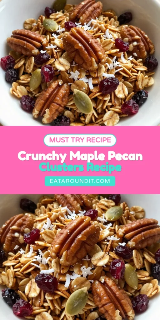 Discover a delicious and healthy granola recipe with these Maple Pecan Granola Clusters! Perfectly crunchy and sweetened with pure maple syrup, this homemade granola clusters recipe is gluten-free, packed with wholesome ingredients like oats, pecans, and pumpkin seeds. Enjoy it as a snack or topping for yogurt. Make your own today and taste the difference! Save for later! #MaplePecanGranola #HealthyGranolaRecipe #GlutenFreeGranola #GranolaWithMapleSyrup