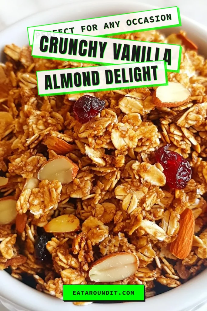 Looking for a delicious and healthy breakfast option? Try this easy Vanilla Almond Granola recipe that's perfect for your morning routine! Made with rolled oats, crunchy almonds, and coconut oil, this homemade granola with oats is not only vegan but also packed with flavor. Enjoy it as a snack or breakfast with yogurt! Save this easy granola recipe with nuts now and enjoy healthier mornings. #VanillaAlmondGranola #HealthyBreakfast #VeganGranola #GranolaRecipe