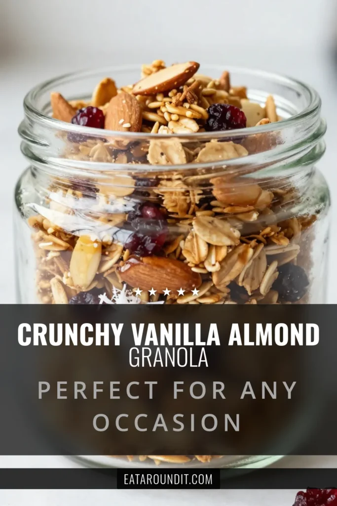 Start your day right with this irresistible vanilla almond granola recipe! Perfect for an easy and healthy breakfast, this homemade granola with almonds and coconut oil brings delightful crunch and flavor. Packed with rolled oats, sliced almonds, and a hint of vanilla, it’s a great addition to yogurt or on its own. Try this easy granola recipe today! Save for later and share the love! #HealthyBreakfast #GranolaRecipe #HomemadeGranola #BreakfastIdeas