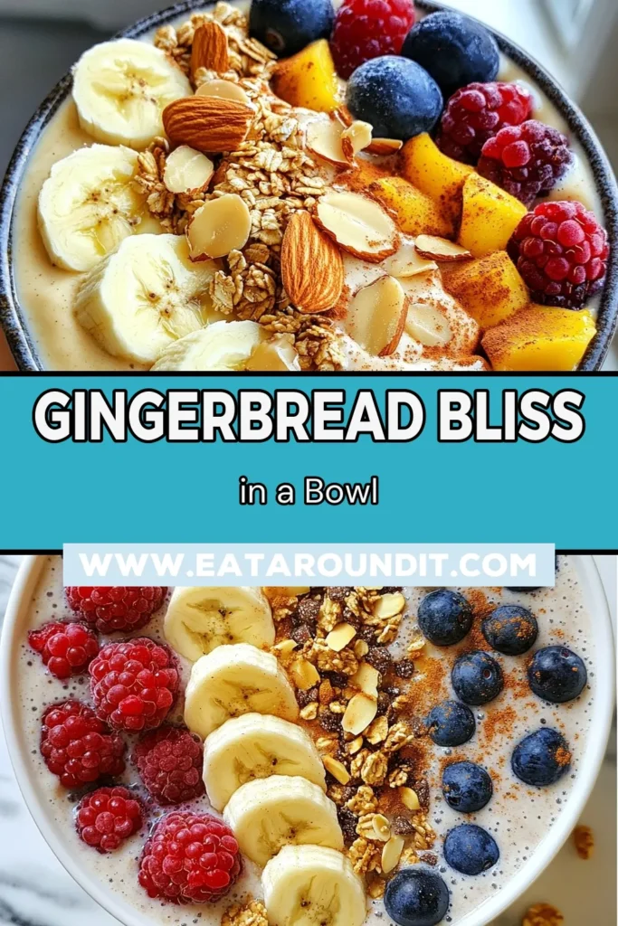 Indulge in the festive flavors of this Gingerbread Smoothie Bowl, perfect for healthy holiday recipes! This plant-based smoothie recipe combines almond milk, banana, and warm spices for a nutritious and delicious festive breakfast idea. Top it with sliced almonds and berries for added crunch and color. Easy to make in just 10 minutes, it’s a treat you can savor all season long. Pin this recipe and get your holiday spirit flowing! #GingerbreadSmoothieBowl #HealthyHolidayRecipes #FestiveBreakfastIdeas #PlantBasedSmoothieRecipes