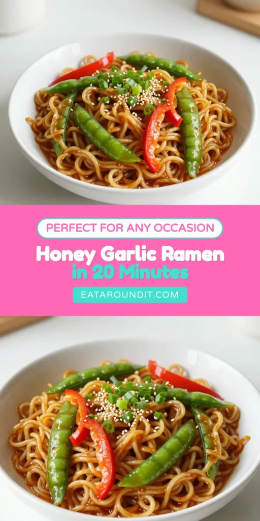 Discover the delicious world of honey garlic ramen with this easy ramen noodle recipe! These savory ramen noodles combine sweet honey, garlic, and vibrant vegetable ramen noodles for a quick dinner recipe ready in just 20 minutes. Perfect for busy weekdays, this dish is not only flavorful but also a feast for the eyes. Try it tonight and enjoy a delightful meal! Save this recipe for later! #HoneyGarlicRamen #EasyRamenNoodleRecipe #SavoryRamenNoodles #QuickDinnerRecipes