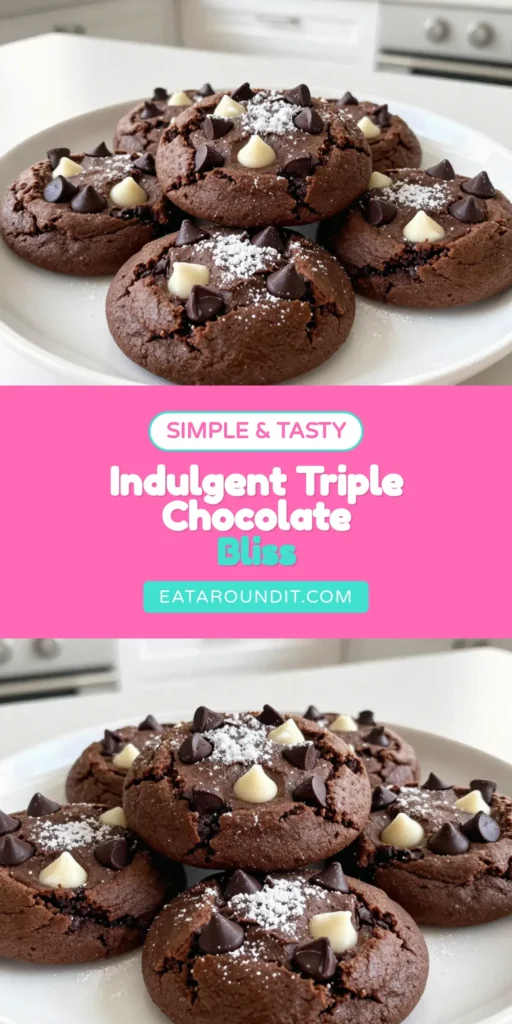 Indulge in the ultimate chewy chocolate cookies with this easy triple chocolate cookie recipe! These homemade chocolate cookies blend dark, semi-sweet, and white chocolate chips for an irresistible treat. Perfect for any occasion, enjoy soft chewy cookies that are quick to whip up in just 30 minutes. Click to discover the recipe and start baking today! #ChewyChocolateCookies #TripleChocolate #EasyCookieRecipe #HomemadeCookies